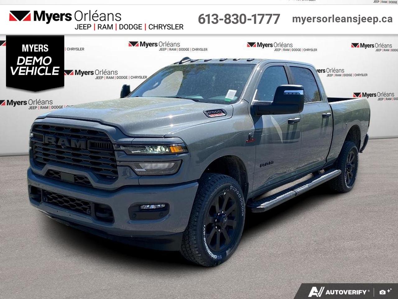 <b>Diesel Engine, Night Edition, Heated Seats,  Heated Steering Wheel, Clearance Lamps!</b><br> <br> Get the job done in comfort and style in this extremely capable Ram 2500 .<br> <br>Endlessly capable, this 2026 Ram 2500 pulls out all the stops, and has the towing capacity that sets it apart from the competition. On top of its proven Ram toughness, this Ram 2500 has an ultra-quiet cabin full of amazing tech features that help make your workday more enjoyable. Whether youre in the commercial sector or looking for serious recreational towing rig, this impressive 2500 is ready for anything that you are.<br> <br>This Ceramic Grey sought after diesel Crew Cab 4X4 pickup has an Automatic transmission and is powered by a Cummins 430HP 6.7L Straight 6 Cylinder Engine. <br> <br> Our 2500s trim level is Big Horn. Standard features include class V tow equipment with a hitch, brake controller and trailer sway control, heated power-adjustable mirrors, heavy duty suspension, mobile hotspot internet access, adaptive cruise control, and an 8.4-inch infotainment screen powered by Uconnect 5, with Apple CarPlay and Android Auto. Safety features also include ParkSense front and rear parking sensors, forward collision warning and front collision mitigation. This vehicle has been upgraded with the following features: Diesel Engine, Night Edition, Heated Seats, Heated Steering Wheel, Clearance Lamps. This is a demonstrator vehicle driven by a member of our staff, so we can offer a great deal on it.<br><br> View the original window sticker for this vehicle with this url <b><a href=http://www.chrysler.com/hostd/windowsticker/getWindowStickerPdf.do?vin=3C6UR5DL2TG283212 target=_blank>http://www.chrysler.com/hostd/windowsticker/getWindowStickerPdf.do?vin=3C6UR5DL2TG283212</a></b>.<br> <br>To apply right now for financing use this link: <a href=https://www.myersorleansjeep.ca/apply-for-financing/ target=_blank>https://www.myersorleansjeep.ca/apply-for-financing/</a><br> <br/>Weve discounted this vehicle $3765. Total rebate of $11000 is reflected in the price. 5.29% financing for 96 months. <br> Buy this vehicle now for the lowest weekly payment of <b>$265.44</b> with $0 down for 96 months @ 5.29% APR O.A.C. ( Plus applicable taxes - **Rebates may not be applicable on all purchase types [cash, lease, or finance]. Eligibility and conditions may vary. Please see dealer for full details and confirmation of eligibility. / Total Obligation of $110422 ). Incentives expire 2026-08-31. See dealer for details. <br><br>The road to new driving experiences begins in our inventory, where youll find an incredible array of brand-new cars, trucks, minivans, and SUVs, including two of our bestselling models, the Dodge Ram 1500 and the Dodge Grand Caravan. If you want to know what the cutting edge of automotive technology looks like, all you have to do is visit Myers Orleans Jeep! Each model comes loaded with the convenient features and cool technology that help make every trip memorable. Looking for additional everyday luxury at a price thats incredibly wallet-friendly? Choose from our selection of quality pre-owned models! If you can think of a road, our friendly and knowledgeable sales team will help you find the perfect vehicle to drive it.<br><br>We may be a well-established dealership thats been part of the community for many years, but that doesnt mean were stuck in the past! At Myers Orleans Jeep, were proud to provide a fresh, modern approach to car buying. Using our array of online tools, you can browse our extensive inventory, schedule a service appointment, order parts, and even apply for credit from wherever youve got a connection. Our goal is to create relationships that will last, and we know that the best way to do this is by providing a dealership experience thats based on honesty, transparency, trust, and a commitment to customers. Stop by today and discover all the ways we go above and beyond for you.<br><br> Come by and check out our fleet of 40+ used cars and trucks and 70+ new cars and trucks for sale in Orleans.  o~o