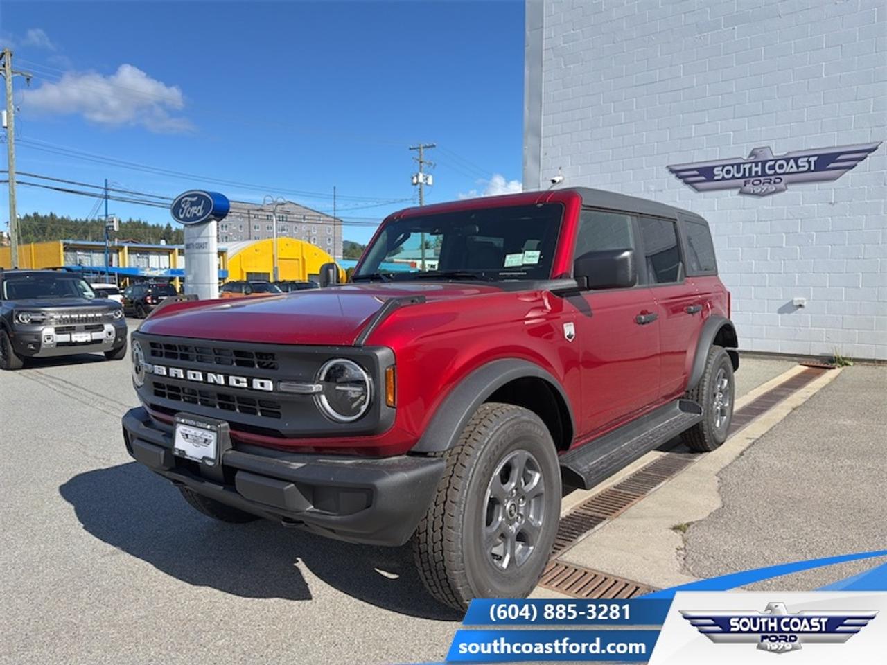 <b>Remote Engine Start, 17 Aluminum Wheels, Dual-Zone Electronic Climate Control, Carpeted Flooring!</b><br> <br> The 2026 Ford Bronco combines iconic heritage, rough-terrain readiness and modern flexibility into one compelling package.<br> <br>The 2026 Ford Bronco brings adventure to life with its rugged design, intelligent features, and customizable configuration that adapts to off-road landscapes or city escapes. Inside, the cabin features durable materials, intuitive tech and seating tailored for both driver and passengers in every journey. With its strong presence, forward-thinking enhancements and Fords commitment to performance, the Bronco offers a driving experience that thrives in every terrain.<br> <br>This Red Ruby Metallic Tintcoat SUV has a 10 Speed Automatic transmission and is powered by a 275HP 2.3L 4 Cylinder Engine. <br> <br> Our Broncos trim level is Big Bend. The interior features heated cloth bucket seats, a leather-wrapped steering wheel, dual-zone automatic climate control, and smart storage throughout, making it as comfortable as it is capable. The SYNC 4 system with a 12-inch touchscreen, wireless Apple CarPlay, Android Auto, and connected navigation keeps you informed and in control on every adventure. With rugged essentials like full-time 4x4 capability, Bilstein off-road suspension, and multiple skid plates, its engineered to conquer trails and highways alike. Safety comes standard with Ford Co-Pilot360 technologies including BLIS with Cross-Traffic Alert, Lane-Keeping Assist, Automatic Emergency Braking, and a Reverse Sensing System. With removable roof panels, a swing-out rear door, and bold off-road styling, this SUV delivers the perfect balance of durability, modern comfort, and pure adventure spirit. This vehicle has been upgraded with the following features: Remote Engine Start, 17 Aluminum Wheels, Dual-Zone Electronic Climate Control, Carpeted Flooring.<br><br> View the original window sticker for this vehicle with this url <b><a href=http://www.windowsticker.forddirect.com/windowsticker.pdf?vin=1FMDE7BH7TLA59205 target=_blank>http://www.windowsticker.forddirect.com/windowsticker.pdf?vin=1FMDE7BH7TLA59205</a></b>.<br> <br>To apply right now for financing use this link: <a href=https://www.southcoastford.com/financing/ target=_blank>https://www.southcoastford.com/financing/</a><br> <br/>Total rebate of $3000 is reflected in the price. 5.99% financing for 84 months. <br> Buy this vehicle now for the lowest bi-weekly payment of <b>$479.98</b> with $0 down for 84 months @ 5.99% APR O.A.C. ( taxes included, $695 Administration Fee included / Total Obligation of $78058 ). Incentives expire 2026-08-31. See dealer for details. <br><br>Call South Coast Ford Sales or come visit us in person. Were convenient to Sechelt, BC and located at 5606 Wharf Avenue. and look forward to helping you with your automotive needs. <br><br> Come by and check out our fleet of 20+ used cars and trucks and 90+ new cars and trucks for sale in Sechelt.  o~o