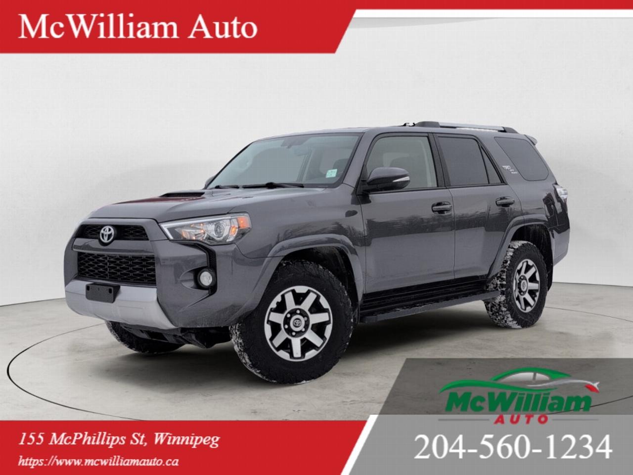 <br>2017 TOYOTA 4RUNNER TRD OFF ROAD <br><br> Legendary Toyota 4.0L V6, 4X4 with TRD Off-Road Package, TRD-Stitched Leather Interior, Heated Front Seats, Back-Up Camera, Crawl Control + Multi-Terrain Select, Locking Rear Differential, Skid Plates for off-road protection, Premium Off-Road Suspension, Hill Start Assist + Downhill Assist Control, Smart Key with Push Button Start, Power Rear Window (exclusive 4Runner feature!), Touchscreen Display with Bluetooth Audio, Navigation-Ready Head Unit, AM/FM/USB/AUX Audio, Fog Lights, Roof Rails, Tow Hitch Receiver, Rear Privacy Glass, Spacious 5-Passenger Cabin, Folding Rear Seats with Huge Cargo Space, TRD Off Road Wheels + All-Terrain Tires<br><br> <br><br>DEALER PERMIT #4611<br><br>Call today: 204-560-1234<br><br>Visit us TODAY at 155 McPhillips St, Winnipeg, MB <br><br>Website: www.mcwiliamauto.ca<br><br>Email: winnipegcar@gmail.com<br><br>Click here to get pre approved:<br><br>https://www.mcwilliamauto.ca/car-loan-application/actual vehicle for the actual information. <br><br> <br><br> IMPORTANT DISCLAIMER : This vehicle is a used vehicle, all the features and information may not be accurate from the descriptions above, please check the