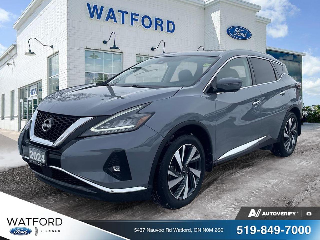 Previous Rental

**2024 Nissan Murano SL AWD   Panoramic Roof | Leather | 72,787 KMs**

This **2024 Nissan Murano SL AWD** delivers a perfect blend of comfort, style, and confident all-wheel-drive performance. With **72,787 kilometers**, this well-maintained midsize SUV is ideal for daily commuting, family use, and long highway drives.

The **SL trim** offers premium features including a **panoramic sunroof**, **leather-appointed seating**, and advanced driver-assist technology. Nissans intelligent **All-Wheel Drive** system provides added traction and stability in all road and weather conditions, while the smooth, quiet ride makes every trip enjoyable.

**Key Features & Search Keywords:**

* 2024 Nissan Murano SL AWD
* Nissan Murano All-Wheel Drive
* Panoramic Sunroof
* Leather Interior
* Midsize SUV
* Family SUV
* Comfortable Highway Cruiser
* Advanced Safety Features
* Fuel Efficient AWD SUV
* 72,787 KM

Stylish, spacious, and well equipped, the **Nissan Murano SL AWD** is an excellent choice for drivers seeking a premium midsize SUV with comfort and confidence.


REASONS TO BUY FROM WATFORD FORD
* Brake pads for life.
Receive free brake pads for life of your vehicle when you do all your regular service at 
Watford Ford.

 First oil change covered.
Return to Watford Ford for your complimentary first oil change with your New or Used 
vehicle.
* 1 year road hazard tire protection.
Nails, screws, glass, potholes&no worries. $250 coverage per tire for any road hazards.
* Secure-gard theft protection.
Four thousand dollars ($4,000) or fifty percent (50%) of Actual Cash Value of the Vehicle on the 
Date of Loss, whichever is less, in the event that your Vehicle is stolen and not recovered and 
deemed to be a total loss