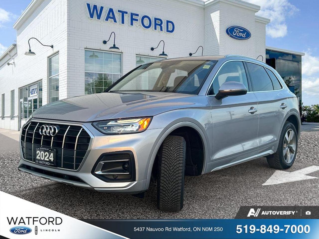 Previous Rental

**2024 Audi Q5 Komfort 45 TFSI quattro   1 Owner | Silver | Black Leather | New Tires | 78,903 KMs**

This **2024 Audi Q5 Komfort 45 TFSI quattro** is a **one-owner** luxury SUV that delivers refined performance, advanced technology, and legendary Audi **quattro all-wheel drive**. Finished in **silver** with a **black leather interior**, this Q5 has **78,903 kilometers** and comes equipped with **brand-new tires**, offering exceptional value and peace of mind.

Powered by Audis responsive **45 TFSI engine**, the Q5 provides smooth acceleration, excellent fuel efficiency, and confident handling in all driving conditions. The Komfort trim offers premium comfort, modern infotainment, and advanced safety features, making it ideal for both daily commuting and long-distance travel.

**Key Features & Search Keywords:**

* 2024 Audi Q5 Komfort
* 45 TFSI quattro AWD
* One Owner Audi
* Silver Audi Q5
* Black Leather Interior
* New Tires
* Luxury Compact SUV
* Premium AWD SUV
* Audi Safety & Technology
* 78,903 KM

Elegant, sporty, and well maintained, this **Audi Q5 quattro** is a standout choice for drivers seeking luxury, performance, and year-round capability.

REASONS TO BUY FROM WATFORD FORD
* Brake pads for life.
Receive free brake pads for life of your vehicle when you do all your regular service at 
Watford Ford.

 First oil change covered.
Return to Watford Ford for your complimentary first oil change with your New or Used 
vehicle.
* 1 year road hazard tire protection.
Nails, screws, glass, potholes&no worries. $250 coverage per tire for any road hazards.
* Secure-gard theft protection.
Four thousand dollars ($4,000) or fifty percent (50%) of Actual Cash Value of the Vehicle on the 
Date of Loss, whichever is less, in the event that your Vehicle is stolen and not recovered and 
deemed to be a total loss.