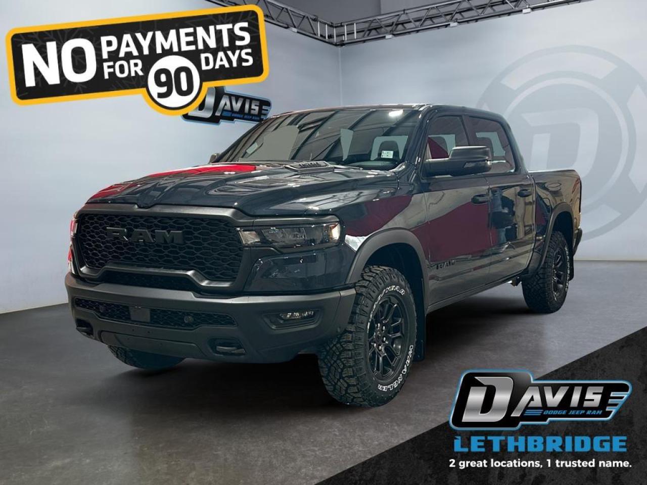 <b>Off-Road Suspension, Navigation, Apple CarPlay, Android Auto, 360 Camera!<br /> <br /></b><br /> <br /> <br />The 2026 Ram 1500 Rebel Crew Cab 4x4 combines rugged off-road capability with bold style in Forged Blue Metallic. Powered by a 3.0L Hurricane twin-turbo I6 with an 8-speed automatic, electronic locker, performance-tuned shocks, and all-terrain tires, its ready for any terrain.<br /><br />Inside, enjoy heated cloth/vinyl bucket seats, 8-way power driver seat, heated steering wheel, dual-zone climate control, full-length console, rear power sliding window, and a 12-inch Uconnect NAV touchscreen with Apple CarPlay, Android Auto, and premium audio.<br /><br />Safety features include Adaptive Cruise with Stop & Go, Forward Collision Warning, Pedestrian Emergency Braking, Blind-Spot Monitoring, Lane Assist, and ParkSense Front/Rear Park Assist. The 1500 Rebel delivers off-road toughness, modern tech, and confident style.<br /> <br />To apply right now for financing use this link: <a href=https://www.bridgecitychrysler.com/pre-approval/ target=_blank rel=nofollow noopener noreferrer>https://www.bridgecitychrysler.com/pre-approval/</a><br /><br /> <br /><br />As a premier Chrysler, Dodge, Jeep and RAM dealership, Bridge City Chrysler proudly offers an extensive selection of new and used vehicles to meet every drivers needs. Customers across Lethbridge, Fort Macleod, Taber, Claresholm, Coaldale, and beyond trust us for daily vehicle specials, certified service and parts, and a seamless online inventory experience. <br /><br /> With competitive financing options and expert support, we make car buying easy and enjoyable. <br /><br /> Ready to hit the road? Schedule your test drive today at Bridge City Chrysler, your trusted Chrysler, Dodge, Jeep and RAM dealer in Lethbridge, Alberta.<br /><br /> Vehicle pricing offer shown expires 2026-01-31. <br /> Come by and check out our fleet of 80+ used cars and trucks and 120+ new cars and trucks for sale in Lethbridge. o~o