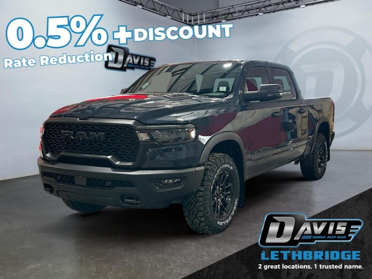 <b>Off-Road Suspension, Navigation, Apple CarPlay, Android Auto, 360 Camera!<br /> <br /></b><br /> <br /> <br />The 2026 Ram 1500 Rebel Crew Cab 4x4 combines rugged off-road capability with bold style in Forged Blue Metallic. Powered by a 3.0L Hurricane twin-turbo I6 with an 8-speed automatic, electronic locker, performance-tuned shocks, and all-terrain tires, its ready for any terrain.<br /><br />Inside, enjoy heated cloth/vinyl bucket seats, 8-way power driver seat, heated steering wheel, dual-zone climate control, full-length console, rear power sliding window, and a 12-inch Uconnect NAV touchscreen with Apple CarPlay, Android Auto, and premium audio.<br /><br />Safety features include Adaptive Cruise with Stop & Go, Forward Collision Warning, Pedestrian Emergency Braking, Blind-Spot Monitoring, Lane Assist, and ParkSense Front/Rear Park Assist. The 1500 Rebel delivers off-road toughness, modern tech, and confident style.<br /> <br />To apply right now for financing use this link: <a href=https://lethbridge.davisdodge.ca/free-credit-check/ target=_blank rel=nofollow noopener noreferrer>https://lethbridge.davisdodge.ca/free-credit-check/</a><br /><br /> <br /><br />As a premier Chrysler, Dodge, Jeep and RAM dealership, Davis Dodge proudly offers an extensive selection of new and used vehicles to meet every drivers needs. Customers across Lethbridge, Fort Macleod, Taber, Claresholm, Coaldale, and beyond trust us for daily vehicle specials, certified service and parts, and a seamless online inventory experience. <br /><br /> With competitive financing options and expert support, we make car buying easy and enjoyable. <br /><br /> Ready to hit the road? Schedule your test drive today at Davis Dodge, your trusted Chrysler, Dodge, Jeep and RAM dealer in Lethbridge, Alberta.<br /><br /> Vehicle pricing offer shown expires 2026-03-31. <br /> Come by and check out our fleet of 60+ used cars and trucks and 120+ new cars and trucks for sale in Lethbridge. o~o