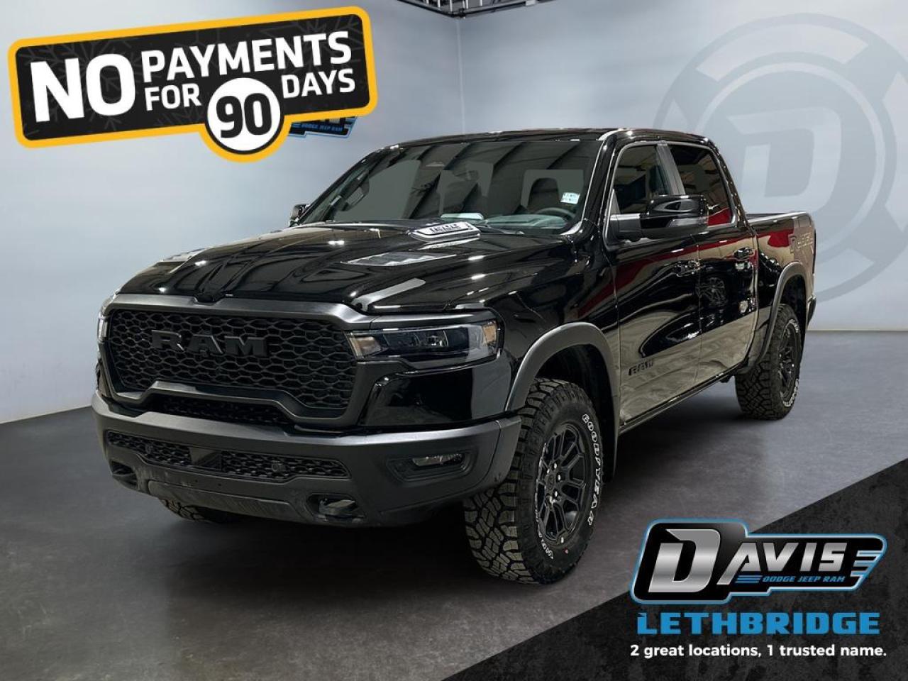 <b>Off-Road Suspension, Navigation, Apple CarPlay, Android Auto, Adaptive Cruise!<br /> <br /></b><br /> <br /> <br />The 2026 Ram 1500 Rebel Crew Cab 4x4 in Diamond Black Crystal combines aggressive style with advanced off-road capability. Powered by a 3.0L Hurricane twin-turbo I6 and 8-speed automatic transmission, it features electronic locking rear axle, performance-tuned shocks, all-terrain tires, and raised ride height for unmatched off-road performance.<br /><br />Inside, enjoy luxury leather-trimmed bucket seats with ventilation and heating, dual-zone climate control, full-length upgraded floor console, heated steering wheel, 14.4-inch Uconnect touchscreen with navigation, Apple CarPlay, Android Auto, wireless charging, and Harman Kardon premium audio.<br /><br />Safety tech includes Adaptive Cruise with Stop & Go, Forward Collision Warning, Pedestrian Emergency Braking, Blind-Spot Monitoring, Lane Assist, ParkSense Front/Rear Assist, and a 360° digital rearview camera. Rugged, tech-packed, and ready for any adventure.<br /> <br />To apply right now for financing use this link: <a href=https://www.bridgecitychrysler.com/pre-approval/ target=_blank rel=nofollow noopener noreferrer>https://www.bridgecitychrysler.com/pre-approval/</a><br /><br /> <br /><br />As a premier Chrysler, Dodge, Jeep and RAM dealership, Bridge City Chrysler proudly offers an extensive selection of new and used vehicles to meet every drivers needs. Customers across Lethbridge, Fort Macleod, Taber, Claresholm, Coaldale, and beyond trust us for daily vehicle specials, certified service and parts, and a seamless online inventory experience. <br /><br /> With competitive financing options and expert support, we make car buying easy and enjoyable. <br /><br /> Ready to hit the road? Schedule your test drive today at Bridge City Chrysler, your trusted Chrysler, Dodge, Jeep and RAM dealer in Lethbridge, Alberta.<br /><br /> Vehicle pricing offer shown expires 2026-01-31. <br /> Come by and check out our fleet of 80+ used cars and trucks and 120+ new cars and trucks for sale in Lethbridge. o~o