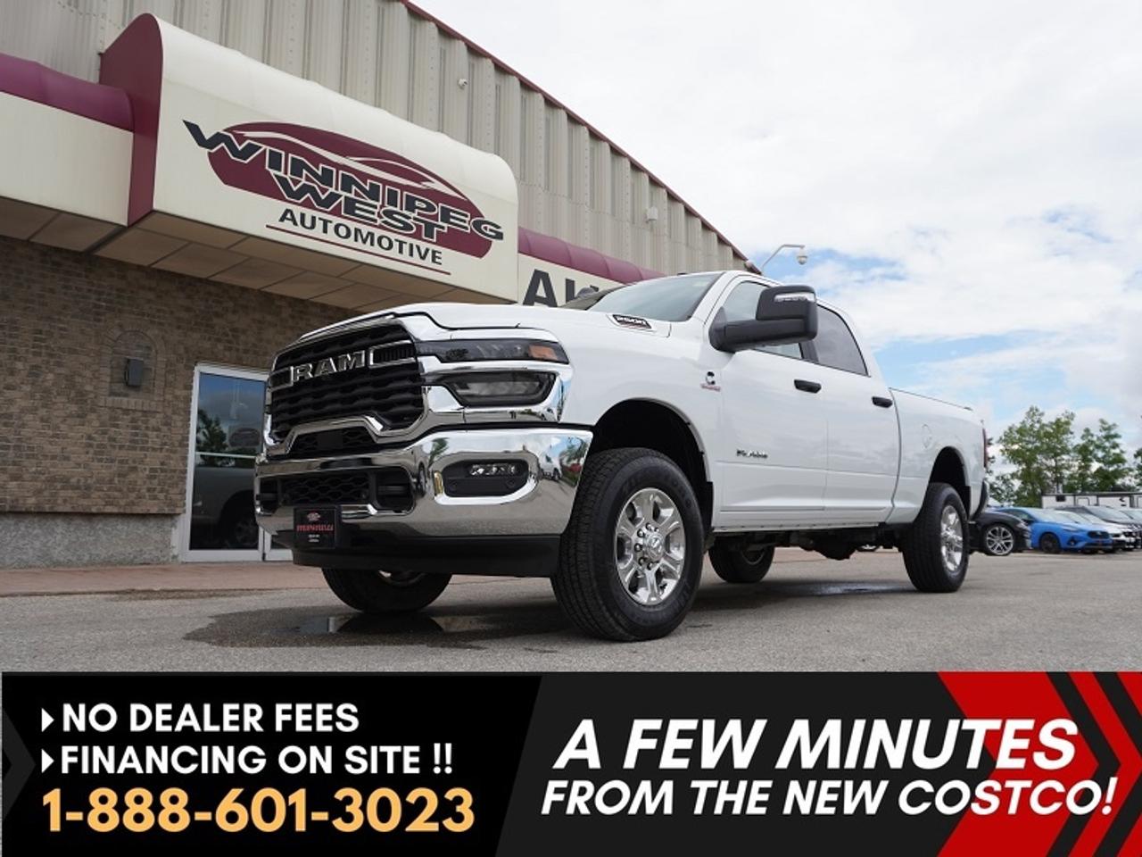 *** Dealer arranged financing on site! Quick, Simple,  no calls or waiting on bank appointments required!! Drive away today ***   NO ADMINISTRATION FEES!!

***BRAND NEW TRUCK ONLY 133 KMS**** NEW 2025 RAM 2500 BIG HORN CREW CAB 4X4 Unstoppable Power Meets Bold Style. Turn heads on the road and command any job site with this 2025 Ram 2500 Big Horn 4x4. Finished in Bright White with sleek chrome package, this truck combines pure muscle, refined comfort, and cutting-edge tech in one unstoppable package. 

PERFORMANCE THAT MEANS BUSINESS

- Legendary 6.7L Cummins&reg; I-6 High-Output Turbo Diesel Engine making incredible 430 horsepower and 1,075 lb-ft of torque
- ALL NEW 8-Speed TorqueFlite&reg; HD Automatic Transmission for smooth, heavy-duty performance
- 3.42 Axle Ratio for confident towing and hauling
- 5th Wheel & Gooseneck Towing Prep Group factory ready for your biggest jobs
- Class V Hitch Receiver, 4 & 7-Pin Wiring Harnesses, and Trailer Tow Pages
- Trailer Sway Control, Hill Start Assist, and Engine Block Heater for all-weather control
- Power Folding and Power Extendable Tow mirrors
- Aggressive 18-Inch Bright Polished Aluminum Wheels
- Chrome Badging, Grille, and Accents
- ALL NEW LED Headlamps & Fog Lamps for maximum visibility
- Locking Tailgate with dampening, durable, secure, and built to last
- Tough never looked this sharp.

TECH THAT KEEPS YOU CONNECTED

- Uconnect&reg; 5 NAV with 8.4-Inch Touchscreen Display
- Apple CarPlay&reg; and Android Auto integration
- Alexa Built-In, SiriusXM&reg; with 360L, and Connected Travel & Traffic Services
- 9-Speaker Alpine&reg; Premium Audio System with Subwoofer
- 4G LTE Wi-Fi Hotspot for work or play on the go
- Command the road and your digital world from the drivers seat.

COMFORT & CONVENIENCE FOR EVERY MILE

- Premium Black Cloth Bucket Seats
- Heated Front Seats and Heated Steering Wheel for all-season comfort
- Power 8-Way Adjustable Driver Seat
- Dual-Zone Automatic Temperature Control
- Power Folding and telescoping towing mirrors
- Fold-Flat Load Floor with Storage
- Luxury Steering Wheel and Remote Start System
- A truck that works as hard as you do  but never forgets comfort.

CONFIDENCE THROUGH TECHNOLOGY

- Full-Speed Forward Collision Warning Plus
- Pedestrian/Cyclist Emergency Braking
- Adaptive Cruise Control with Stop
- Park-Sense&reg; Front & Rear Park Assist System
- ParkView&reg; Rear Back-Up Camera
- Blind spot & Cross Path Detection
- Electronic Stability Control, Brake Assist, and Trailer Light Check
- Safety and control you can count on, no matter where the road leads.

THE COMPLETE PACKAGE

This 2025 Ram 2500 Big Horn Crew Cab 4x4 delivers everything from Cummins-powered strength to high-end luxury and the latest in connectivity and safety. Its more than just a truck  its a statement. Bold looks. Big power. Built Ram strong. 

Comes with a Manitoba Safety Certification, and we have many Extended Powertrain warranties available on your vehicle purchase up to 10-year coverage (on eligible vehicles see dealer for details). Financing on site with Zero down financing OAC. Trades accepted. View at Winnipeg West Automotive Group, 5195 Portage Ave. (only a couple of minutes past the new Costco) Dealer permit # 6007, Call now 1(888) 601-3023. This Car is located in Winnipeg Manitoba,  however we can have it shipped anywhere in North America relatively inexpensively.
