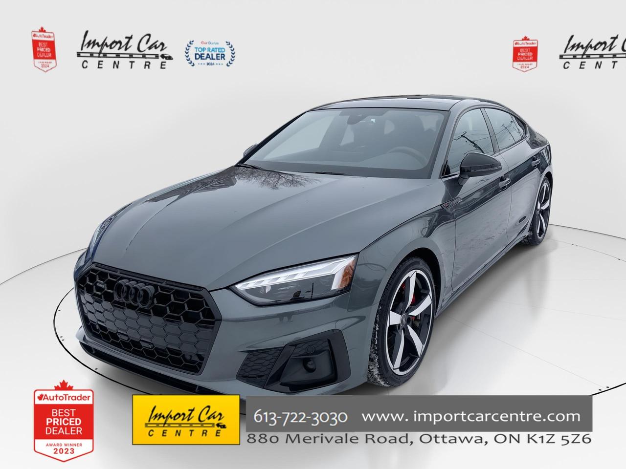 *** 2024 AUTOTRADER BEST PRICED DEALER AWARD 2024 * CARGURUS TOP RATED DEALER 2024 * NO ACCIDENTS * SMETANA APPROVED ***  Simply put, this 2025 Audi A5 Progressiv S-Line is like new and is truly a work of art!!  Finished in Chronos Grey Metallic with gorgeous black leather/Dinamica seating surfaces, 19 alloys, S-Line, paddle shifters, panoramic roof, red brake calipers, 2 stage drivers seat memory, red stitching, virtual cockpit, navigation, heated seats, heated leather wrapped steering wheel, thigh extensions, Qi wireless charging, kick access power hatch, rain sensors, rear cross traffic alert, park distance, Audi Pre-Sense, Audi Side Assist, Audi Active Lane Assist, driver alert warning, distraction warning, traffic jam assist, speed warning, Audi Adaptive Cruise control, Apple Car Play, Android Auto, only 10,000kms compliment this like new 2025 Audi A5 Sportback Progressiv.  Perfection and beyond!!  Home of the Platinum up to 240,000kms warranty and financing is always available O.A.C Import Car Centre, proudly serving the Ottawa and surrounding area for over 45 years. Come down and experience Import Car Centre for yourself and see just why our customers are so happy!  Advertised price includes $22 OMVIC fee and $40 Carproof.  Excludes taxes and licensing.<

 #importcarcentre #smetanaapproved #iccs