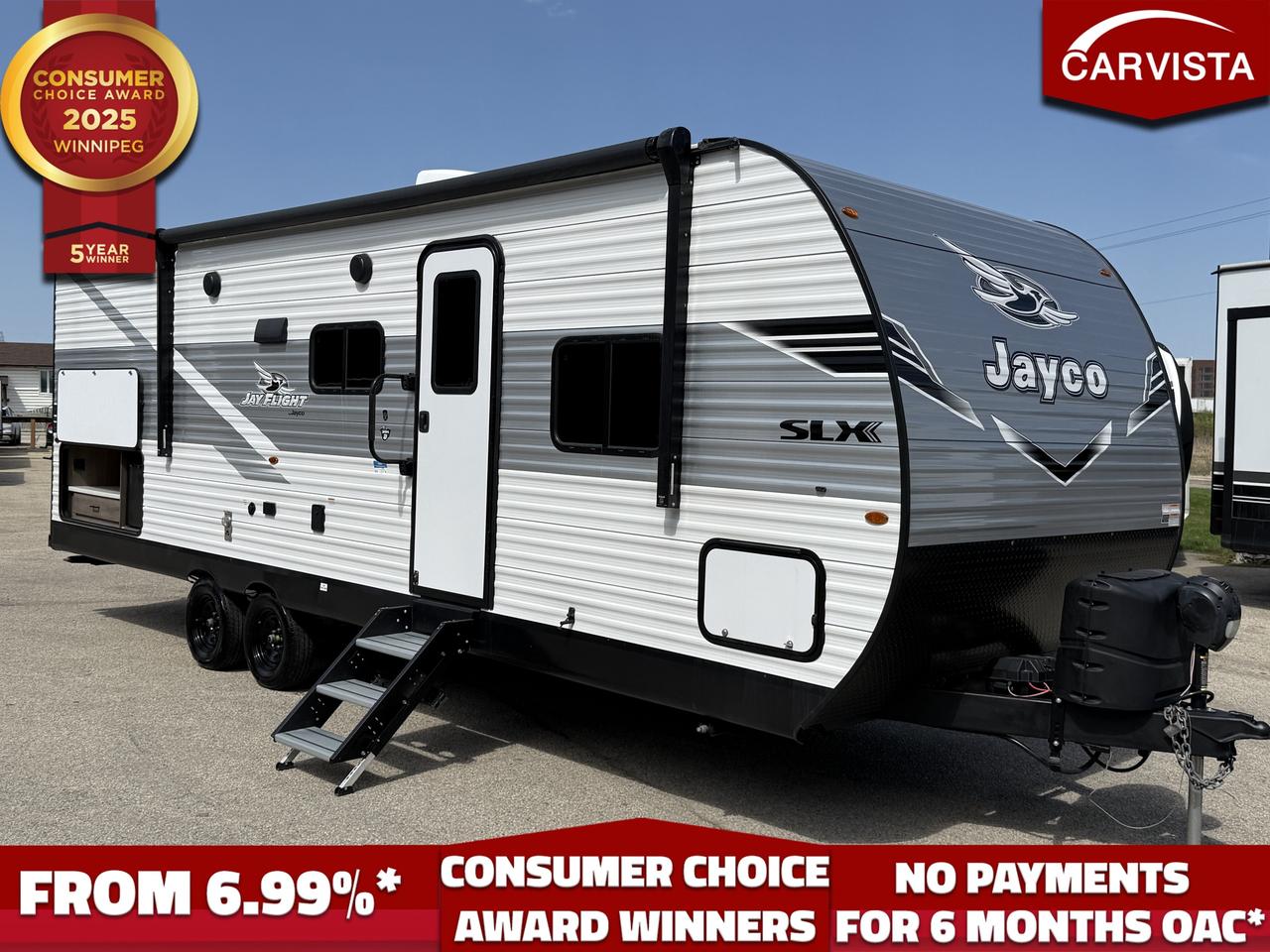 2025 JAYCO JAY FLIGHT SLX 261BHS - BUNK CAMPER
30 OVER ALL, 26 CABIN
ONLY 5750LB DRY
7500 LB GVWR
710 LB TONGUE WEIGHT
SLEEPS 9-10

OPTIONS INCLUDE:
Main area TV
Bedroom TV

EXTERIOR 
30-amp service 
Axles with electric, self-adjusting brakes and easy-lube hubs
Exterior cable TV hookup 
Fully-integrated A-frame Galvanized-steel, impact resistant wheel wells 
Large exterior downspouts 
*LP quick connect (outside grill prep) 
Magnum Truss&trade; Roof System 
PVC roofing membrane

INTERIOR 
300 lb. rated single bunk beds 
600 lb. rated double bunk beds 
Digital TV antenna 
Heavy-duty, 75 lb., full-extension, steel ball-bearing drawer guides
High rise kitchen faucet 
Marine-grade toilet with foot flush 
Plywood bed platforms 
Queen mattress 
Residential-style hidden cabinet door hinges
Residential-style kitchen countertops 
Solid hardwood cabinet doors with screwed stile construction and hidden hinges 
Vinyl flooring throughout 
*Wood-trimmed mirror in bathroom 

CUSTOMER VALUE PACKAGE 
8 cu. ft. 12V refrigerator 
AM/FM/Bluetooth&reg; stereo 
Backup camera prep 
Bathroom skylight 
Bathroom vent 
Detachable power cord 
Entry door with window and shade prep 
G20 dark tinted privacy windows 
Keyed-Alike&trade; entry and baggage doors 
Large folding entry door grab handle 
LED interior and exterior lights 
Marine grade exterior stereo speakers 
Microwave oven 
On-demand tankless water heater 
Power awning with LED lights 
Range hood Solid Step&reg; entry steps 
Stabilizer jacks Tub/shower surround Window shades

Come see why Carvista has been the Consumer Choice Award Winner for 5 consecutive years! 2021, 2022, 2023, 2024 and 2025! Dont play the waiting game, our units are in-stock, no pre-order necessary!! See for yourself why Carvista has won this prestigious award and continues to serve its community. Carvista Approved! Our RVista package includes a complete inspection of your camper that includes general testing of the camper systems! We pride ourselves in providing the highest quality trailers possible, and include a rigorous detail to ensure you get the cleanest trailer around.
Prices and payments exclude GST OR PST 
Carvista Inc. Dealer Permit # 1211
Category: Used Camper
Units may not be exactly as shown, please verify all details with a sales person.