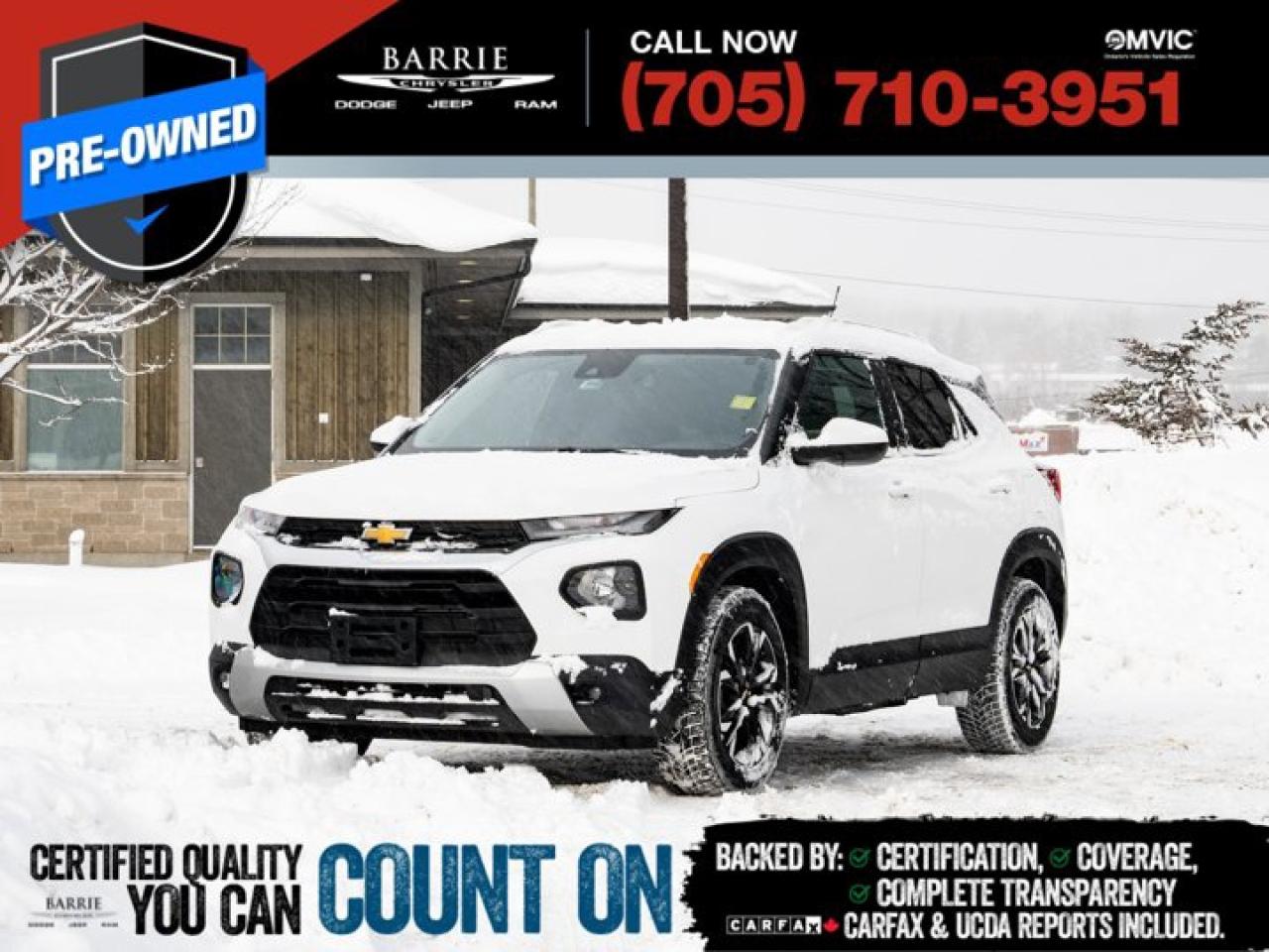 This vehicle is certified. You can trust that each certified vehicle goes through a 150-point inspection by our factory-trained master technicians. Our requirements exceed the provincial regulations of safety standards.With every detail disclosed and every standard met, confidence comes standard.Verified Vehicle History: CarFAX and UCDA reports included.Certified & Serviced: Oil, filters, and wipers replaced before delivery.Warranty You Can Trust: Up to 8 years or 200,000 KM of coverage.Finance Made Simple: Competitive rates for all credit profiles.Easy Exchange Program: Return within 7 days or 500 KM.Thank you for choosing Barrie Chrysler Dodge Jeep Ram, where the easy car-buying experience is all about you! Visit our expansive 50-car indoor showroom and view the hundreds of vehicles available, both on-site and off-site. We are located right in the heart of Barrie, on Dunlop St W, just off of Highway 400. - 395 Dunlop St W, Barrie, ON.We pay cash for cars, even if you dont buy one from us! Talk to Tom, our Pre-owned Manager, today!Summit White 2021 Chevrolet TrailBlazer LT 4D Sport Utility ECOTEC 1.3L Turbo 9-Speed Automatic AWDWe utilize real-time third-party software to price our vehicles, ensuring they align with the daily average market price. For that reason, our vehicles are priced competitively.We have over 100 pre-owned vehicles available onsite, with extra off-site inventory available at all times. Prices are plus HST and licensing fee.Awards:* Wards Canada 10 Best Engines and Propulsion Systems * IIHS Canada Top Safety Pick+