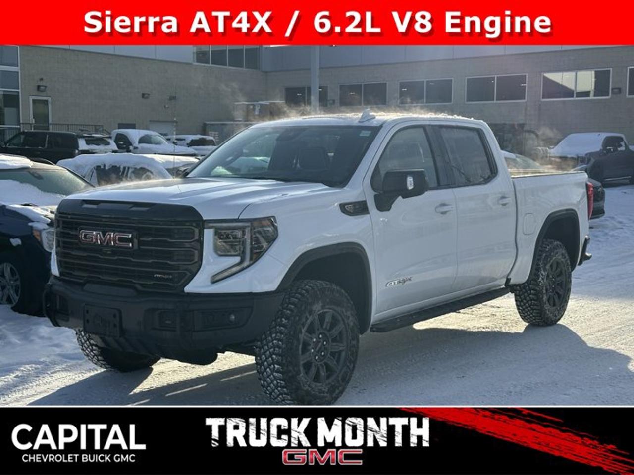 Boasts 15 Highway MPG and 17 City MPG! This GMC Sierra 1500 delivers a Gas V8 6.2L/376 engine powering this Automatic transmission. TRANSMISSION, 10-SPEED AUTOMATIC WITH ELECTRONIC PRECISION SHIFT, ELECTRONICALLY CONTROLLED with overdrive, and tow/haul mode and steering column paddle shifters. Includes Cruise Grade Braking and Powertrain Grade Braking, REAR AXLE, 3.23 RATIO, LPO, SPORT PEDAL COVER KIT (dealer-installed).* This GMC Sierra 1500 Features the Following Options *LPO, OFF-ROAD HIGH CLEARANCE STEPS (dealer-installed), LPO, CARGO TIE-DOWNS, (4) (dealer-installed), LICENSE PLATE KIT, FRONT, GVWR, 7100 LBS. (3221 KG), ENGINE, 6.2L ECOTEC3 V8 (420 hp [313 kW] @ 5600 rpm, 460 lb-ft of torque [624 Nm] @ 4100 rpm); featuring Dynamic Fuel Management, ENGINE BLOCK HEATER, AT4X PREFERRED EQUIPMENT GROUP includes standard equipment, ACTIVE EXHAUST, DUAL, SPORT-MODE ENABLED, 3 YEARS SIRIUSXM, Wireless, Apple CarPlay / Wireless Android Auto.* Visit Us Today *Test drive this must-see, must-drive, must-own beauty today at Capital Chevrolet Buick GMC Inc., 13103 Lake Fraser Drive SE, Calgary, AB T2J 3H5.
