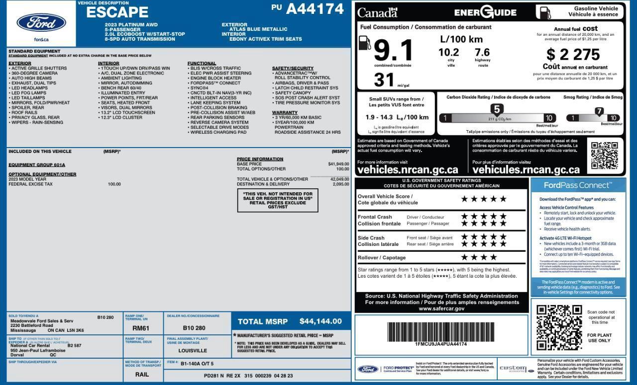 2023 Ford Escape Platinum ACC + Lane Keeping Aid   BLIS Photo