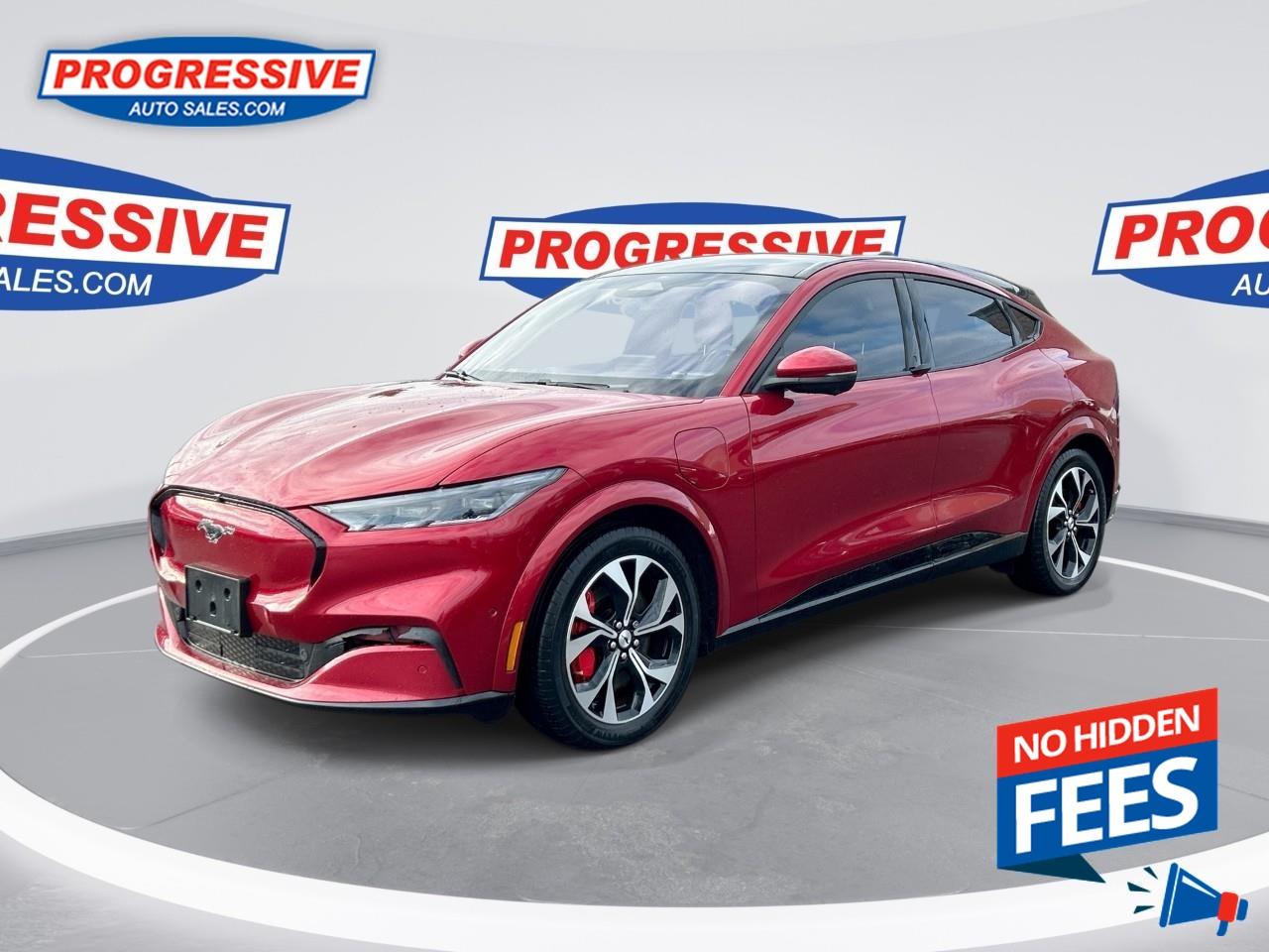 <b>Sunroof, Power Liftgate, Premium Audio, Heated Seats, Navigation!</b><br /> <br /> Its modern design, sleek and muscular curves, expertly crafted interior and intuitive features are just a sample of the alluring elements. This 2021 Ford Mustang Mach-E is for sale today. <br /> <br />The iconic Mustang name is taking a step into the future with this new Mustang Mach-E. With a design inspired by classic lines and aggressive stance of the legendary pony car, this Mustang Mach-E turns heads while lowering your gas bill. On top of the incredible design, this Mustang offers true performance, practical cargo space, and cutting edge technology to keep you comfortable and connected.This SUV has 119,885 kms. It's red in colour. It has an automatic transmission and is powered by a smooth engine. <br /> <br /> Our Mustang Mach-E's trim level is Premium. The joy of driving is revitalized with this Mustang Mach-E Premium as it comes loaded with a huge touch screen infotainment system featuring a premium Bang & Olufsen sound system, SYNC 4 with an enhanced navigation, wireless Apple CarPlay and Android Auto, Ford Co-Pilot360 and unique aluminum wheels. Additional upscale features include a massive sunroof, power rear liftgate, ActiveX power seats, a heated steering wheel, fully automatic LED lighting, adaptive cruise control with steering assist, Fords E-Latch keyless entry system, blind spot detection, lane keep assist, forward collision warning with evasion assist, 360 camera with parking sensors, FordPass Connect mobile hotspot and advanced software updates for quick and easy wireless upgrades that enhance quality, capability and convenience! This vehicle has been upgraded with the following features: Sunroof, Power Liftgate, Premium Audio, Heated Seats, Navigation, Sync 4, Lane Keep Assist. <br /> To view the original window sticker for this vehicle view this <a href=http://www.windowsticker.forddirect.com/windowsticker.pdf?vin=3FMTK3SU8MMA08192 target=_blank rel=nofollow noopener noreferrer>http://www.windowsticker.forddirect.com/windowsticker.pdf?vin=3FMTK3SU8MMA08192</a>. <br /><br /> <br />To apply right now for financing use this link: <a href=https://www.progressiveautosales.com/credit-application/ target=_blank rel=nofollow noopener noreferrer>https://www.progressiveautosales.com/credit-application/</a><br /><br /> <br /><br /><br /> Progressive Auto Sales provides you with the all the tools you need to find and purchase a used vehicle that meets your needs and exceeds your expectations. Our Sarnia used car dealership carries a wide range of makes and models for exceptionally low prices due to our extensive network of Canadian, Ontario and Sarnia used car dealerships, leasing companies and auction groups. <br /> Our dealership wouldn't be where we are today without the great people in Sarnia and surrounding areas. If you have any questions about our services, please feel free to ask any one of our staff. If you want to visit our dealership, you can also find our hours of operation and location information on our Contact page. o~o