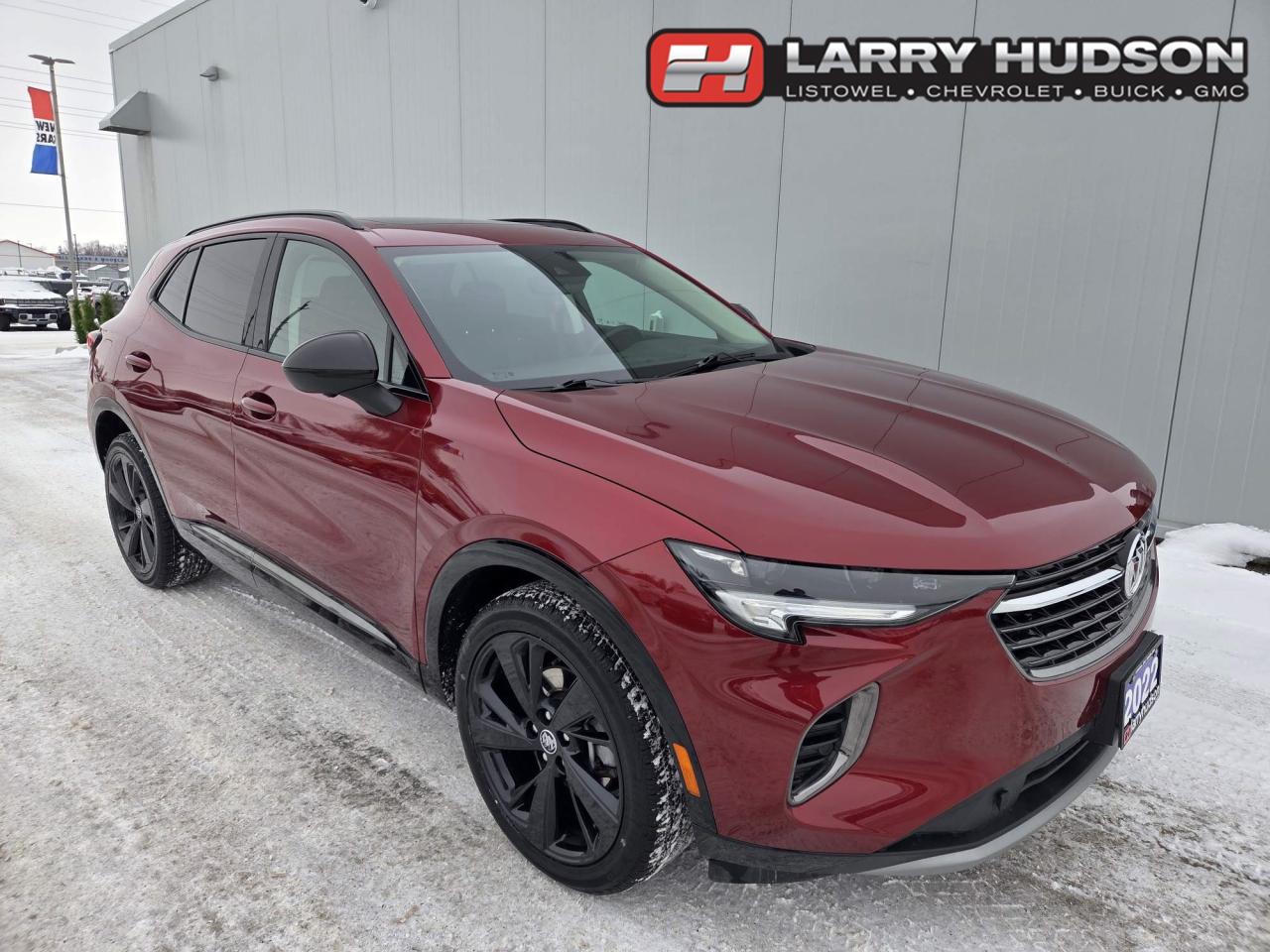 This Buick Envision Essence Sport Touring AWD Features a 2.0L Turbo Engine, 9-Speed Automatic Transmission, Cinnabar Metallic, Ebony Interior, Heated Front Bucket Seats, 8-Way Power Driver Safety Alert Seat, Heated Rear Seats Outboard Positions, Rear 40/60 Split-Bench Seat, Panoramic Moonroof, Keyless Open, Keyless Start, Remote Panic Alarm, Remote Vehicle Start, HD Surround Vision, Rear Camera Mirror, Following Distance Indicator, Front Passenger Presence Detector Sensor, Forward Collision Alert, Rear Cross Traffic Alert, Enhanced Automatic Emergency Braking, Lane Keep Assist With Lane Departure Warning, Lane Change Alert With Side Blind Zone Alert, Front Pedestrian Braking, Enhanced Auto Parking Assist, Adaptive Cruise Control, Heated Leather Wrap Steering Wheel, Tilt/TeleScopic Steering Column, Buick Infotainment System With 10 Touch Display & Navigation, Driver Instrument Info 8 Color Display, Head-Up Display, Bose® Premium 9-Speaker Audio System Feature, Teen Driver, Dual-Zone Automatic Climate Control, Deep Tinted Glass, Rear Intermittent Wiper, Hands Free Programmable Power Liftgate, LED Daytime Running Lamps, LED Headlamps, Automatic Delay Headlamps, Automatic On & Off Headlamp Control, Stabilitrak-Traction Control, Hill Descent Control, Engine Block Heater, Engine Air Filtration Monitor, Tire Pressure Monitor System, 20 Aluminum Wheels, OnStar Services Available, OnStar 4G LTE Wi-Fi Hotspot Capable, SiriusXM Satellite Radio Services Available. Unit comes with snow tires on steel wheels.

<br> <br><i>-- The Larry Hudson Group is a  family run automotive organization that has enjoyed growth for over 41 years of business. We have a great selection of new inventory and what we feel are the best reconditioned used cars in Ontario. Hudsons NEED your trade. We can offer you top market value for your current vehicle. Please come and partake in a great buying experience with the Larry Hudson Group in Listowel. FREE CarFax report available with every used vehicle! --</i>