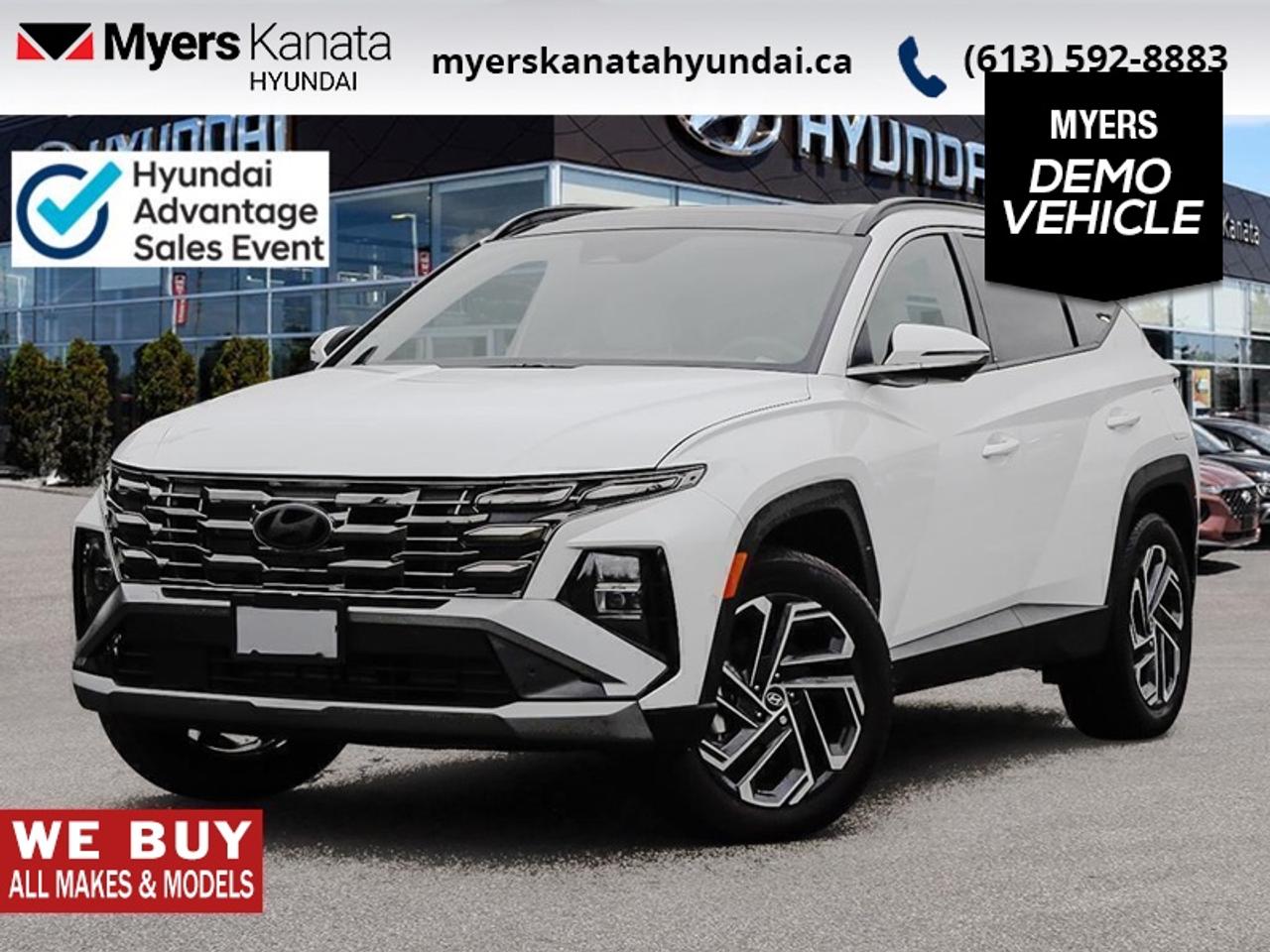 <b>Cooled Seats,  Navigation,  HUD,  360 Camera,  Sunroof!</b><br> <br> The 2026 Hyundai Tucson Hybrid stands out with its confident design, bold presence and clever details built for everyday life.<br> <br>The 2026 Hyundai Tucson Hybrid combines efficient performance, sleek design and intelligent features into a compact SUV crafted for modern life. Inside, the cabin boasts premium materials, intuitive technology and well-designed comfort for both driver and passengers. With its versatile nature, forward-looking enhancements and Hyundais commitment to thoughtful engineering, the Tucson Hybrid stands out as a smart, capable choice for drivers seeking more.<br> <br>This Crystal Wht SUV has an Automatic transmission and is powered by a 231HP 1.6L 4 Cylinder Engine. <br> <br> Our Tucson Hybrids trim level is Ultimate. The cabin emphasizes comfort and technology with heated and ventilated front bucket seats, leather trim, a heated steering wheel, dual-zone automatic climate control, a head-up display, integrated navigation, wireless phone connectivity, and a premium 8-speaker Bose audio system. A panoramic glass sunroof with a power sunshade is incorporated early into the interior experience and complements the spacious seating configuration, smart key access, adaptive cruise control, memory settings, and extensive storage solutions. Safety is comprehensive with blind-spot warning, rear cross-traffic avoidance, forward collision-avoidance assist, lane keeping assist, multiple airbags including rear side-impact protection, a tire-pressure monitoring system, and advanced parking sensors integrated into a full surround-view monitoring suite. This vehicle has been upgraded with the following features: Cooled Seats, Navigation, HUD, 360 Camera, Sunroof, Bose Premium Audio, Power Liftgate. This is a demonstrator vehicle driven by a member of our staff and has just 5210 km.<br><br> <br>To apply right now for financing use this link: <a href=https://www.myerskanatahyundai.com/finance/ target=_blank>https://www.myerskanatahyundai.com/finance/</a><br> <br/>This vehicle may qualify for $500 Military Program Bonus. 5.99% financing for 96 months. <br> Buy this vehicle now for the lowest weekly payment of <b>$168.02</b> with $0 down for 96 months @ 5.99% APR O.A.C. ( Plus applicable taxes - $2596 and licensing fees **Rebates may not be applicable on all purchase types [cash, lease, or finance]. Eligibility and conditions may vary. Please see dealer for full details and confirmation of eligibility. ). Incentives expire 2026-08-31. See dealer for details. <br><br>This vehicle is located at Myers Kanata Hyundai 400-2500 Palladium Dr Kanata, Ontario. <br><br> Come by and check out our fleet of 40+ used cars and trucks and 190+ new cars and trucks for sale in Kanata.  o~o