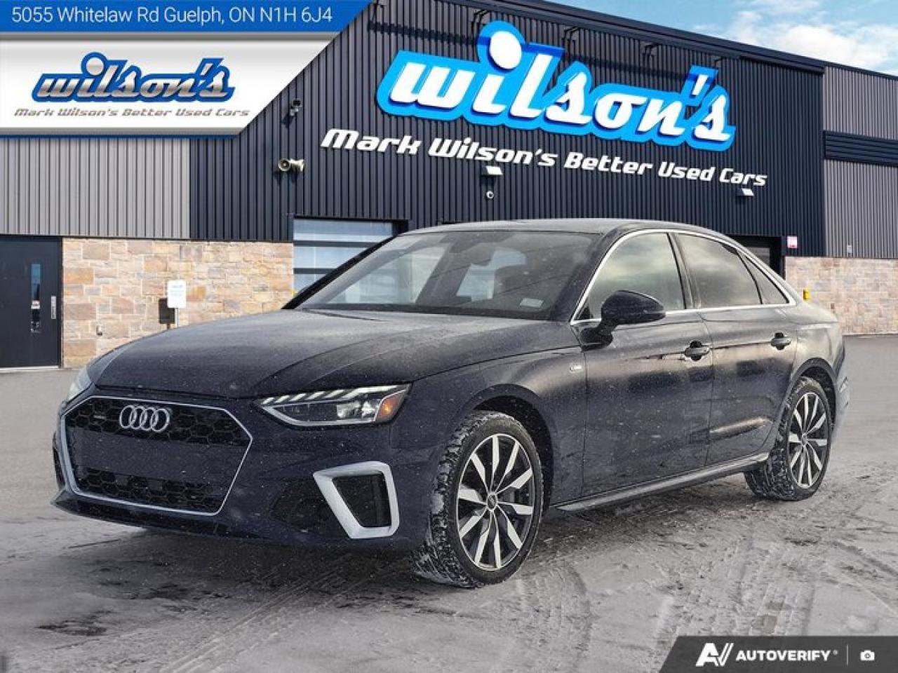 Come see this certified 2022 Audi A4 Sedan Progressiv AWD | S-Line | Nav | Leather | Sunroof | Heated Wheel + Seats | CarPlay + Android & More!. Its Automatic transmission and 2.0 L engine will keep you going. This Audi A4 Sedan features the following options: Sunroof, Reverse Camera, Navigation System, Leather, Heated Steering Wheel, Air Conditioning, Heated Seats, Tilt Steering Wheel, Steering Radio Controls, and Power Windows. See it for yourself at Mark Wilsons Better Used Cars, 5055 Whitelaw Road, Guelph, ON N1H 6J4.60+ years of World Class Service!500+ Live Market Priced VEHICLES! ONE MASSIVE LOCATION!Free Local Delivery Available!FINANCING! - Better than bank rates! 6 Months No Payments available on approved credit OAC. Zero Down Available. We have expert licensed credit specialists to secure the best possible rate for you and keep you on budget ! We are your financing broker, let us do all the leg work on your behalf! Click the RED Apply for Financing button to the right to get started or drop in today!BAD CREDIT APPROVED HERE! - You dont need perfect credit to get a vehicle loan at Mark Wilsons Better Used Cars! We have a dedicated licensed team of credit rebuilding experts on hand to help you get the car of your dreams!WE LOVE TRADE-INS! - Top dollar trade-in values!SELL us your car even if you dont buy ours! HISTORY: Free Carfax report included.Certification included! No shady fees for safety!EXTENDED WARRANTY: Available30 DAY WARRANTY INCLUDED: 30 Days, or 3,000 km (mechanical items only). No Claim Limit (abuse not covered)5 Day Exchange Privilege! *(Some conditions apply)CASH PRICES SHOWN: Excluding HST and Licensing Fees.2021-2026 vehicles may be daily rentals. Please inquire with your salesperson.We have made every reasonable attempt to ensure options are correct but please verify with your sales professional