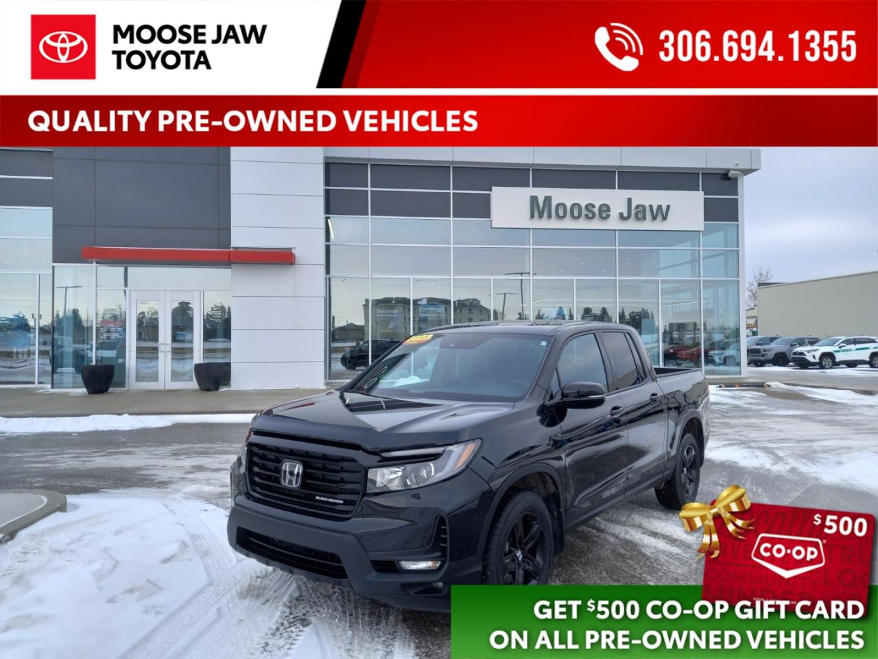 Used 2023 Honda Ridgeline Top-of-the-line and low mileage! This 2023 Ridgeline Black Edition delivers premium comfort, bold styling, and Honda’s unmatched versatility — the perfect blend of luxury and truck capability. for sale in Moose Jaw, SK