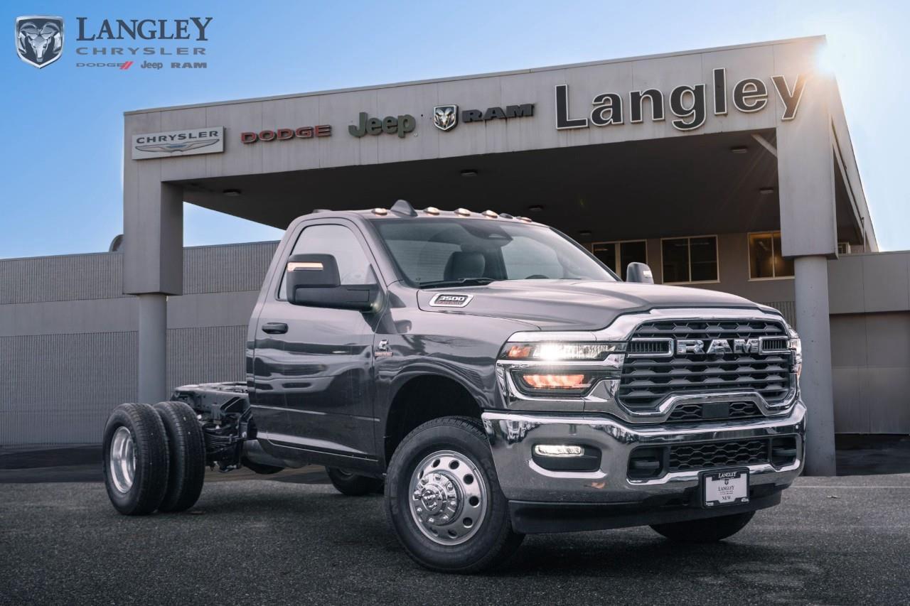 <p><strong>2025 Ram 3500 Chassis Tradesman 4x2 Reg Cab 143.5" WB</strong> A dedicated commercial work truck built for upfitting, featuring the rugged Tradesman trim, a rear-wheel-drive configuration, and the powerful HEMI V8 engine.</p><ul><li><p><strong>Engine (Standard):</strong> 6.4L HEMI V8 </p><p></p></li><li><p><strong>Horsepower (Gas):</strong> 375 hp @ 5,600 rpm </p><p></p></li><li><p><strong>Torque (Gas):</strong> 429 lb-ft @ 4,000 rpm </p><p></p></li><li><p><strong>Max Towing (Diesel Option):</strong> Up to 25,680 lbs (Chassis Cab Maximum) </p><p></p></li><li><p><strong>Key Feature:</strong> Upfitter-friendly design with flat frame rails, cab-to-axle dimension of 60 inches, and standard heavy-duty vinyl seating </p><p></p></li></ul><p>Come book a test drive at Langley Chrysler, conveniently located in Langley, British Columbia.</p>*All new vehicle purchases are plus the PDI accessory installs and any price increases provided by the manufacturer. For trucks the accessories will include wheel locks, spray-in liners, and mud flaps. For all other vehicles, wheel locks are standard, other equipment may apply. Confirm with the dealer.

<p>*All prices are net of all manufacturer incentives and/or rebates and are subject to change by the manufacturer without notice. All prices plus applicable taxes, applicable environmental recovery charges, documentation of $599 and full tank of fuel surcharge of $76 if a full tank is chosen.<br />Other items available that are not included in the above price:<br />Tire & Rim Protection and Key fob insurance starting from $599<br />Service contracts (extended warranties) for up to 7 years and 200,000 kms starting from $599<br />Custom vehicle accessory packages, mudflaps and deflectors, tire and rim packages, lift kits, exhaust kits and tonneau covers, canopies and much more that can be added to your payment at time of purchase<br />Undercoating, rust modules, and full protection packages starting from $199<br />Flexible life, disability and critical illness insurances to protect portions of or the entire length of vehicle loan?im?im<br />Financing Fee of $500 when applicable<br />Prices shown are determined using the largest available rebates and incentives and may not qualify for special APR finance offers. See dealer for details. This is a limited time offer.</p>