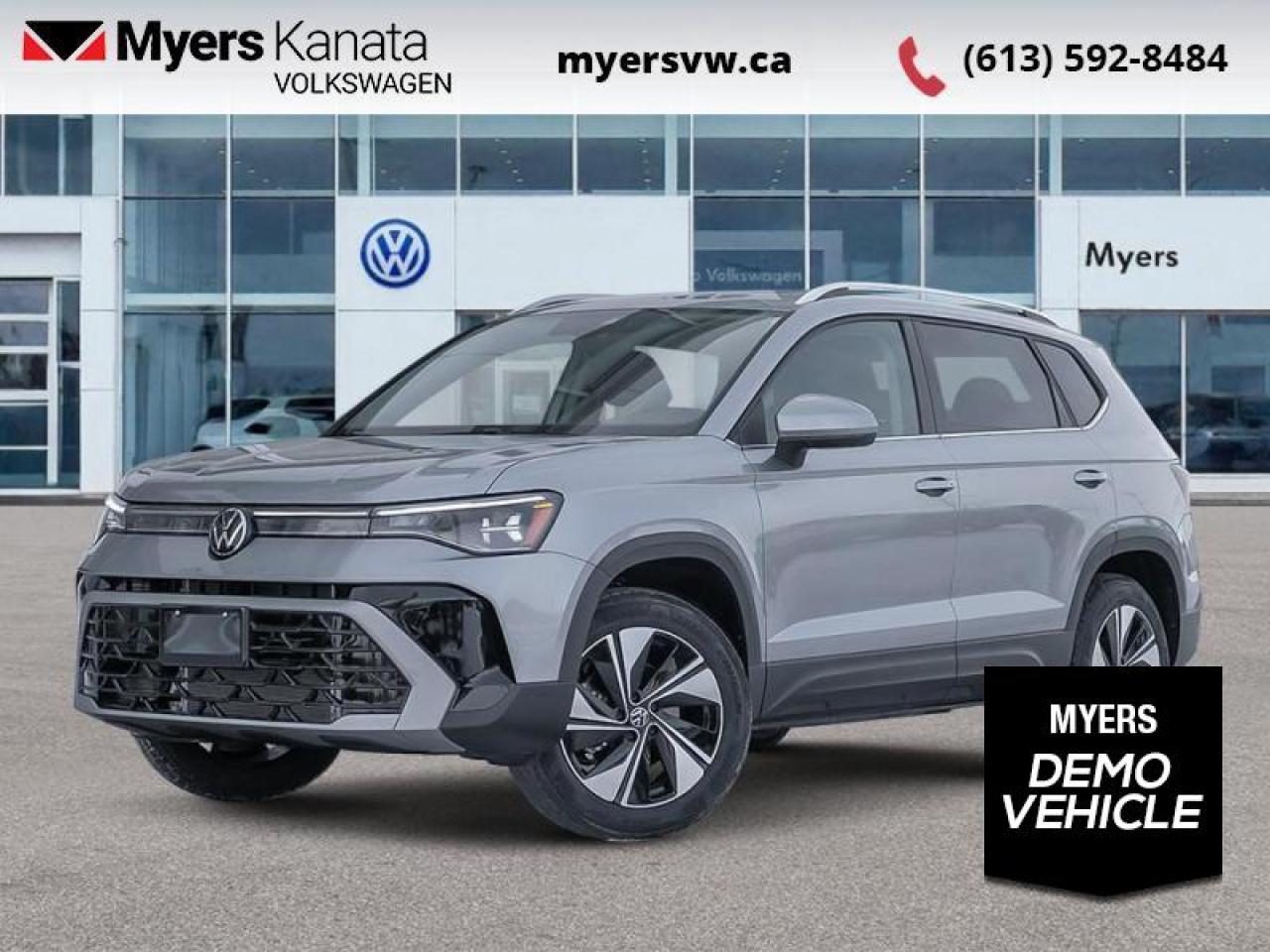 <b>Low Mileage, Cooled Seats,  Navigation,  Sunroof,  Parking Sensors,  Wireless Charing!</b><br> <br> <br> <br>  The 2025 Volkswagen Taos adapts smoothly from city commutes to weekend escapes thanks to its smart usability and refined build. <br> <br>From the outside, the 2025 Taos presents sleek body lines, a refreshed front fascia and modern lighting that reflect a confident, urban-ready look. Inside, the cabin features intuitive connectivity, quality materials and seating designed to comfortably accommodate both driver and passengers. With its thoughtful flexibility, smart features and Volkswagens commitment to reliability, the Taos offers a compelling choice for those seeking compact SUV versatility.<br> <br> This pyrite silver metallic SUV  has an automatic transmission and is powered by a  1.5L I4 16V GDI DOHC Turbo engine.<br> <br> Our Taoss trim level is Highline. This trim rewards you with inbuilt navigation, a dual panel sunroof, front and rear parking sensors, wireless device charging, remote engine start, ventilated and heated front seats, a heated steering wheel, adaptive cruise control, and an 8-inch infotainment screen with Apple CarPlay and Android Auto. Safety features also include lane keep assist with lane departure warning, collision mitigation, blind spot alert, and autonomous emergency braking. This vehicle has been upgraded with the following features: Cooled Seats,  Navigation,  Sunroof,  Parking Sensors,  Wireless Charing,  Remote Start,  Leather Seats.  This is a demonstrator vehicle driven by a member of our staff, so we can offer a great deal on it.<br><br> <br>To apply right now for financing use this link: <a href=https://www.myersvw.ca/en/form/new/financing-request-step-1/44 target=_blank>https://www.myersvw.ca/en/form/new/financing-request-step-1/44</a><br><br> <br/><br>Call one of our experienced Sales Representatives today and book your very own test drive! Why buy from us? Move with the Myers Automotive Group since 1942! We take all trade-ins - Appraisers on site!<br> Come by and check out our fleet of 30+ used cars and trucks and 130+ new cars and trucks for sale in Kanata.  o~o