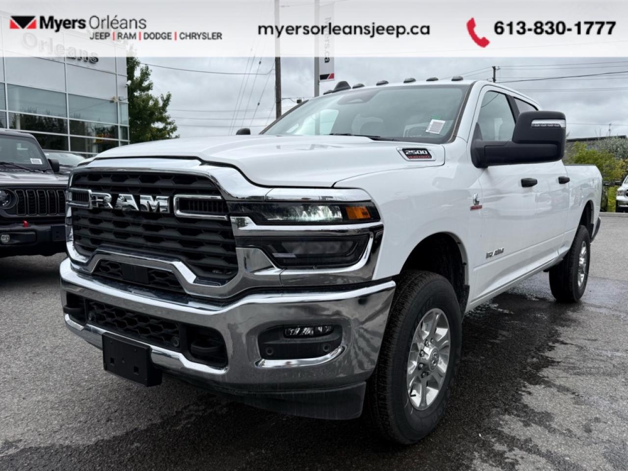<b>Diesel Engine, Remote Engine Start, Bed Utility Group, Clearance Lamps!</b><br> <br>   Get the job done in comfort and style in this extremely capable Ram 2500 HD. <br> <br>Endlessly capable, this 2025 Ram 2500HD pulls out all the stops, and has the towing capacity that sets it apart from the competition. On top of its proven Ram toughness, this Ram 2500HD has an ultra-quiet cabin full of amazing tech features that help make your workday more enjoyable. Whether youre in the commercial sector or looking for serious recreational towing rig, this impressive 2500HD is ready for anything that you are.<br> <br> This bright white sought after diesel Crew Cab 4X4 pickup   has an automatic transmission and is powered by a Cummins 430HP 6.7L Straight 6 Cylinder Engine.<br> <br> Our 2500s trim level is Big Horn. Standard features include class V tow equipment with a hitch, brake controller and trailer sway control, heated power-adjustable mirrors, heavy duty suspension, mobile hotspot internet access, adaptive cruise control, and an 8.4-inch infotainment screen powered by Uconnect 5, with Apple CarPlay and Android Auto. Safety features also include ParkSense front and rear parking sensors, forward collision warning and front collision mitigation. This vehicle has been upgraded with the following features: Diesel Engine, Remote Engine Start, Bed Utility Group, Clearance Lamps. <br><br> View the original window sticker for this vehicle with this url <b><a href=http://www.chrysler.com/hostd/windowsticker/getWindowStickerPdf.do?vin=3C6UR5DL2SG510946 target=_blank>http://www.chrysler.com/hostd/windowsticker/getWindowStickerPdf.do?vin=3C6UR5DL2SG510946</a></b>.<br> <br>To apply right now for financing use this link : <a href=https://www.myersorleansjeep.ca/apply-for-financing/ target=_blank>https://www.myersorleansjeep.ca/apply-for-financing/</a><br><br> <br/> Weve discounted this vehicle $8000. Total  rebate of $7000 is reflected in the price.   4.99% financing for 96 months. <br> Buy this vehicle now for the lowest weekly payment of <b>$231.61</b> with $0 down for 96 months @ 4.99% APR O.A.C. ( Plus applicable taxes -  **Rebates may not be applicable on all purchase types [cash, lease, or finance]. Eligibility and conditions may vary. Please see dealer for full details and confirmation of eligibility.   / Total Obligation of $96348  ).  Incentives expire 2026-01-02.  See dealer for details. <br> <br>The road to new driving experiences begins in our inventory, where youll find an incredible array of brand-new cars, trucks, minivans, and SUVs, including two of our bestselling models, the Dodge Ram 1500 and the Dodge Grand Caravan. If you want to know what the cutting edge of automotive technology looks like, all you have to do is visit Myers Orleans Jeep! Each model comes loaded with the convenient features and cool technology that help make every trip memorable. Looking for additional everyday luxury at a price thats incredibly wallet-friendly? Choose from our selection of quality pre-owned models! If you can think of a road, our friendly and knowledgeable sales team will help you find the perfect vehicle to drive it.<br><br>We may be a well-established dealership thats been part of the community for many years, but that doesnt mean were stuck in the past! At Myers Orleans Jeep, were proud to provide a fresh, modern approach to car buying. Using our array of online tools, you can browse our extensive inventory, schedule a service appointment, order parts, and even apply for credit from wherever youve got a connection. Our goal is to create relationships that will last, and we know that the best way to do this is by providing a dealership experience thats based on honesty, transparency, trust, and a commitment to customers. Stop by today and discover all the ways we go above and beyond for you.<br><br> Come by and check out our fleet of 60+ used cars and trucks and 60+ new cars and trucks for sale in Orleans.  o~o