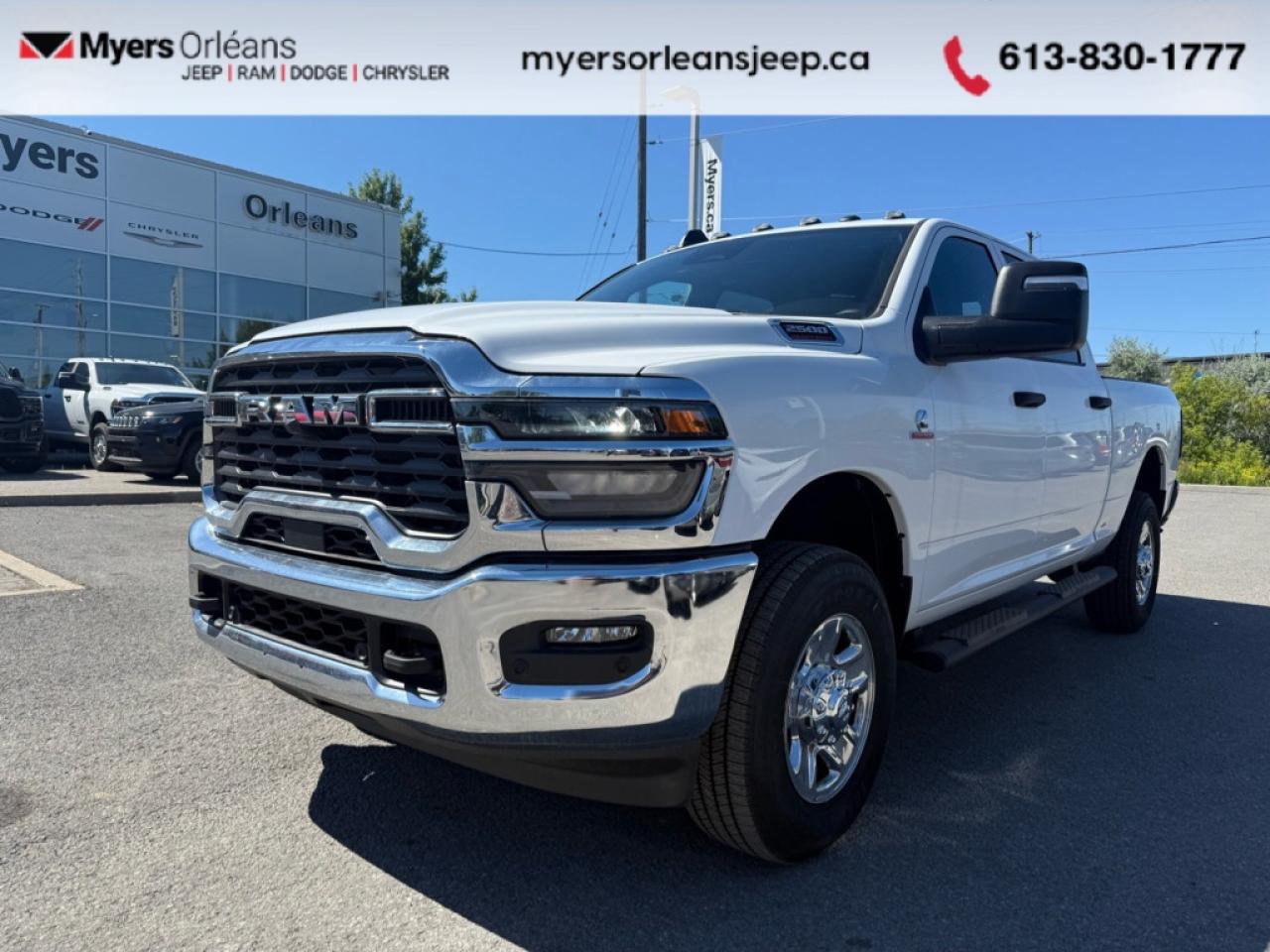 <b>Diesel Engine, 5TH WHEEL/GOOSENECK TOWING PREP GROUP, Bed Utility Group, Clearance Lamps!</b><br> <br>   Whether youre on the job site, driving around town, or making a long-haul trip, this Ram 2500 HD gets the job done with ease. <br> <br>Endlessly capable, this 2025 Ram 2500HD pulls out all the stops, and has the towing capacity that sets it apart from the competition. On top of its proven Ram toughness, this Ram 2500HD has an ultra-quiet cabin full of amazing tech features that help make your workday more enjoyable. Whether youre in the commercial sector or looking for serious recreational towing rig, this impressive 2500HD is ready for anything that you are.<br> <br> This bright white sought after diesel Crew Cab 4X4 pickup   has an automatic transmission and is powered by a Cummins 430HP 6.7L Straight 6 Cylinder Engine.<br> <br> Our 2500s trim level is Tradesman. Standard features include class V tow equipment with a hitch, brake controller and trailer sway control, heavy duty suspension, mobile hotspot internet access, adaptive cruise control, and an 8.4-inch infotainment screen powered by Uconnect 5, with Apple CarPlay and Android Auto. Safety features also include forward collision warning and front collision mitigation. This vehicle has been upgraded with the following features: Diesel Engine, 5th Wheel/gooseneck Towing Prep Group, Bed Utility Group, Clearance Lamps. <br><br> View the original window sticker for this vehicle with this url <b><a href=http://www.chrysler.com/hostd/windowsticker/getWindowStickerPdf.do?vin=3C6UR5CL4SG526275 target=_blank>http://www.chrysler.com/hostd/windowsticker/getWindowStickerPdf.do?vin=3C6UR5CL4SG526275</a></b>.<br> <br>To apply right now for financing use this link : <a href=https://www.myersorleansjeep.ca/apply-for-financing/ target=_blank>https://www.myersorleansjeep.ca/apply-for-financing/</a><br><br> <br/> Weve discounted this vehicle $8000. Total  rebate of $7000 is reflected in the price.   4.99% financing for 96 months. <br> Buy this vehicle now for the lowest weekly payment of <b>$232.41</b> with $0 down for 96 months @ 4.99% APR O.A.C. ( Plus applicable taxes -  **Rebates may not be applicable on all purchase types [cash, lease, or finance]. Eligibility and conditions may vary. Please see dealer for full details and confirmation of eligibility.   / Total Obligation of $96684  ).  Incentives expire 2026-01-02.  See dealer for details. <br> <br>The road to new driving experiences begins in our inventory, where youll find an incredible array of brand-new cars, trucks, minivans, and SUVs, including two of our bestselling models, the Dodge Ram 1500 and the Dodge Grand Caravan. If you want to know what the cutting edge of automotive technology looks like, all you have to do is visit Myers Orleans Jeep! Each model comes loaded with the convenient features and cool technology that help make every trip memorable. Looking for additional everyday luxury at a price thats incredibly wallet-friendly? Choose from our selection of quality pre-owned models! If you can think of a road, our friendly and knowledgeable sales team will help you find the perfect vehicle to drive it.<br><br>We may be a well-established dealership thats been part of the community for many years, but that doesnt mean were stuck in the past! At Myers Orleans Jeep, were proud to provide a fresh, modern approach to car buying. Using our array of online tools, you can browse our extensive inventory, schedule a service appointment, order parts, and even apply for credit from wherever youve got a connection. Our goal is to create relationships that will last, and we know that the best way to do this is by providing a dealership experience thats based on honesty, transparency, trust, and a commitment to customers. Stop by today and discover all the ways we go above and beyond for you.<br><br> Come by and check out our fleet of 60+ used cars and trucks and 60+ new cars and trucks for sale in Orleans.  o~o