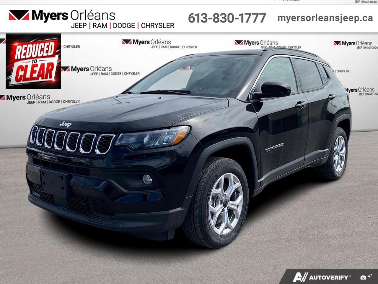 <b>Heated Steering Wheel,  Remote Start,  Climate Control,  Proximity Key,  Heated Seats!</b><br> <br> This 2025 Jeep Compass features gorgeous styling and introduces new innovative ways to enhance your driving experience.<br> <br>Keeping with quintessential Jeep engineering, this 2025 Compass sports a striking exterior design, with an extremely refined interior, loaded with the latest and greatest safety, infotainment and convenience technology. This SUV also has the off-road prowess to booth, with rugged build quality and great reliability to ensure that you get to your destination and back, as many times as you want.<br> <br>This Diamond Black Crystal Pearl SUV has an Automatic transmission and is powered by a 200HP 2.0L 4 Cylinder Engine. <br> <br> Our Compasss trim level is North. This Compass North steps things up with a heated steering wheel, dual-zone climate control, remote engine start, roof rack rails, front fog lamps and cornering headlamps, in addition to heated front seats, a 10.1-inch infotainment screen powered by Uconnect 5 with Apple CarPlay and Android Auto, push button start, air conditioning, cruise control with steering wheel controls, and front and rear cupholders. Safety features also include lane keeping assist with lane departure warning, forward collision warning with active braking, driver monitoring alert, and a rearview camera. This vehicle has been upgraded with the following features: Heated Steering Wheel, Remote Start, Climate Control, Proximity Key, Heated Seats, LED Lights, Lane Keep Assist.<br><br> View the original window sticker for this vehicle with this url <b><a href=http://www.chrysler.com/hostd/windowsticker/getWindowStickerPdf.do?vin=3C4NJDBN2ST607655 target=_blank>http://www.chrysler.com/hostd/windowsticker/getWindowStickerPdf.do?vin=3C4NJDBN2ST607655</a></b>.<br> <br>To apply right now for financing use this link: <a href=https://www.myersorleansjeep.ca/apply-for-financing/ target=_blank>https://www.myersorleansjeep.ca/apply-for-financing/</a><br> <br/>Weve discounted this vehicle $5655. Total rebate of $5500 is reflected in the price. 5.29% financing for 96 months. <br> Buy this vehicle now for the lowest weekly payment of <b>$100.25</b> with $0 down for 96 months @ 5.29% APR O.A.C. ( Plus applicable taxes - **Rebates may not be applicable on all purchase types [cash, lease, or finance]. Eligibility and conditions may vary. Please see dealer for full details and confirmation of eligibility. / Total Obligation of $41703 ). Incentives expire 2026-06-01. See dealer for details. <br><br>The road to new driving experiences begins in our inventory, where youll find an incredible array of brand-new cars, trucks, minivans, and SUVs, including two of our bestselling models, the Dodge Ram 1500 and the Dodge Grand Caravan. If you want to know what the cutting edge of automotive technology looks like, all you have to do is visit Myers Orleans Jeep! Each model comes loaded with the convenient features and cool technology that help make every trip memorable. Looking for additional everyday luxury at a price thats incredibly wallet-friendly? Choose from our selection of quality pre-owned models! If you can think of a road, our friendly and knowledgeable sales team will help you find the perfect vehicle to drive it.<br><br>We may be a well-established dealership thats been part of the community for many years, but that doesnt mean were stuck in the past! At Myers Orleans Jeep, were proud to provide a fresh, modern approach to car buying. Using our array of online tools, you can browse our extensive inventory, schedule a service appointment, order parts, and even apply for credit from wherever youve got a connection. Our goal is to create relationships that will last, and we know that the best way to do this is by providing a dealership experience thats based on honesty, transparency, trust, and a commitment to customers. Stop by today and discover all the ways we go above and beyond for you.<br><br> Come by and check out our fleet of 40+ used cars and trucks and 80+ new cars and trucks for sale in Orleans.  o~o