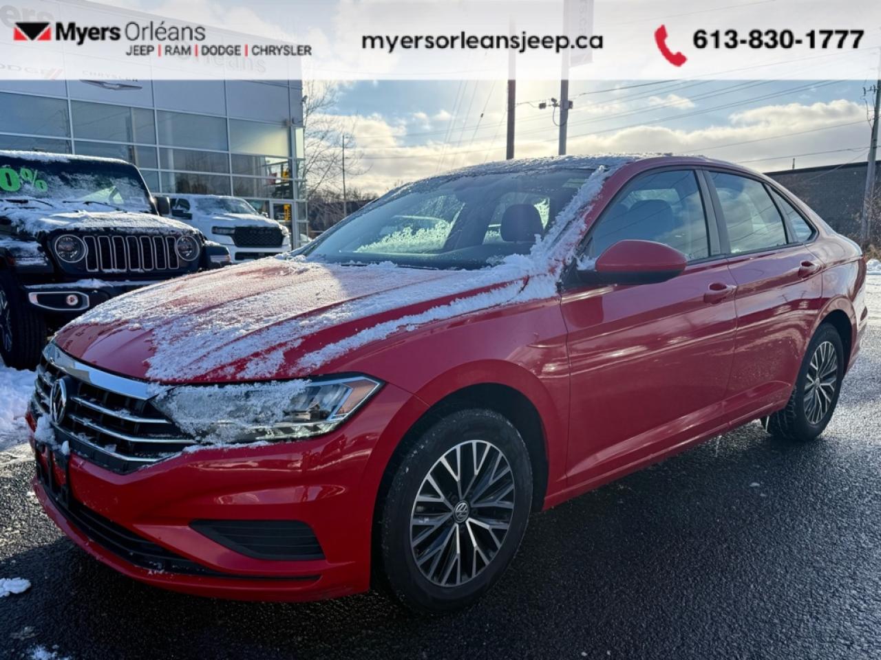 <b>Navigation,  Sunroof,  Blind Spot Detection,  Heated Seats,  Heated Steering Wheel!</b><br> <br>  Compare at $21048 -  is just $19600! <br> <br>  This 2021 Volkswagen Jetta is a mild mannered, competent, comfortable family sedan that aims to please. This 2021 Volkswagen Jetta is for sale today in Orleans. <br> <br>Redesigned. Not over designed. Rather than adding needless flash, the Jetta has been redesigned for a tasteful, more premium look and feel. One quick glance is all it takes to appreciate the result. Its sporty. Its sleek. It makes a statement without screaming. The overall effect stands out anywhere. Its roomy and well finished interior provides the best of comforts and will help keep this elegant sedan ageless and beautiful for many years to come.This  sedan has 101,799 kms. Its tornado red in colour. It has an automatic transmission and is powered by a  147HP 1.4L 4 Cylinder Engine.  <br> <br> Our Jettas trim level is Highline. Upgrade to this Jetta Highline and youll get features like these aluminum wheels, a large Rail2Rail power sunroof, leatherette heated seats and a heated-leather wrapped steering wheel, fully automatic LED headlamps, a larger 8 inch touchscreen infotainment system with  satellite navigation, Android Auto and Apple CarPlay, blind spot monitor with rear traffic alert, cruise control, a proximity key with remote keyless entry, a rear view camera and much more. This vehicle has been upgraded with the following features: Navigation,  Sunroof,  Blind Spot Detection,  Heated Seats,  Heated Steering Wheel,  Led Headlights,  Android Auto. <br> <br>To apply right now for financing use this link: <a href=https://www.myersorleansjeep.ca/apply-for-financing/ target=_blank>https://www.myersorleansjeep.ca/apply-for-financing/</a><br><br> <br/><br> Buy this vehicle now for the lowest weekly payment of <b>$70.34</b> with $0 down for 84 months @ 7.99% APR O.A.C. ( Plus applicable taxes -  Plus applicable fees   / Total Obligation of $25604  ).  See dealer for details. <br> <br>The road to new driving experiences begins in our inventory, where youll find an incredible array of brand-new cars, trucks, minivans, and SUVs, including two of our bestselling models, the Dodge Ram 1500 and the Dodge Grand Caravan. If you want to know what the cutting edge of automotive technology looks like, all you have to do is visit Myers Orleans Jeep! Each model comes loaded with the convenient features and cool technology that help make every trip memorable. Looking for additional everyday luxury at a price thats incredibly wallet-friendly? Choose from our selection of quality pre-owned models! If you can think of a road, our friendly and knowledgeable sales team will help you find the perfect vehicle to drive it.<br><br>We may be a well-established dealership thats been part of the community for many years, but that doesnt mean were stuck in the past! At Myers Orleans Jeep, were proud to provide a fresh, modern approach to car buying. Using our array of online tools, you can browse our extensive inventory, schedule a service appointment, order parts, and even apply for credit from wherever youve got a connection. Our goal is to create relationships that will last, and we know that the best way to do this is by providing a dealership experience thats based on honesty, transparency, trust, and a commitment to customers. Stop by today and discover all the ways we go above and beyond for you.<br><br> Come by and check out our fleet of 60+ used cars and trucks and 60+ new cars and trucks for sale in Orleans.  o~o