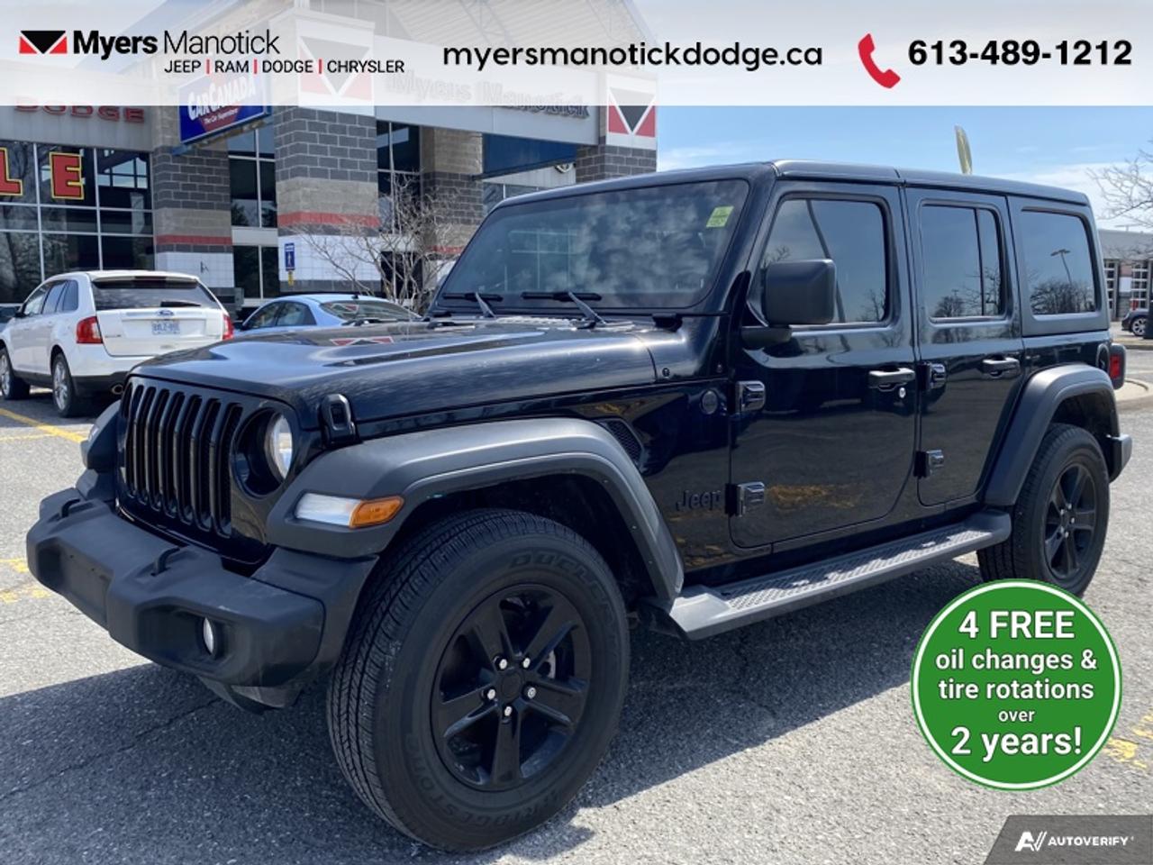 <b>Low Mileage, 4G Wi-Fi,  Aluminum Wheels,  Rear Camera,  Bluetooth,  Off-Road Suspension!</b><br> <br>  Compare at $40673 - Our Price is just $39488! <br> <br>With decades of experience, and all the modern technology they could need, this Jeep Wrangler is ready to rock your world. This 2023 Jeep Wrangler is for sale today in Manotick. <br> <br>No matter where your next adventure takes you, this Jeep Wrangler is ready for the challenge. With advanced traction and handling capability, sophisticated safety features and ample ground clearance, the Wrangler is designed to climb up and crawl over the toughest terrain. Inside the cabin of this Wrangler offers supportive seats and comes loaded with the technology you expect while staying loyal to the style and design youve come to know and love. This low mileage SUV has just 36,379 km. Its Black in colour. It has an Automatic transmission and is powered by a 285HP 3.6L V6 Cylinder Engine. <br> <br> Our Wranglers trim level is Sport Altitude. This Altitude package adds a hardtop, heavy duty suspension, bigger wheels, gloss black accents, and wi-fi connectivity. This Wrangler Sport is exactly what you want from an off-roading machine with skid plates, tow hooks, a sport bar, Dana axles, and a shift-on-the-fly transfer case to ensure you can make it through the harshest terrain. Uconnect with Bluetooth communication and streaming allows for fun drives on the way to the trail, while aluminum wheels make sure you do it in style. A rearview camera and fog lamps help you stay safe. This vehicle has been upgraded with the following features: 4G Wi-Fi, Aluminum Wheels, Rear Camera, Bluetooth, Off-Road Suspension, Fog Lamps.<br> To view the original window sticker for this vehicle view this <a href=http://www.chrysler.com/hostd/windowsticker/getWindowStickerPdf.do?vin=1C4HJXDG9PW643745 target=_blank>http://www.chrysler.com/hostd/windowsticker/getWindowStickerPdf.do?vin=1C4HJXDG9PW643745</a>. <br/><br> <br>To apply right now for financing use this link: <a href=https://CreditOnline.dealertrack.ca/Web/Default.aspx?Token=3206df1a-492e-4453-9f18-918b5245c510&Lang=en target=_blank>https://CreditOnline.dealertrack.ca/Web/Default.aspx?Token=3206df1a-492e-4453-9f18-918b5245c510&Lang=en</a><br><br> <br/><br> Buy this vehicle now for the lowest weekly payment of <b>$133.50</b> with $0 down for 96 months @ 8.99% APR O.A.C. ( Plus applicable taxes -  and licensing fees   ).  See dealer for details. <br> <br>If youre looking for a Dodge, Ram, Jeep, and Chrysler dealership in Ottawa that always goes above and beyond for you, visit Myers Manotick Dodge today! Were more than just great cars. We provide the kind of world-class Dodge service experience near Kanata that will make you a Myers customer for life. And with fabulous perks like extended service hours, our 30-day tire price guarantee, the Myers No Charge Engine/Transmission for Life program, and complimentary shuttle service, its no wonder were a top choice for drivers everywhere. Get more with Myers! <br>*LIFETIME ENGINE TRANSMISSION WARRANTY NOT AVAILABLE ON VEHICLES WITH KMS EXCEEDING 140,000KM, VEHICLES 8 YEARS & OLDER, OR HIGHLINE BRAND VEHICLE(eg. BMW, INFINITI. CADILLAC, LEXUS...)<br> Come by and check out our fleet of 20+ used cars and trucks and 60+ new cars and trucks for sale in Manotick.  o~o