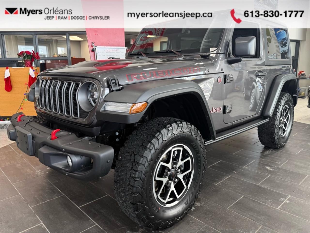 <b>Leather Seats, 2.0L I4 DOHC DI Turbo Engine w/ ESS, Technology Group, Black 3-Piece Hard Top, Mopar HD Rock Slider w/ Step Assist!</b><br> <br> The 2026 Jeep Wrangler continues its legacy as the ultimate symbol of freedom, adventure, and off-road capability. <br> <br>The 2026 Jeep Wrangler blends iconic design with modern innovation to deliver an unmatched driving experience on and off the road. Its durable build, open-air freedom, and advanced off-road systems make it the go-to SUV for those who live for adventure. With refined comfort, cutting-edge technology, and Jeeps legendary capability, the Wrangler remains the benchmark for authentic, all-terrain performance.<br> <br>This Granite Crystal Metallic SUV has an Automatic transmission and is powered by a 270HP 2.0L 4 Cylinder Engine. <br> <br> Our Wranglers trim level is Rubicon. Stepping up to this Wrangler Rubicon rewards you with incredible off-roading capability, thanks to heavy duty suspension, front active and rear anti-roll bars, upfitter switches, locking front and rear differentials, and skid plates for undercarriage protection. Interior features include an 8-speaker Alpine audio system, voice-activated dual zone climate control, front and rear cupholders, and a 12.3-inch infotainment system with smartphone integration and mobile internet hotspot access. Additional features include cruise control, a leatherette-wrapped steering wheel, proximity keyless entry, and even more. This vehicle has been upgraded with the following features: Leather Seats, 2.0L I4 DOHC DI Turbo Engine w/ ESS, Technology Group, Black 3-Piece Hard Top, Mopar HD Rock Slider w/ Step Assist.<br><br> View the original window sticker for this vehicle with this url <b><a href=http://www.chrysler.com/hostd/windowsticker/getWindowStickerPdf.do?vin=1C4PJXCNXTW165762 target=_blank>http://www.chrysler.com/hostd/windowsticker/getWindowStickerPdf.do?vin=1C4PJXCNXTW165762</a></b>.<br> <br>To apply right now for financing use this link: <a href=https://www.myersorleansjeep.ca/apply-for-financing/ target=_blank>https://www.myersorleansjeep.ca/apply-for-financing/</a><br><br> <br/> Weve discounted this vehicle $3885. Total  rebate of $4250 is reflected in the price.   4.99% financing for 96 months. <br> Buy this vehicle now for the lowest weekly payment of <b>$218.60</b> with $0 down for 96 months @ 4.99% APR O.A.C. ( Plus applicable taxes -  **Rebates may not be applicable on all purchase types [cash, lease, or finance]. Eligibility and conditions may vary. Please see dealer for full details and confirmation of eligibility.   / Total Obligation of $90936  ).  Incentives expire 2026-02-02.  See dealer for details. <br> <br>The road to new driving experiences begins in our inventory, where youll find an incredible array of brand-new cars, trucks, minivans, and SUVs, including two of our bestselling models, the Dodge Ram 1500 and the Dodge Grand Caravan. If you want to know what the cutting edge of automotive technology looks like, all you have to do is visit Myers Orleans Jeep! Each model comes loaded with the convenient features and cool technology that help make every trip memorable. Looking for additional everyday luxury at a price thats incredibly wallet-friendly? Choose from our selection of quality pre-owned models! If you can think of a road, our friendly and knowledgeable sales team will help you find the perfect vehicle to drive it.<br><br>We may be a well-established dealership thats been part of the community for many years, but that doesnt mean were stuck in the past! At Myers Orleans Jeep, were proud to provide a fresh, modern approach to car buying. Using our array of online tools, you can browse our extensive inventory, schedule a service appointment, order parts, and even apply for credit from wherever youve got a connection. Our goal is to create relationships that will last, and we know that the best way to do this is by providing a dealership experience thats based on honesty, transparency, trust, and a commitment to customers. Stop by today and discover all the ways we go above and beyond for you.<br><br> Come by and check out our fleet of 50+ used cars and trucks and 70+ new cars and trucks for sale in Orleans.  o~o