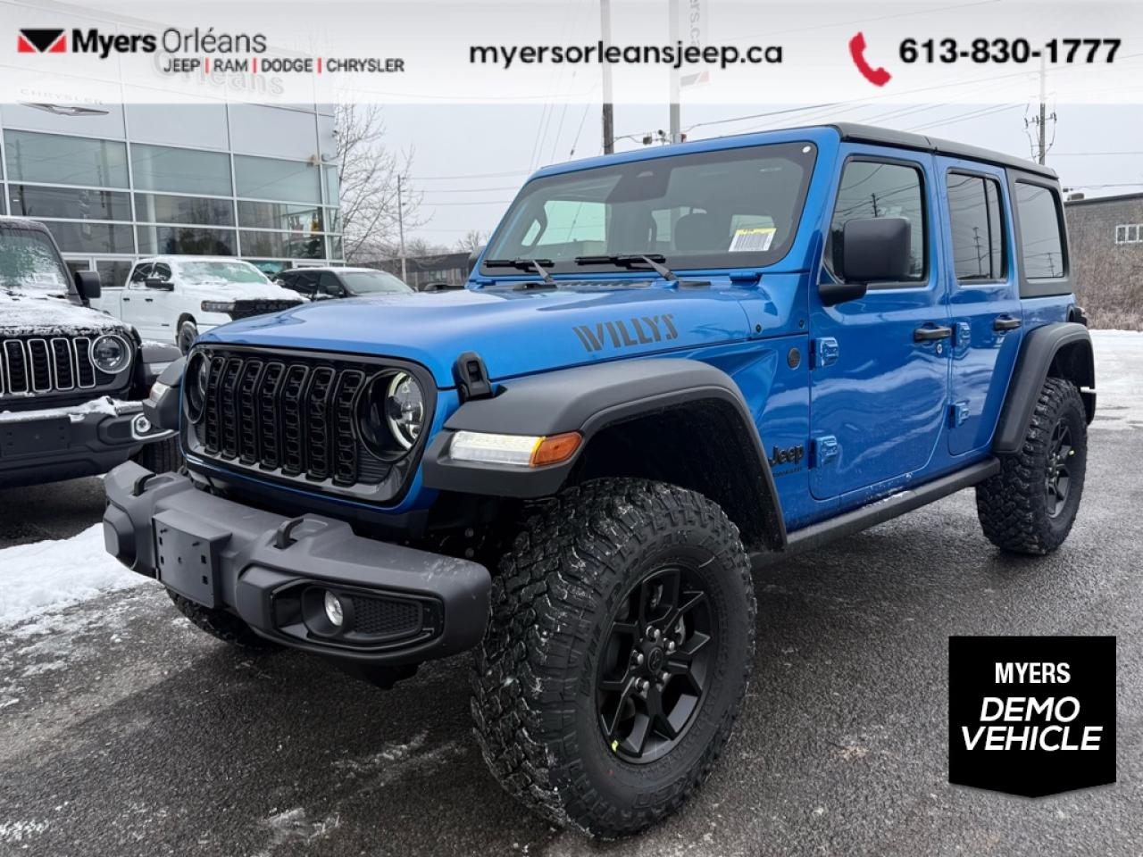 <b>Technology Group, Safety Group, Freedom Top!</b><br> <br>   Inside, youll find a rugged yet comfortable cabin equipped with modern technology and intuitive controls for every journey. <br> <br>The 2026 Jeep Wrangler blends iconic design with modern innovation to deliver an unmatched driving experience on and off the road. Its durable build, open-air freedom, and advanced off-road systems make it the go-to SUV for those who live for adventure. With refined comfort, cutting-edge technology, and Jeeps legendary capability, the Wrangler remains the benchmark for authentic, all-terrain performance.<br> <br> This Hydro Blue Pearl SUV  has an Automatic transmission and is powered by a  285HP 3.6L V6 Cylinder Engine.<br> <br> Our Wranglers trim level is Willys. This off-road icon in the Willys trim features off-road wheels with beefier suspension, comes standard with front and rear tow hooks, front fog lamps, and a manual convertible top with fixed rollover protection. Also standard include front and rear illuminated cupholders, air conditioning, full carpet floors with all-weather mats, an 8-speaker audio system, and a 12.3-inch infotainment screen powered by Uconnect 5W, with smartphone integration and mobile hotspot internet access. Additional features include cruise control, a rearview camera, and even more. This vehicle has been upgraded with the following features: Technology Group, Safety Group, Freedom Top.  This is a demonstrator vehicle driven by a member of our staff, so we can offer a great deal on it.<br><br> View the original window sticker for this vehicle with this url <b><a href=http://www.chrysler.com/hostd/windowsticker/getWindowStickerPdf.do?vin=1C4PJXDG1TW196317 target=_blank>http://www.chrysler.com/hostd/windowsticker/getWindowStickerPdf.do?vin=1C4PJXDG1TW196317</a></b>.<br> <br>To apply right now for financing use this link: <a href=https://www.myersorleansjeep.ca/apply-for-financing/ target=_blank>https://www.myersorleansjeep.ca/apply-for-financing/</a><br><br> <br/> Total  rebate of $5000 is reflected in the price.   4.99% financing for 96 months. <br> Buy this vehicle now for the lowest weekly payment of <b>$207.83</b> with $0 down for 96 months @ 4.99% APR O.A.C. ( Plus applicable taxes -  **Rebates may not be applicable on all purchase types [cash, lease, or finance]. Eligibility and conditions may vary. Please see dealer for full details and confirmation of eligibility.   / Total Obligation of $86459  ).  Incentives expire 2026-02-02.  See dealer for details. <br> <br>The road to new driving experiences begins in our inventory, where youll find an incredible array of brand-new cars, trucks, minivans, and SUVs, including two of our bestselling models, the Dodge Ram 1500 and the Dodge Grand Caravan. If you want to know what the cutting edge of automotive technology looks like, all you have to do is visit Myers Orleans Jeep! Each model comes loaded with the convenient features and cool technology that help make every trip memorable. Looking for additional everyday luxury at a price thats incredibly wallet-friendly? Choose from our selection of quality pre-owned models! If you can think of a road, our friendly and knowledgeable sales team will help you find the perfect vehicle to drive it.<br><br>We may be a well-established dealership thats been part of the community for many years, but that doesnt mean were stuck in the past! At Myers Orleans Jeep, were proud to provide a fresh, modern approach to car buying. Using our array of online tools, you can browse our extensive inventory, schedule a service appointment, order parts, and even apply for credit from wherever youve got a connection. Our goal is to create relationships that will last, and we know that the best way to do this is by providing a dealership experience thats based on honesty, transparency, trust, and a commitment to customers. Stop by today and discover all the ways we go above and beyond for you.<br><br> Come by and check out our fleet of 50+ used cars and trucks and 60+ new cars and trucks for sale in Orleans.  o~o