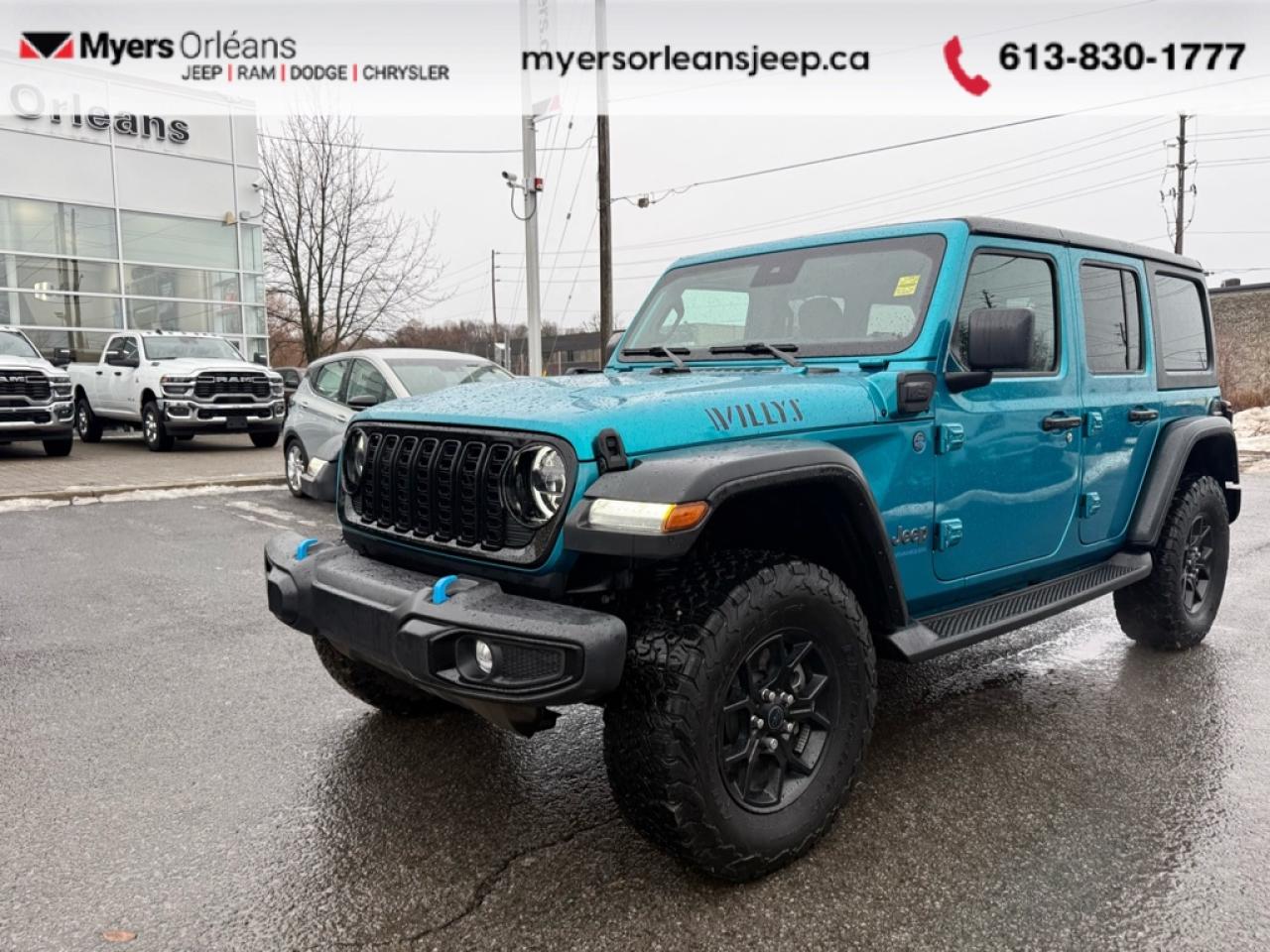<b>Low Mileage, Hybrid,  Fast Charging,  Adaptive Cruise Control,  Climate Control,  Wi-Fi Hotspot!</b><br> <br>  Compare at $48446 -  is just $46998! <br> <br>This 2024 Wrangler 4xe paves a new path to the future, with legendary capability and uncompromising hybrid innovation. This 2024 Jeep Wrangler 4xe is for sale today in Orleans. <br> <br>No matter where your next adventure takes you, this Jeep Wrangler 4xe is ready for the challenge. With advanced traction and plug-in hybrid technology, sophisticated safety features and ample ground clearance, the Wrangler 4xe is designed to climb up and crawl over the toughest terrain. Inside the cabin of this advanced Wrangler 4xe offers supportive seats and comes loaded with the technology you expect while staying loyal to the style and design youve come to know and love. This low mileage SUV has just 25,799 km. Its nice in colour and is completely accident free based on the <a href=https://vhr.carfax.ca/?id=mnwDSA+9jBzGFTMnG4byqoqxzPCoJho6 target=_blank>CARFAX Report</a>. It has an Automatic transmission and is powered by a 375HP 2.0L 4 Cylinder Engine. <br> <br> Our Wrangler 4xes trim level is Willys. This reimagined off-road icon in the Willys trim features a hybrid powertrain for incredible efficiency, and comes standard with beefier suspension, full carpet floors with all-weather mats, adaptive cruise control, front and rear tow hooks, front fog lamps, and a manual convertible top with fixed rollover protection. Occupants are treated to front and rear illuminated cupholders, dual-zone air conditioning, an 8-speaker Alpine audio system, and a 12.3-inch infotainment screen powered by Uconnect 5W, with smartphone integration and mobile hotspot internet access. Additional features include forward collision mitigation, a rearview camera, and even more. This vehicle has been upgraded with the following features: Hybrid, Fast Charging, Adaptive Cruise Control, Climate Control, Wi-Fi Hotspot, Fog Lamps, Forward Collision Mitigation.<br> To view the original window sticker for this vehicle view this <a href=http://www.chrysler.com/hostd/windowsticker/getWindowStickerPdf.do?vin=1C4RJXN63RW220365 target=_blank>http://www.chrysler.com/hostd/windowsticker/getWindowStickerPdf.do?vin=1C4RJXN63RW220365</a>. <br/><br> <br>To apply right now for financing use this link: <a href=https://www.myersorleansjeep.ca/apply-for-financing/ target=_blank>https://www.myersorleansjeep.ca/apply-for-financing/</a><br><br> <br/><br> Buy this vehicle now for the lowest weekly payment of <b>$142.26</b> with $0 down for 96 months @ 5.99% APR O.A.C. ( Plus applicable taxes -  Plus applicable fees   / Total Obligation of $59181  ).  See dealer for details. <br> <br>The road to new driving experiences begins in our inventory, where youll find an incredible array of brand-new cars, trucks, minivans, and SUVs, including two of our bestselling models, the Dodge Ram 1500 and the Dodge Grand Caravan. If you want to know what the cutting edge of automotive technology looks like, all you have to do is visit Myers Orleans Jeep! Each model comes loaded with the convenient features and cool technology that help make every trip memorable. Looking for additional everyday luxury at a price thats incredibly wallet-friendly? Choose from our selection of quality pre-owned models! If you can think of a road, our friendly and knowledgeable sales team will help you find the perfect vehicle to drive it.<br><br>We may be a well-established dealership thats been part of the community for many years, but that doesnt mean were stuck in the past! At Myers Orleans Jeep, were proud to provide a fresh, modern approach to car buying. Using our array of online tools, you can browse our extensive inventory, schedule a service appointment, order parts, and even apply for credit from wherever youve got a connection. Our goal is to create relationships that will last, and we know that the best way to do this is by providing a dealership experience thats based on honesty, transparency, trust, and a commitment to customers. Stop by today and discover all the ways we go above and beyond for you.<br><br> Come by and check out our fleet of 50+ used cars and trucks and 60+ new cars and trucks for sale in Orleans.  o~o