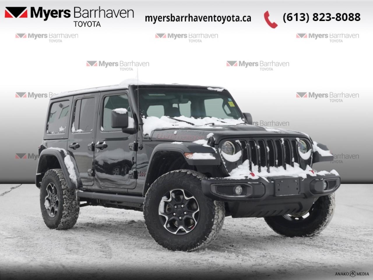 <b>Low Mileage, Off-Road Suspension,  Navigation,  Premium Audio,  4G Wi-Fi,  Climate Control!</b><br> <br>  Compare at $48774 - Our Live Market Price is just $46898! <br> <br>Whether youre concurring a highway mountain pass or challenging off-road trail, this reliable Jeep Wrangler is ready to get you there with style. This 2023 Jeep Wrangler is fresh on our lot in Ottawa. <br> <br>No matter where your next adventure takes you, this Jeep Wrangler is ready for the challenge. With advanced traction and handling capability, sophisticated safety features and ample ground clearance, the Wrangler is designed to climb up and crawl over the toughest terrain. Inside the cabin of this Wrangler offers supportive seats and comes loaded with the technology you expect while staying loyal to the style and design youve come to know and love. This low mileage SUV has just 34,611 km. Its Black in colour. It has an Automatic transmission and is powered by a 270HP 2.0L 4 Cylinder Engine. <br> <br> Our Wranglers trim level is Unlimited Rubicon. This Unlimited Rubicon is ready for the rockiest trails, with beefy off-road suspension, heavy duty dampers, driver-selectable front and rear locking differentials, 5 skid plates for undercarriage protection, upgraded aluminum wheels with a full-size spare, a manual convertible top with fixed roll-over protection, and power heated side mirrors. Additional features include towing equipment including trailer sway control, two tow hooks on the front bumper and one on the rear, front fog lamps, and a ParkView back-up camera. Connectivity is handled by an upgraded 8.4-inch screen powered by Uconnect 4C NAV, and features inbuilt navigation, Apple CarPlay, Android Auto, 4G LTE mobile hotspot internet access, and an upgraded 9-speaker Alpine audio system. Comfort and convenience features also include power rear windows, a leatherette-wrapped steering wheel, illuminated front and rear cupholders, two 12-volt DC and a 120-volt AC power outlets, proximity keyless entry with push button start, voice-activated dual-zone front climate control, front and rear map lights, and all-weather floor mats. This vehicle has been upgraded with the following features: Off-Road Suspension, Navigation, Premium Audio, 4G Wi-Fi, Climate Control, Apple CarPlay, Android Auto.<br> To view the original window sticker for this vehicle view this <a href=http://www.chrysler.com/hostd/windowsticker/getWindowStickerPdf.do?vin=1C4HJXFN0PW647775 target=_blank>http://www.chrysler.com/hostd/windowsticker/getWindowStickerPdf.do?vin=1C4HJXFN0PW647775</a>. <br/><br> <br>To apply right now for financing use this link: <a href=https://www.myersbarrhaventoyota.ca/quick-approval/ target=_blank>https://www.myersbarrhaventoyota.ca/quick-approval/</a><br><br> <br/><br> Buy this vehicle now for the lowest bi-weekly payment of <b>$336.81</b> with $0 down for 84 months @ 7.99% APR O.A.C. ( Plus applicable taxes -  Plus applicable fees   ).  See dealer for details. <br> <br>At Myers Barrhaven Toyota we pride ourselves in offering highly desirable pre-owned vehicles. We truly hand pick all our vehicles to offer only the best vehicles to our customers. No two used cars are alike, this is why we have our trained Toyota technicians highly scrutinize all our trade ins and purchases to ensure we can put the Myers seal of approval. Every year we evaluate 1000s of vehicles and only 10-15% meet the Myers Barrhaven Toyota standards. At the end of the day we have mutual interest in selling only the best as we back all our pre-owned vehicles with the Myers *LIFETIME ENGINE TRANSMISSION warranty. Thats right *LIFETIME ENGINE TRANSMISSION warranty, were in this together! If we dont have what youre looking for not to worry, our experienced buyer can help you find the car of your dreams! Ever heard of getting top dollar for your trade but not really sure if you were? Here we leave nothing to chance, every trade-in we appraise goes up onto a live online auction and we get buyers coast to coast and in the USA trying to bid for your trade. This means we simultaneously expose your car to 1000s of buyers to get you top trade in value. <br>We service all makes and models in our new state of the art facility where you can enjoy the convenience of our on-site restaurant, shuttle van, free Wi-Fi, Enterprise Rent-A-Car, on-site tire storage, and complimentary drinks. Come see why many Toyota owners are making the switch to Myers Barrhaven Toyota. <br>*LIFETIME ENGINE TRANSMISSION WARRANTY NOT AVAILABLE FOR VEHICLES WITH KMS EXCEEDING 140,000KM, VEHICLES 8 YEARS & OLDER, HIGHLINE BRAND VEHICLES (e.g., BMW, INFINITI, CADILLAC, LEXUS), AND QUEBEC RESIDENTS.<br> Come by and check out our fleet of 100+ used cars and trucks and 20+ new cars and trucks for sale in Ottawa.  o~o