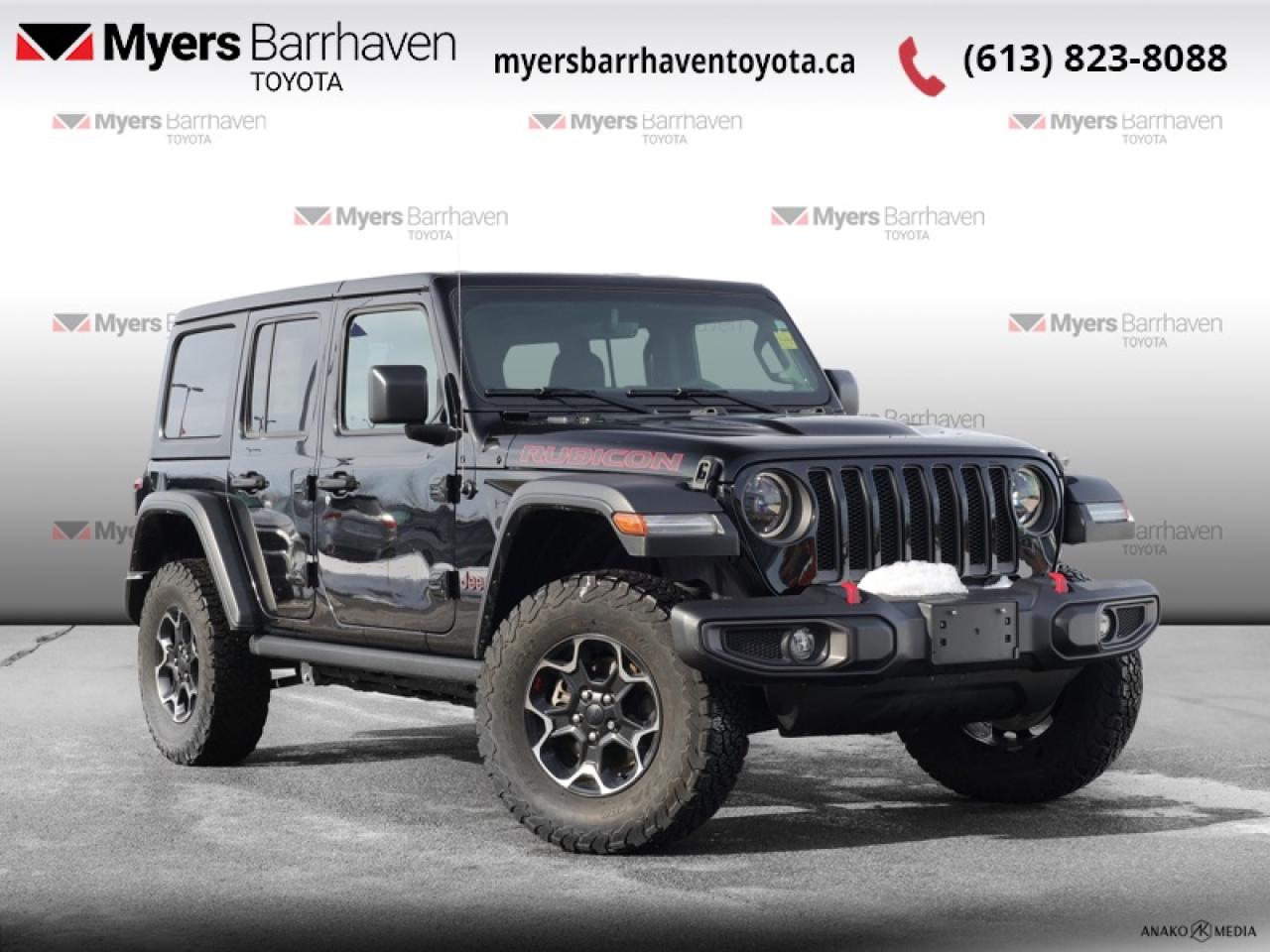 <b>Low Mileage, Off-Road Suspension,  Navigation,  Premium Audio,  4G Wi-Fi,  Climate Control!</b><br> <br>  Compare at $48774 - Our Live Market Price is just $46898! <br> <br>Whether youre concurring a highway mountain pass or challenging off-road trail, this reliable Jeep Wrangler is ready to get you there with style. This 2023 Jeep Wrangler is for sale today in Ottawa. <br> <br>No matter where your next adventure takes you, this Jeep Wrangler is ready for the challenge. With advanced traction and handling capability, sophisticated safety features and ample ground clearance, the Wrangler is designed to climb up and crawl over the toughest terrain. Inside the cabin of this Wrangler offers supportive seats and comes loaded with the technology you expect while staying loyal to the style and design youve come to know and love. This low mileage SUV has just 34,611 km. Its Black in colour. It has an Automatic transmission and is powered by a 270HP 2.0L 4 Cylinder Engine. <br> <br> Our Wranglers trim level is Unlimited Rubicon. This Unlimited Rubicon is ready for the rockiest trails, with beefy off-road suspension, heavy duty dampers, driver-selectable front and rear locking differentials, 5 skid plates for undercarriage protection, upgraded aluminum wheels with a full-size spare, a manual convertible top with fixed roll-over protection, and power heated side mirrors. Additional features include towing equipment including trailer sway control, two tow hooks on the front bumper and one on the rear, front fog lamps, and a ParkView back-up camera. Connectivity is handled by an upgraded 8.4-inch screen powered by Uconnect 4C NAV, and features inbuilt navigation, Apple CarPlay, Android Auto, 4G LTE mobile hotspot internet access, and an upgraded 9-speaker Alpine audio system. Comfort and convenience features also include power rear windows, a leatherette-wrapped steering wheel, illuminated front and rear cupholders, two 12-volt DC and a 120-volt AC power outlets, proximity keyless entry with push button start, voice-activated dual-zone front climate control, front and rear map lights, and all-weather floor mats. This vehicle has been upgraded with the following features: Off-Road Suspension, Navigation, Premium Audio, 4G Wi-Fi, Climate Control, Apple CarPlay, Android Auto.<br> To view the original window sticker for this vehicle view this <a href=http://www.chrysler.com/hostd/windowsticker/getWindowStickerPdf.do?vin=1C4HJXFN0PW647775 target=_blank>http://www.chrysler.com/hostd/windowsticker/getWindowStickerPdf.do?vin=1C4HJXFN0PW647775</a>. <br/><br> <br>To apply right now for financing use this link: <a href=https://www.myersbarrhaventoyota.ca/quick-approval/ target=_blank>https://www.myersbarrhaventoyota.ca/quick-approval/</a><br><br> <br/><br> Buy this vehicle now for the lowest bi-weekly payment of <b>$336.81</b> with $0 down for 84 months @ 7.99% APR O.A.C. ( Plus applicable taxes -  Plus applicable fees   ).  See dealer for details. <br> <br>At Myers Barrhaven Toyota we pride ourselves in offering highly desirable pre-owned vehicles. We truly hand pick all our vehicles to offer only the best vehicles to our customers. No two used cars are alike, this is why we have our trained Toyota technicians highly scrutinize all our trade ins and purchases to ensure we can put the Myers seal of approval. Every year we evaluate 1000s of vehicles and only 10-15% meet the Myers Barrhaven Toyota standards. At the end of the day we have mutual interest in selling only the best as we back all our pre-owned vehicles with the Myers *LIFETIME ENGINE TRANSMISSION warranty. Thats right *LIFETIME ENGINE TRANSMISSION warranty, were in this together! If we dont have what youre looking for not to worry, our experienced buyer can help you find the car of your dreams! Ever heard of getting top dollar for your trade but not really sure if you were? Here we leave nothing to chance, every trade-in we appraise goes up onto a live online auction and we get buyers coast to coast and in the USA trying to bid for your trade. This means we simultaneously expose your car to 1000s of buyers to get you top trade in value. <br>We service all makes and models in our new state of the art facility where you can enjoy the convenience of our on-site restaurant, shuttle van, free Wi-Fi, Enterprise Rent-A-Car, on-site tire storage, and complimentary drinks. Come see why many Toyota owners are making the switch to Myers Barrhaven Toyota. <br>*LIFETIME ENGINE TRANSMISSION WARRANTY NOT AVAILABLE FOR VEHICLES WITH KMS EXCEEDING 140,000KM, VEHICLES 8 YEARS & OLDER, HIGHLINE BRAND VEHICLES (e.g., BMW, INFINITI, CADILLAC, LEXUS), AND QUEBEC RESIDENTS.<br> Come by and check out our fleet of 90+ used cars and trucks and 40+ new cars and trucks for sale in Ottawa.  o~o