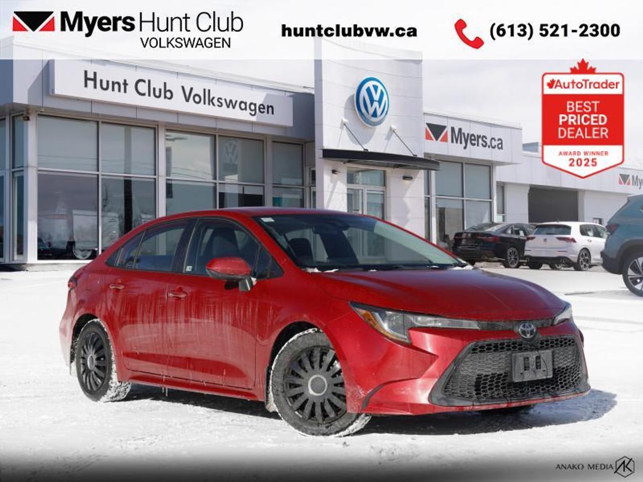 <b>Heated Seats,  Blind Spot Detection,  Lane Keep Assist,  LED Lights,  Apple CarPlay!</b><br> <br>  On Sale! Save $2094 on this one, weve marked it down from $20498.This Toyota Corolla is hard to pass up with its modern design and advanced safety features. This 2020 Toyota Corolla is for sale today in Gloucester. <br> <br>Loaded with premium safety features, this Toyota Corolla also offers assertive style and performance that thrills. Thanks to its powerful yet efficient engine, this amazing compact sedan yeilds incredible fuel economy in a fun to drive package. With seating for five and a folding rear seat, it comes with plenty of extra space for family, friends or extra cargo when needed. Built with the quality and reliability you expect, this Corolla brings an iconic name into the future with ease. This sedan has 99,100 km. Its Barcelona Red Metallic in colour. It has an Automatic transmission and is powered by a 1.8L I4 16V MPFI DOHC engine. It may have some remaining factory warranty, please check with dealer for details. <br> <br> Our Corollas trim level is LE. Upgrading to this Corolla LE is a great decision as it comes with heated front seats, automatic climate control, sleek Bi-LED headlights, a larger 8 inch touchscreen display featuring Scout GPS Link, Apple CarPlay, advanced voice recognition, 6 speakers, next gen USB 2.0 audio ports, wireless streaming audio, SIRI Eyes Free and a crisp rear view camera. Additional features include blind spot detection, remote keyless entry, Toyota Safety Sense, dynamic radar cruise control, lane departure warning with lane steering assist, power windows, power adjustable heated mirrors and much more. This vehicle has been upgraded with the following features: Heated Seats, Blind Spot Detection, Lane Keep Assist, LED Lights, Apple CarPlay, Adaptive Cruise Control, Streaming Audio.<br> <br>To apply right now for financing use this link: <a href=https://www.huntclubvw.com/requests/credit.html target=_blank>https://www.huntclubvw.com/requests/credit.html</a><br><br> <br/><br>At Myers Hunt Club Volkswagen, our focus is customers like you. Our dedicated service, parts, and sales team are here to make your automotive experience a special one. We are very proud of our achievements and awards over the last 25 years and are committed to providing the same great service to our present and future customers. If youre looking for a vehicle, Myers Hunt Club Volkswagen is your destination for new, used, and certified pre-owned Volkswagen vehicles as well as other makes and models. Whatever your needs, we can help you here at Myers Hunt Club Volkswagen. </br><br> Come by and check out our fleet of 70+ used cars and trucks and 90+ new cars and trucks for sale in Gloucester.  o~o