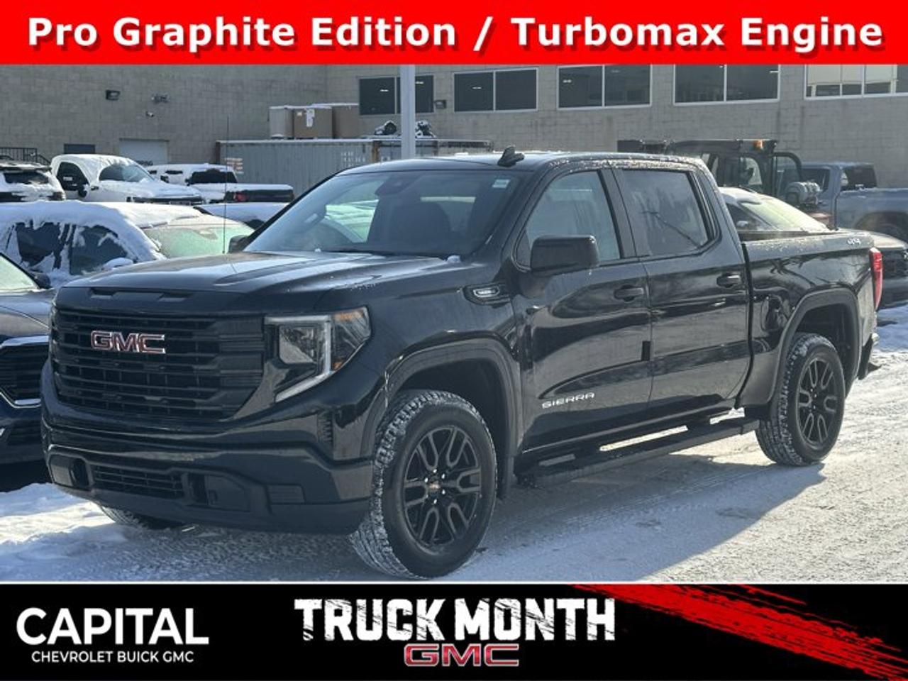 This GMC Sierra 1500 boasts a Turbocharged Gas I4 2.7L/166 engine powering this Automatic transmission. TRANSMISSION, 8-SPEED AUTOMATIC, (COLUMN SHIFTER) ELECTRONICALLY CONTROLLED with overdrive and tow/haul mode. Includes Cruise Grade Braking and Powertrain Grade Braking (STD), TRAILER BRAKE CONTROLLER, INTEGRATED, TAILGATE, GMC MULTIPRO TAILGATE with six functional load/access features (Includes (QT5) EZ Lift power lock and release tailgate..*This GMC Sierra 1500 Comes Equipped with These Options *PRO VALUE PACKAGE includes (PCI) Convenience Package and (Z82) Trailering Package , REAR AXLE, 3.42 RATIO, PRO PREFERRED EQUIPMENT GROUP includes standard equipment, GVWR, 7000 LBS. (3175 KG) (STD), GRAPHITE EDITION includes (U2K) SiriusXM, (VT5) body-colour rear bumper, (VB5) body colour front bumper, (B30) colour-keyed carpeting, (BTV) Remote Start, (UTJ) Theft-deterrent system, (RD3) 20 6-spoke High gloss Black painted aluminum wheels, and (QAB) 275/60R20 all-season tires and Body colour upper grille., ENGINE, 2.7L TURBOMAX (310 hp [231 kW] @ 5600 rpm, 430 lb-ft of torque [583 Nm] @ 3000 rpm) Includes (KW5) 220-amp alternator.) (STD), ENGINE BLOCK HEATER, AUTO-LOCKING REAR DIFFERENTIAL, Wireless, Apple CarPlay / Wireless Android Auto, Windows, power rear, express down (Not available on Regular Cab models.).* Visit Us Today *Stop by Capital Chevrolet Buick GMC Inc. located at 13103 Lake Fraser Drive SE, Calgary, AB T2J 3H5 for a quick visit and a great vehicle!