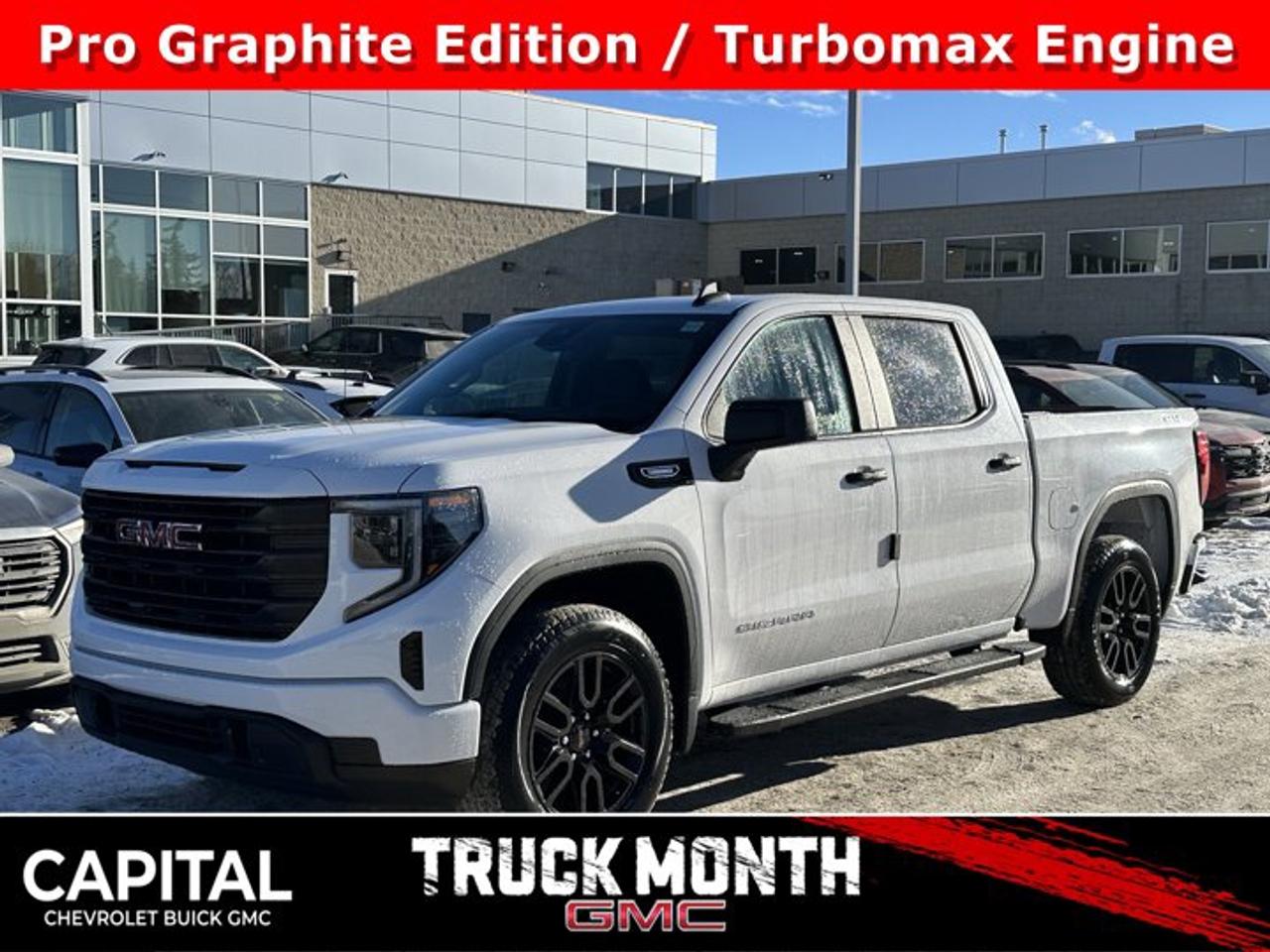 This GMC Sierra 1500 boasts a Turbocharged Gas I4 2.7L/166 engine powering this Automatic transmission. TRANSMISSION, 8-SPEED AUTOMATIC, (COLUMN SHIFTER) ELECTRONICALLY CONTROLLED with overdrive and tow/haul mode. Includes Cruise Grade Braking and Powertrain Grade Braking (STD), TRAILER BRAKE CONTROLLER, INTEGRATED, TAILGATE, GMC MULTIPRO TAILGATE with six functional load/access features (Includes (QT5) EZ Lift power lock and release tailgate..* This GMC Sierra 1500 Features the Following Options *PRO VALUE PACKAGE includes (PCI) Convenience Package and (Z82) Trailering Package , REAR AXLE, 3.42 RATIO, PRO PREFERRED EQUIPMENT GROUP includes standard equipment, GVWR, 7000 LBS. (3175 KG) (STD), GRAPHITE EDITION includes (U2K) SiriusXM, (VT5) body-colour rear bumper, (VB5) body colour front bumper, (B30) colour-keyed carpeting, (BTV) Remote Start, (UTJ) Theft-deterrent system, (RD3) 20 6-spoke High gloss Black painted aluminum wheels, and (QAB) 275/60R20 all-season tires and Body colour upper grille., ENGINE, 2.7L TURBOMAX (310 hp [231 kW] @ 5600 rpm, 430 lb-ft of torque [583 Nm] @ 3000 rpm) Includes (KW5) 220-amp alternator.) (STD), ENGINE BLOCK HEATER, AUTO-LOCKING REAR DIFFERENTIAL, Wireless, Apple CarPlay / Wireless Android Auto, Windows, power rear, express down (Not available on Regular Cab models.).* Stop By Today *Come in for a quick visit at Capital Chevrolet Buick GMC Inc., 13103 Lake Fraser Drive SE, Calgary, AB T2J 3H5 to claim your GMC Sierra 1500!