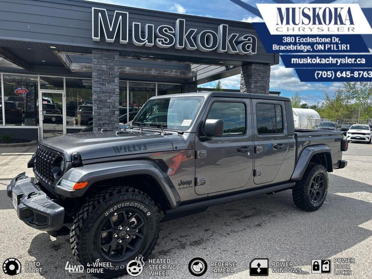 This JEEP GLADIATOR WILLYS, with a 3.6L V-6 engine engine, features a 8-speed automatic transmission, and generates 10.8 highway/13.7 city L/100km. Find this vehicle with only 15 kilometers!  JEEP GLADIATOR WILLYS Options: This JEEP GLADIATOR WILLYS offers a multitude of options. Technology options include: 2 LCD Monitors In The Front, MP3 Capability, Satellite Radio.  Safety options include Variable Intermittent Wipers, Airbag Occupancy Sensor, Curtain 1st And 2nd Row Airbags, Dual Stage Driver And Passenger Front Airbags, Dual Stage Driver And Passenger Seat-Mounted Side Airbags.  Visit Us: Find this JEEP GLADIATOR WILLYS at Muskoka Chrysler today. We are conveniently located at 380 Ecclestone Dr Bracebridge ON P1L1R1. Muskoka Chrysler has been serving our local community for over 40 years. We take pride in giving back to the community while providing the best customer service. We appreciate each and opportunity we have to serve you, not as a customer but as a friend