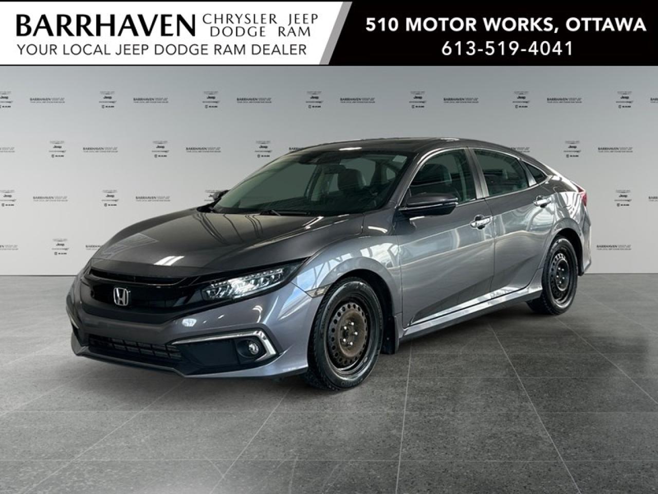 Experience the sophistication of the 2020 Honda Civic Sedan Touring CVT, draped in an elegant Gray finish. With front-wheel drive providing smooth handling, this sedan is designed to offer a stellar driving experience. The exterior exudes charm with alloy wheels and heated mirrors, while the sunroof adds a touch of luxury. Inside, the innovation and comfort are immediately apparent with leather seats, a leather steering wheel, and leatherette door trim inserts. The spacious interior, complete with heated front and rear seats, creates an ambiance of comfort and style. Cutting-edge technology comes to life with the navigation system, a user-friendly backup camera, and smart device integration, ensuring you stay connected and informed. Safety and convenience are prioritized with features like brake assist, lane assist, and adaptive cruise control. The automatic transmission and remote start add another layer of ease to your drive. Perfect for professionals and families alike, this Civic is well-equipped to accommodate an active lifestyle. Dont miss the chance to explore this feature-rich vehicle. Contact our dealership today for more details and to arrange a viewing.