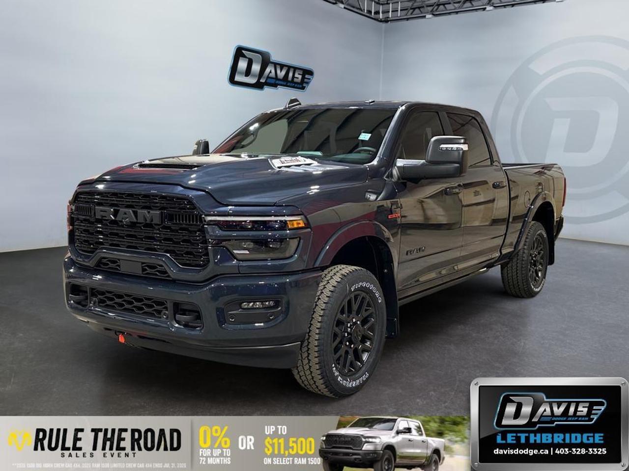 <b>Premium Harman/Kardon Audio, Wireless Charging, Navigation, Heated Seats, Blind Spot Detection!<br /> <br /></b><br /> The 2026 Ram 3500 Limited is the ultimate heavy-duty luxury pickup, engineered for serious work while delivering premium comfort and advanced technology. Under the hood, this truck is powered by the legendary 6.7L Cummins® High-Output Turbo Diesel engine paired with an 8-speed TorqueFlite® HD automatic transmission, offering exceptional towing capability and confident performance. Equipped with 4x4, auto-level rear air suspension, trailer brake control, Class V receiver hitch, and fifth-wheel/gooseneck prep, this Ram 3500 Limited is built to handle the toughest jobs with ease.<br /><br />Inside, the Limited trim surrounds you with refinement, featuring ultra-premium leather seating, heated and ventilated front seats, heated second-row seats, and power-adjustable seats with memory. The cabin is exceptionally quiet thanks to active noise control and acoustic glass, while modern conveniences include a massive 14.4-inch Uconnect® 5 NAV touchscreen, digital instrument cluster, dual wireless charging pads, Apple CarPlay®, Android Auto, Alexa Built-In, and a 17-speaker Harman Kardon® premium audio system. Power-deployable running boards, a panoramic sunroof, and ambient LED lighting further elevate the experience.<br /><br />Advanced safety and driver-assist technologies add confidence on every drive, including Adaptive Cruise Control with Stop & Go, Blind Spot Monitoring with Trailer Detection, Surround View Camera, Lane Management, Drowsy Driver Detection, and Forward Collision Warning with Active Braking. Finished in Forged Blue Metallic with Night Edition black accents and 20-inch black aluminum wheels, the 2026 Ram 3500 Limited perfectly blends commanding capability with upscale design, making it an exceptional choice for drivers who demand luxury without sacrificing strength.<br /> <br />To apply right now for financing use this link: <a href=https://lethbridge.davisdodge.ca/free-credit-check/ target=_blank rel=nofollow noopener noreferrer>https://lethbridge.davisdodge.ca/free-credit-check/</a><br /> <br /><br />As a premier Chrysler, Dodge, Jeep and RAM dealership, Davis Dodge proudly offers an extensive selection of new and used vehicles to meet every drivers needs. Customers across Lethbridge, Fort Macleod, Taber, Claresholm, Coaldale, and beyond trust us for daily vehicle specials, certified service and parts, and a seamless online inventory experience. <br /><br /> With competitive financing options and expert support, we make car buying easy and enjoyable. <br /><br /> Ready to hit the road? Schedule your test drive today at Davis Dodge, your trusted Chrysler, Dodge, Jeep and RAM dealer in Lethbridge, Alberta.<br /><br /> Vehicle pricing offer shown expires 2026-07-31. <br /> Come by and check out our fleet of 50+ used cars and trucks and 110+ new cars and trucks for sale in Lethbridge. o~o