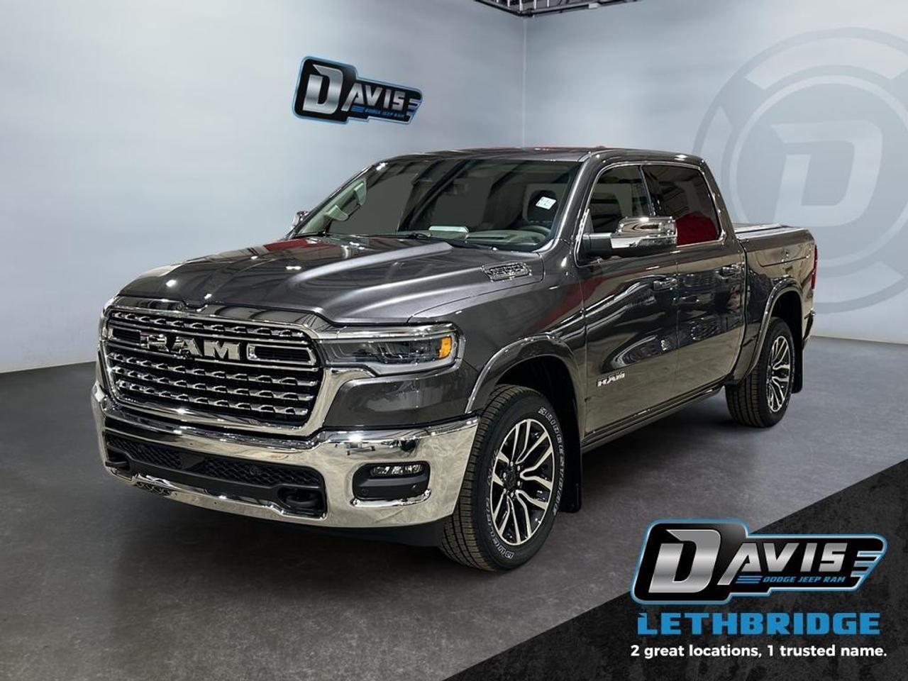 <b>Power Tailgate, Power Running Boards, Massage Seats, Heated and Cooled Seats!<br /> <br /></b><br /> <br /> <br />The 2026 Ram 1500 Limited Longhorn Crew Cab 4x4 delivers authentic western luxury paired with modern capability, making it one of the most refined full-size trucks on the road. Finished in Granite Crystal Metallic Clear Coat, this Longhorn stands out with signature chrome accents, premium 20-inch painted and polished wheels, power deployable running boards, LED projector headlights, and distinctive Longhorn badging that elevate its upscale presence.<br /><br />Powered by the 3.0L Hurricane High-Output inline-6 twin-turbo engine with an 8-speed automatic transmission and four-wheel drive, this Ram offers smooth, confident performance for towing, highway cruising, and all-weather driving. A 3.92 rear axle, anti-spin rear differential, four-corner air suspension, trailer brake control, and Class IV hitch provide impressive capability without sacrificing ride comfort.<br /><br />Inside, the cabin showcases premium Longhorn leather seats with filigree detailing in Bison Brown, real wood accents, and luxury craftsmanship throughout. Features include heated and ventilated front and rear seats, front seat massage, heated steering wheel, head-up display, panoramic sunroof, and Uconnect 5 NAV with a massive 14.4-inch touchscreen and passenger interactive display. With a 19-speaker Harman Kardon audio system, RamBox cargo management, surround-view camera, hands-free active driving assist, adaptive cruise control, blind spot monitoring, and lane management, the 2026 Ram 1500 Limited Longhorn 4x4 blends premium comfort, advanced technology, and serious truck capability in one exceptional package.<br /> <br />To apply right now for financing use this link: <a href=https://lethbridge.davisdodge.ca/free-credit-check/ target=_blank rel=nofollow noopener noreferrer>https://lethbridge.davisdodge.ca/free-credit-check/</a><br /><br /> <br /><br />As a premier Chrysler, Dodge, Jeep and RAM dealership, Davis Dodge proudly offers an extensive selection of new and used vehicles to meet every drivers needs. Customers across Lethbridge, Fort Macleod, Taber, Claresholm, Coaldale, and beyond trust us for daily vehicle specials, certified service and parts, and a seamless online inventory experience. <br /><br /> With competitive financing options and expert support, we make car buying easy and enjoyable. <br /><br /> Ready to hit the road? Schedule your test drive today at Davis Dodge, your trusted Chrysler, Dodge, Jeep and RAM dealer in Lethbridge, Alberta.<br /><br /> Vehicle pricing offer shown expires 2026-04-30. <br /> Come by and check out our fleet of 70+ used cars and trucks and 110+ new cars and trucks for sale in Lethbridge. o~o