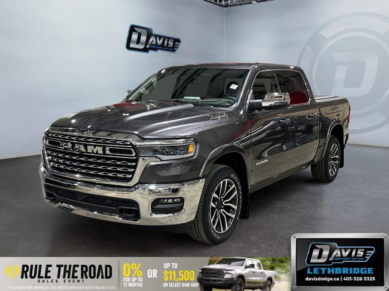 <p>Experience the unparalleled blend of rugged strength and luxurious comfort with the all-new 2026 Ram 1500 Limited Longhorn 4x4 Crew Cab with a 5'7" box. This versatile truck is finished in a sophisticated gray exterior complemented by a rich brown interior, providing both style and functionality for your drives.</p><p><strong>Interior Features:</strong></p><ul><li>Brown premium upholstery with Longhorn Instrument Cluster</li><li>Heated and cooled front and rear seats for year-round comfort</li><li>Advanced Longhorn Instrument Cluster with Premium Door Trim Panel</li><li>Smart device integration and Wi-Fi hotspot for seamless connectivity</li><li>Spacious cabin with Granite Crystal Metallic accents</li></ul><p><strong>Exterior Features:</strong></p><ul><li>Bright grille with bright surround and Longhorn Exterior Badge</li><li>Running boards for style and ease of access</li><li>Granite Crystal Metallic finish</li><li>Tri-Fold Soft Tonneau Cover and RamBox Cargo Management System</li><li>Dual-pane panoramic sunroof with LED dome reading lamps</li></ul><p><strong>Technology & Safety Features:</strong></p><ul><li>Uconnect 5 Nav system with a stunning 14.4" touchscreen display</li><li>Cutting-edge Hands-Free Active Driving Assist System</li><li>Surround View Camera System and ParkSense parking sensors</li><li>Adaptive cruise control with traffic sign recognition</li><li>Head-Up Display and Digital Rearview Mirror with autodim capability</li><li>Evasive Steer Assist and Intersection Collision Assist System</li><li>Drowsy Driver Detection and Lane Assist for enhanced safety</li></ul><p>Perfectly designed for those who seek a high-caliber combination of performance, luxury, and safety, this Ram 1500 is your ultimate driving companion. Reach out to Davis Dodge Lethbridge today and make this exceptional truck yours!</p>
