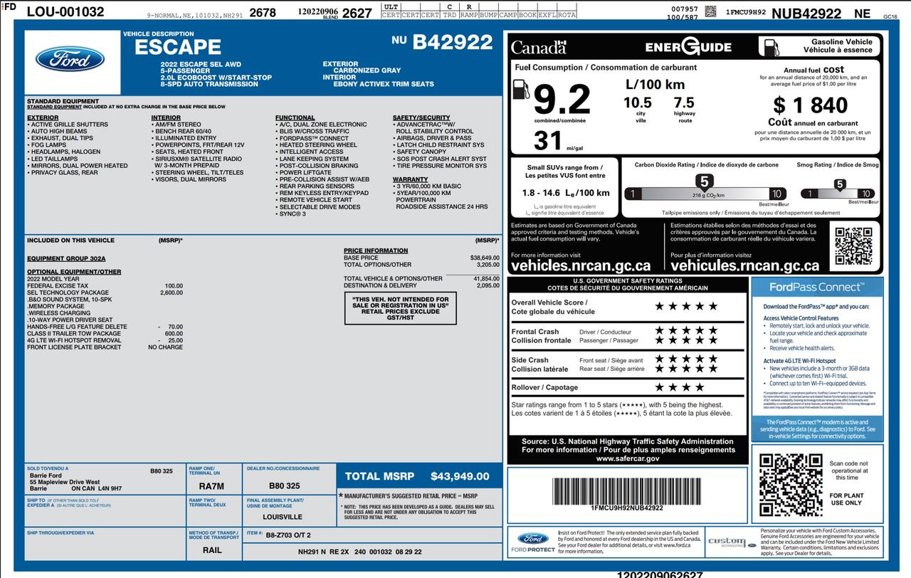 2022 Ford Escape SEL 302A|TECH PK|TOW PK|B&O|PREV DEMO|2.0L Photo