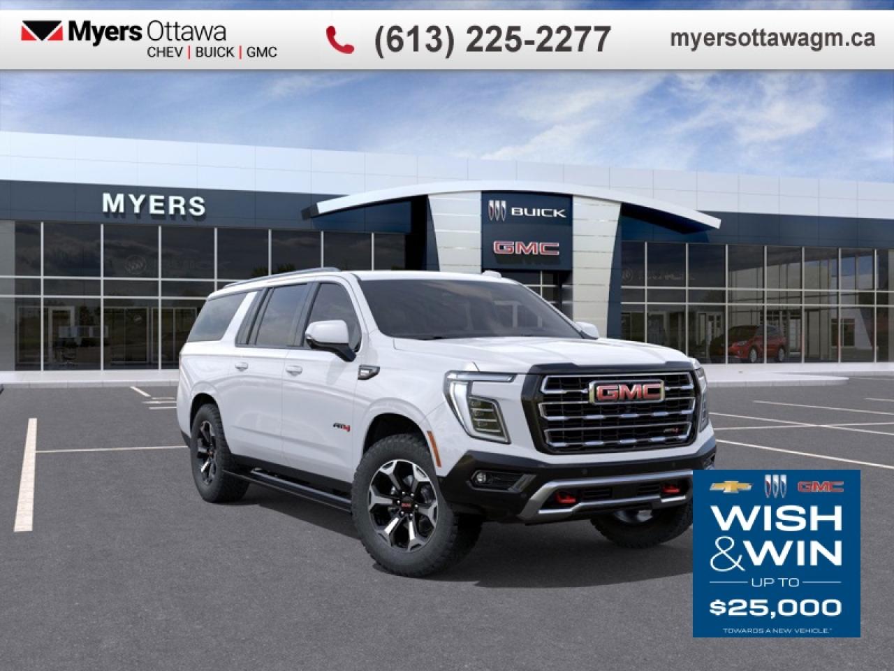 <br> <br>WOW- WHTE ON FOREST STORM XL AT4- 3.0 DURAMAX DIESEL, AWD, PANO SUNROOF, POWER STEPS WITH PERMITER LIGHTING, BLACK APPEARANCE PACKAGE, ILLUNIMATION PACKAGE, TECH PACKAGE, UNREAL SPECS!!!<br> <br>This GMC Yukon XL is a traditional full-size SUV thats thoroughly modern. With its truck-based body-on-frame platform, its every bit as tough and capable as a full size pickup truck. The handsome exterior and well-appointed interior are what make this SUV a desirable family hauler. This Yukon sits above the competition in tech, features and aesthetics while staying capable and comfortable enough to take the whole family and a camper along for the adventure. <br> <br> This summit white SUV  has an automatic transmission and is powered by a  305HP 3.0L Straight 6 Cylinder Engine.<br> <br> Our Yukon XLs trim level is AT4. This GMC trim blends rugged capability with premium comfort, offering a 16.8-inch Premium Infotainment System with Google built-in, Bose 10-speaker audio, wireless smartphone integration, and 5G Wi-Fi for advanced connectivity. Heated and ventilated leather-appointed seats, tri-zone climate control, a power-folding third row, adaptive cruise control, and multiple USB ports ensure a refined cabin experience. Magnetic Ride Control, a 2-speed Autotrac transfer case, heavy-duty trailering package, red recovery hooks, and a front skid plate add confidence on tough terrain, while a hands-free power liftgate, remote start, LED lighting, and 20-inch Carbon Flash Metallic wheels enhance convenience and style. Safety technologies such as HD Surround Vision, Blind Zone Steering Assist, and Enhanced Automatic Emergency Braking provide added reassurance.<br><br> <br>To apply right now for financing use this link : <a href=https://creditonline.dealertrack.ca/Web/Default.aspx?Token=b35bf617-8dfe-4a3a-b6ae-b4e858efb71d&Lang=en target=_blank>https://creditonline.dealertrack.ca/Web/Default.aspx?Token=b35bf617-8dfe-4a3a-b6ae-b4e858efb71d&Lang=en</a><br><br> <br/>    4.79% financing for 84 months. <br> Buy this vehicle now for the lowest bi-weekly payment of <b>$948.12</b> with $0 down for 84 months @ 4.79% APR O.A.C. ( taxes included, **Rebates may not be applicable on all purchase types [cash, lease, or finance]. Eligibility and conditions may vary. Please see dealer for full details and confirmation of eligibility.    / Federal Luxury Tax of $4940.00 included.).  Incentives expire 2026-01-02.  See dealer for details. <br> <br><br> Come by and check out our fleet of 40+ used cars and trucks and 180+ new cars and trucks for sale in Ottawa.  o~o