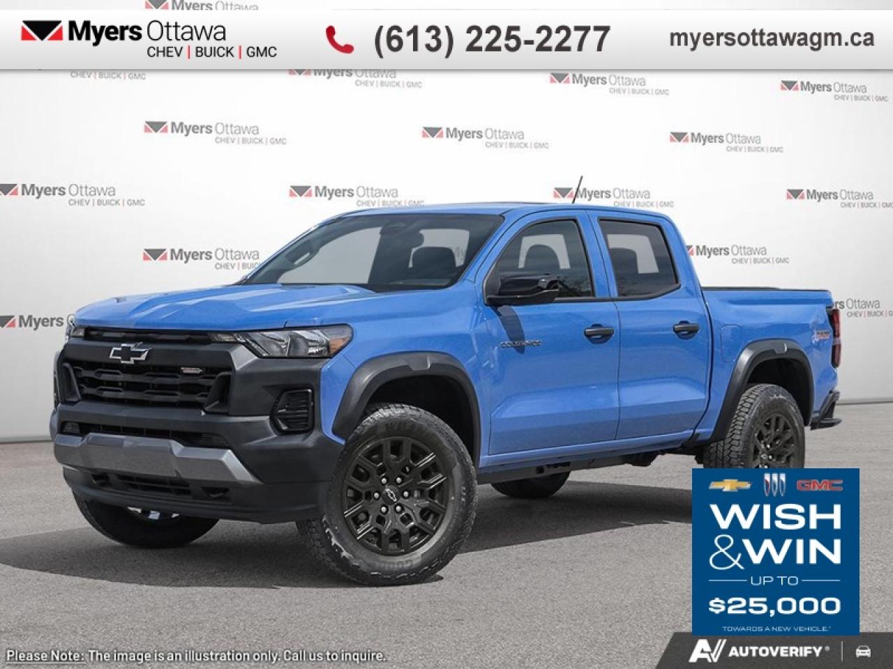 <br> <br>26 TRAILBOSS CREW WITH - REMOTE START, WIRELESS CHARGING, HEATED SEATS, HEATED STEERING WHEEL, SPRAY IN LINER, IN STOCK <br><br><br>The 2026 Chevrolet Colorado is built for drivers who need a truck that can handle both tough jobs and daily life with ease. Its interior offers the right blend of comfort, functionality, and modern tech to support your workday or weekend adventure. With solid capability, thoughtful design, and advanced safety features, the Colorado remains a trusted choice in the midsize truck segment.<br> <br> This reef blue metallic Crew Cab 4X4 pickup   has an automatic transmission and is powered by a  310HP 2.7L 4 Cylinder Engine.<br> <br> Our Colorados trim level is Trail Boss. Tackle the great outdoors in this Colorado Trail Boss, with upgraded all-terrain aluminum wheels, hill descent control, a locking rear differential and off-roading suspension with switchable drive modes, along with push button start and daytime running lights, along with great standard features such as a vivid 11.3-inch diagonal infotainment screen with Apple CarPlay and Android Auto, remote keyless entry, air conditioning, and a 6-speaker audio system. Safety features include automatic emergency braking, front pedestrian braking, lane keeping assist with lane departure warning, Teen Driver, and forward collision alert with IntelliBeam high beam assist. This vehicle has been upgraded with the following features: Spray-on Bedliner. <br><br> <br>To apply right now for financing use this link : <a href=https://creditonline.dealertrack.ca/Web/Default.aspx?Token=b35bf617-8dfe-4a3a-b6ae-b4e858efb71d&Lang=en target=_blank>https://creditonline.dealertrack.ca/Web/Default.aspx?Token=b35bf617-8dfe-4a3a-b6ae-b4e858efb71d&Lang=en</a><br><br> <br/>    4.79% financing for 84 months. <br> Buy this vehicle now for the lowest bi-weekly payment of <b>$412.27</b> with $0 down for 84 months @ 4.79% APR O.A.C. ( taxes included, **Rebates may not be applicable on all purchase types [cash, lease, or finance]. Eligibility and conditions may vary. Please see dealer for full details and confirmation of eligibility.   ).  Incentives expire 2026-01-02.  See dealer for details. <br> <br><br> Come by and check out our fleet of 50+ used cars and trucks and 180+ new cars and trucks for sale in Ottawa.  o~o