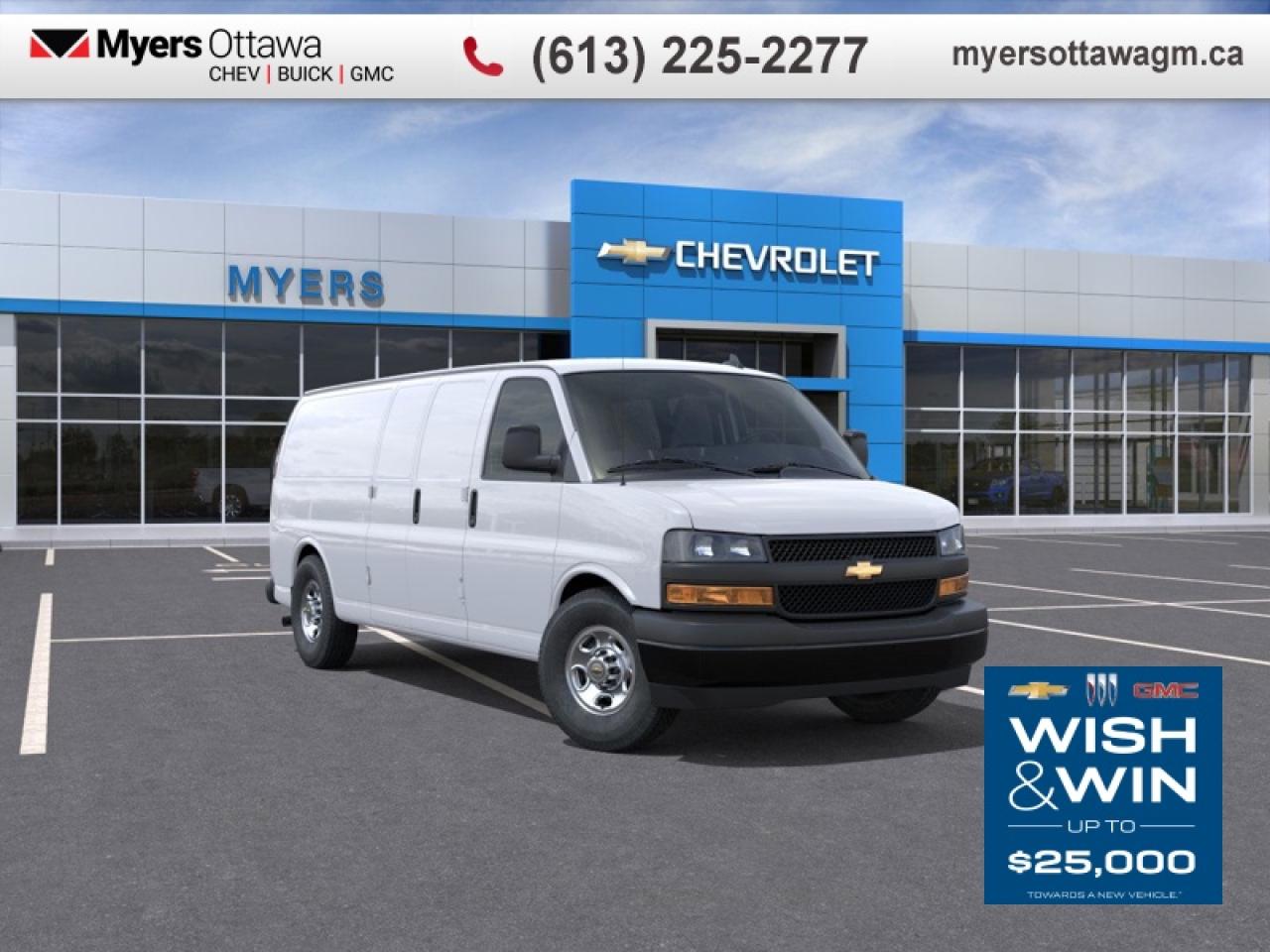 <b>IN STOCK </b><br>  <br> <br>2025 EXPRESS 155 CARGO WITH 6.6 V8- TRAILERING PACK, DRIVER CONFIDENCE PACKAGE, BACK UP ALARM, TRAILERING , IN STOCK REAR CAMERA, BLUETOOTH, CRUISE,<br> <br>This Chevrolet Express Cargo is a full-size van with two seats and an expansive cargo area. If you want the capability of a truck, but need the cargo space provided by van, this Chevy Express is perfect fit for you. You can haul big payloads and or customize this Express to perfectly fit for your business needs.<br> <br> This summit white van  has an automatic transmission.<br><br> <br>To apply right now for financing use this link : <a href=https://creditonline.dealertrack.ca/Web/Default.aspx?Token=b35bf617-8dfe-4a3a-b6ae-b4e858efb71d&Lang=en target=_blank>https://creditonline.dealertrack.ca/Web/Default.aspx?Token=b35bf617-8dfe-4a3a-b6ae-b4e858efb71d&Lang=en</a><br><br> <br/> Weve discounted this vehicle $4000.    0% financing for 36 months. 4.79% financing for 84 months. <br> Buy this vehicle now for the lowest bi-weekly payment of <b>$426.61</b> with $0 down for 84 months @ 4.79% APR O.A.C. ( taxes included, **Rebates may not be applicable on all purchase types [cash, lease, or finance]. Eligibility and conditions may vary. Please see dealer for full details and confirmation of eligibility.   ).  Incentives expire 2026-01-02.  See dealer for details. <br> <br><br> Come by and check out our fleet of 50+ used cars and trucks and 180+ new cars and trucks for sale in Ottawa.  o~o