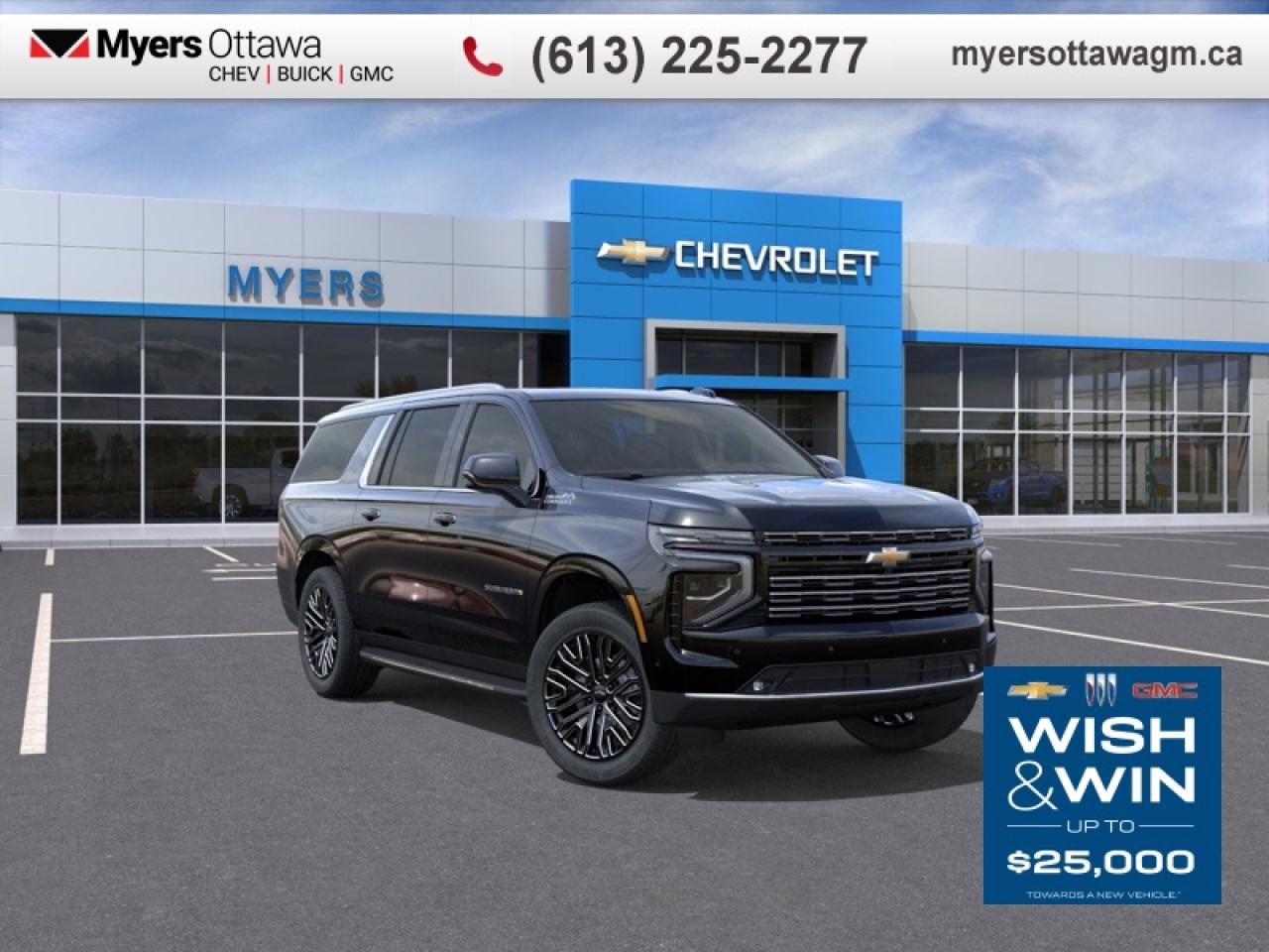 <br> <br>UPGRADES INCLUDE- PANORAMIC SUNROOF, TOWING PACKAGE, SMART TOW INTEGRATION, 22 LOW GLOSS BLACK ALLOSYS, LEATHER, 2ND TOW BUCKETS <br> <br>The 2026 Chevrolet Suburban combines generous three-row seating, refined amenities and cutting-edge technology to create a full-size SUV that truly fits your lifestyle. Its spacious interior, modern connectivity and thoughtful design let you bring people and gear with ease and confidence. With its bold appearance, advanced safety systems and functional adaptability, the Suburban stands ready for whatever your next destination may be<br> <br> This black SUV  has an automatic transmission and is powered by a  420HP 6.2L 8 Cylinder Engine.<br> <br> Our Suburbans trim level is High Country. Standard features include a 10-speaker Bose premium audio system, a drivers head up display, wireless charging for mobile devices, leather-trimmed seats with ventilated and heated front seats, heated rear seats, a heated steering wheel, and a power liftgate for rear cargo access. Additional standard features include wireless Apple CarPlay and Android Auto, remote engine start with keyless entry, LED headlights with IntelliBeam, tri-zone climate control, and SiriusXM satellite radio. Safety features also include automatic emergency braking, lane keeping assist with lane departure warning, and front and rear park assist. This vehicle has been upgraded with the following features: Leather Seats, 22-inch Steel Wheels. <br><br> <br>To apply right now for financing use this link : <a href=https://creditonline.dealertrack.ca/Web/Default.aspx?Token=b35bf617-8dfe-4a3a-b6ae-b4e858efb71d&Lang=en target=_blank>https://creditonline.dealertrack.ca/Web/Default.aspx?Token=b35bf617-8dfe-4a3a-b6ae-b4e858efb71d&Lang=en</a><br><br> <br/>    4.79% financing for 84 months. <br> Buy this vehicle now for the lowest bi-weekly payment of <b>$910.91</b> with $0 down for 84 months @ 4.79% APR O.A.C. ( taxes included, **Rebates may not be applicable on all purchase types [cash, lease, or finance]. Eligibility and conditions may vary. Please see dealer for full details and confirmation of eligibility.    / Federal Luxury Tax of $4092.00 included.).  Incentives expire 2026-01-02.  See dealer for details. <br> <br><br> Come by and check out our fleet of 40+ used cars and trucks and 180+ new cars and trucks for sale in Ottawa.  o~o