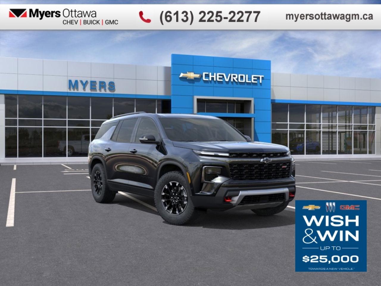 <br> <br>UPGRADES INCLUDE- PANORAMIC SUNROOF, BLACK EMBLEMS, SUPER CRUISE, AUTO PARKING, BOSE PREMIUM 12 SPEAKERS<br><br><br>The 2026 Chevrolet Traverse offers generous space, advanced connectivity and refined comfort for drivers who need a capable three-row SUV without compromise. Its interior delivers intuitive tech, premium finishes and seating designed to keep everyone comfortable on every journey. Built to support both daily routines and spirited getaways, the Traverse provides a confident, versatile ride for families and active lifestyles alike.<br> <br> This mosaic black metallic SUV  has an automatic transmission and is powered by a  328HP 2.5L 4 Cylinder Engine.<br> <br> Our Traverses trim level is Z71. This Traverse Z71 steps things up with a trailering package and black aluminum wheels, along with heated front seats with a heated steering wheel, remote engine start, an AutoSense power liftgate for rear cargo access, adaptive cruise control, a wireless charging pad, and an expansive 17.7-inch infotainment screen with inbuilt navigation, wireless Apple CarPlay and Android Auto, and SiriusXM. Safety features also include blind zone alert, lane keep assist with lane departure warning, HD surround vision, following distance indication and forward collision alert. This vehicle has been upgraded with the following features: Sunroof. <br><br> <br>To apply right now for financing use this link : <a href=https://creditonline.dealertrack.ca/Web/Default.aspx?Token=b35bf617-8dfe-4a3a-b6ae-b4e858efb71d&Lang=en target=_blank>https://creditonline.dealertrack.ca/Web/Default.aspx?Token=b35bf617-8dfe-4a3a-b6ae-b4e858efb71d&Lang=en</a><br><br> <br/>    4.79% financing for 84 months. <br> Buy this vehicle now for the lowest bi-weekly payment of <b>$510.57</b> with $0 down for 84 months @ 4.79% APR O.A.C. ( taxes included, **Rebates may not be applicable on all purchase types [cash, lease, or finance]. Eligibility and conditions may vary. Please see dealer for full details and confirmation of eligibility.   ).  Incentives expire 2026-01-02.  See dealer for details. <br> <br><br> Come by and check out our fleet of 40+ used cars and trucks and 180+ new cars and trucks for sale in Ottawa.  o~o