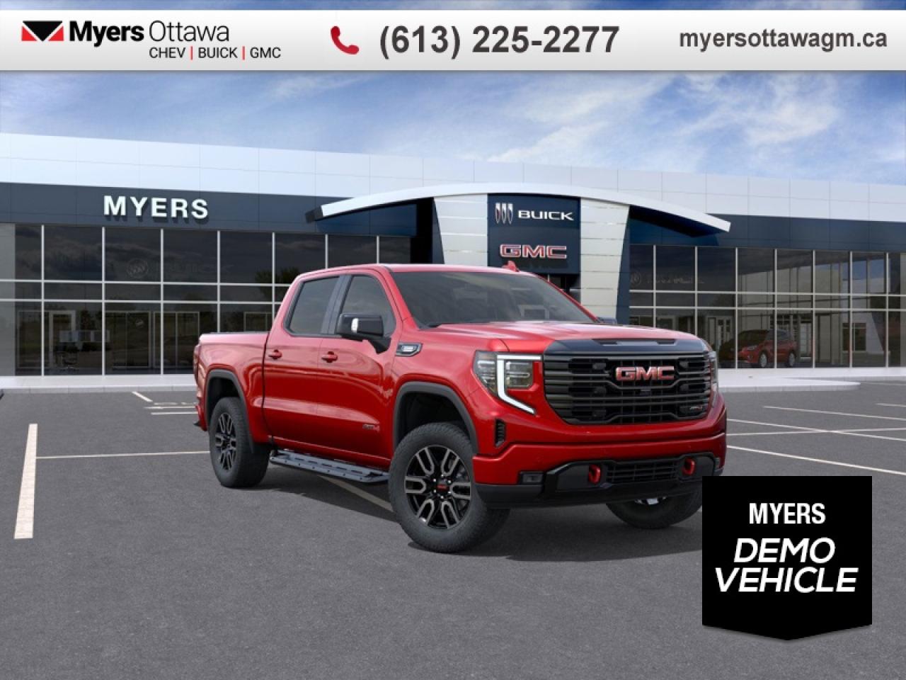 <b>CERTIFIED </b><br>  <br> <br>UPGRADES INC- POWER SUNROOF, TECH PACKAGE, 3.0 DURAMAX ENGINE, REAR SLIDING WINDOW, SPORTS STEPS, TRI FOLD TONNEAU COVER, HUD, LOADED<br> <br>This 2026 GMC Sierra 1500 stands out in the midsize pickup truck segment, with bold proportions that create a commanding stance on and off road. Next level comfort and technology is paired with its outstanding performance and capability. Inside, the Sierra 1500 supports you through rough terrain with expertly designed seats and robust suspension. This amazing 2026 Sierra 1500 is ready for whatever.<br> <br> This volcanic red tintcoat sought after diesel crew cab 4X4 pickup   has an automatic transmission and is powered by a  305HP 3.0L Straight 6 Cylinder Engine.<br> <br> Our Sierra 1500s trim level is AT4. This trim delivers a commanding blend of rugged off-road performance and premium refinement, featuring a factory-installed 2-inch lift, monotube shocks, skid plates, and red recovery hooks for confident trail capability. Inside, the cabin is tailored for comfort with perforated leather bucket seats, heating and ventilation for front passengers, heated rear outboard seats, dual-zone climate control, and advanced tech like a 13.4-inch Premium GMC Infotainment System with Google built-in, Bose premium audio, wireless Apple CarPlay, Android Auto, and wireless charging. Convenience is elevated with a 12.3-inch reconfigurable Driver Information Centre, adaptive cruise control, keyless open and start, remote start, and a power-adjustable steering column. The versatile MultiPro Tailgate, spray-on bedliner, and integrated trailering technology with Hitch View, Hitch Guidance, Trailer Side Blind Zone Alert, and HD Surround Vision enhance everyday utility, while GMC Pro Safety adds confidence through features like Forward Collision Alert, Lane Keep Assist, Automatic Emergency Braking, and Rear Cross Traffic Braking. This vehicle has been upgraded with the following features: Leather Seats, Sunroof, Duramax 3.0l Turbo Diesel Engine, Spray-on Bedliner, Technology Package. <br><br> <br>To apply right now for financing use this link: <a href=https://creditonline.dealertrack.ca/Web/Default.aspx?Token=b35bf617-8dfe-4a3a-b6ae-b4e858efb71d&Lang=en target=_blank>https://creditonline.dealertrack.ca/Web/Default.aspx?Token=b35bf617-8dfe-4a3a-b6ae-b4e858efb71d&Lang=en</a><br><br> <br/> Total  rebate of $5000 is reflected in the price.   Incentives expire 2026-02-02.  See dealer for details. <br> <br><br> Come by and check out our fleet of 50+ used cars and trucks and 190+ new cars and trucks for sale in Ottawa.  o~o