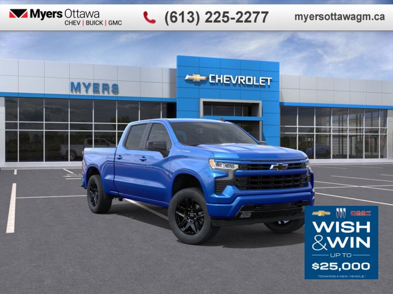 <br> <br>UPGRADES INC- FRONT BUCKETS HEATED WITH CONSOLE, 5.3 V8, SPRAY IN LINER AND WHEEL HOUSE LINERS, 20 GLOSS BLACK ALLOYS<br> <br>The 2026 Chevrolet Silverado 1500 delivers full-size pickup performance with a polished interior and smart technology to meet the demands of both work and play. Inside youll find an interior designed for comfort and connectivity, outfitted with modern amenities and a layout that supports both productivity and leisure. With such versatility, the Silverado 1500 stands ready to take on the tough jobs and the long drives in equal fashion.<br> <br> This riptide blue metallic crew cab 4X4 pickup   has an automatic transmission and is powered by a  355HP 5.3L 8 Cylinder Engine.<br> <br> Our Silverado 1500s trim level is RST. This trim steps things up with heated front seats, a heated steering wheel and dual-zone climate control, along with a trailering package, remote start, aluminum wheels, hitch guidance, a power locking EZ lift tailgate, and an upgraded 13.4-inch infotainment display with navigation capability, Apple CarPlay and Android Auto. Safety features also include lane keep assist with lane departure warning, following distance indication, forward collision alert, and automatic emergency braking with front pedestrian braking. This vehicle has been upgraded with the following features: 20 Inch Aluminum Wheels. <br><br> <br>To apply right now for financing use this link : <a href=https://creditonline.dealertrack.ca/Web/Default.aspx?Token=b35bf617-8dfe-4a3a-b6ae-b4e858efb71d&Lang=en target=_blank>https://creditonline.dealertrack.ca/Web/Default.aspx?Token=b35bf617-8dfe-4a3a-b6ae-b4e858efb71d&Lang=en</a><br><br> <br/> Total  rebate of $5000 is reflected in the price.   Incentives expire 2026-01-02.  See dealer for details. <br> <br><br> Come by and check out our fleet of 40+ used cars and trucks and 190+ new cars and trucks for sale in Ottawa.  o~o