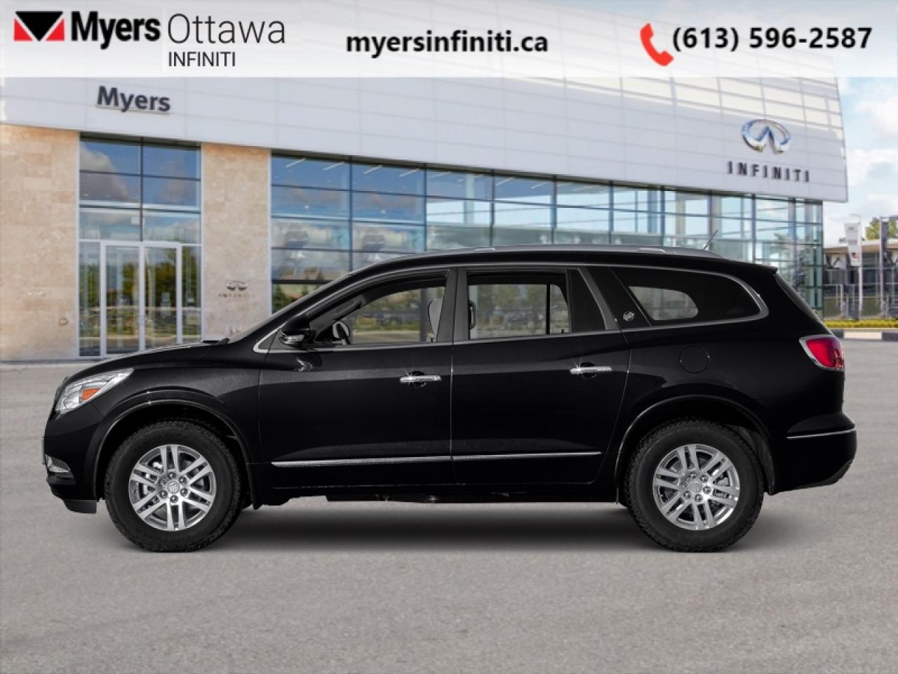 <b>Leather Seats,  Heated Seats,  Power Tailgate,  Park Assist,  Memory Seats!</b><br> <br>   Technology, luxury, and safety all come standard on the spacious Buick Enclave. This 2016 Buick Enclave is fresh on our lot in Ottawa. <br> <br>The 2016 Enclave is the finest luxury crossover SUV you can buy offering premium comfort, a range of advanced high-tech safety features, and technology to keep you connected. Take a seat in the 2016 Enclave, and the first thing you notice is a sense of openness. A low and away instrument panel keeps controls within easy reach. Premium materials, leather seating, warm wood tones, and brushed chrome accents create a sophisticated interior. And three rows of first class seating ensure your passengers will feel instantly at ease.This  SUV has 172,219 kms. Its ebony twilight metallic in colour and is completely accident free based on the <a href=https://vhr.carfax.ca/?id=WZBrEFmWAZRiDtBoz/AXcVoJ3W57mzdk target=_blank>CARFAX Report</a>. It has an automatic transmission and is powered by a  288HP 3.6L V6 Cylinder Engine.  <br> <br> Our Enclaves trim level is Premium. This Premium trim adds some nice features, like heated leather seats, memory settings, remote start, parking sensors, and a rear camera to this Enclave making it even more luxurious. It comes with features like an AM/FM CD/MP3 player with Bluetooth, SiriusXM, OnStar, tri-zone automatic climate control, a leather-wrapped steering wheel with audio and cruise control, automatic HID headlights, dual-outlet exhaust, a power liftgate, and more. This vehicle has been upgraded with the following features: Leather Seats,  Heated Seats,  Power Tailgate,  Park Assist,  Memory Seats,  Remote Start,  Rear Camera. <br> <br>To apply right now for financing use this link: <a href=https://www.myersinfiniti.ca/finance/ target=_blank>https://www.myersinfiniti.ca/finance/</a><br><br> <br/><br>*LIFETIME ENGINE TRANSMISSION WARRANTY NOT AVAILABLE ON VEHICLES WITH KMS EXCEEDING 140,000KM, VEHICLES 8 YEARS & OLDER, OR HIGHLINE BRAND VEHICLE(eg. BMW, INFINITI. CADILLAC, LEXUS...)<br> Come by and check out our fleet of 50+ used cars and trucks and 120+ new cars and trucks for sale in Ottawa.  o~o