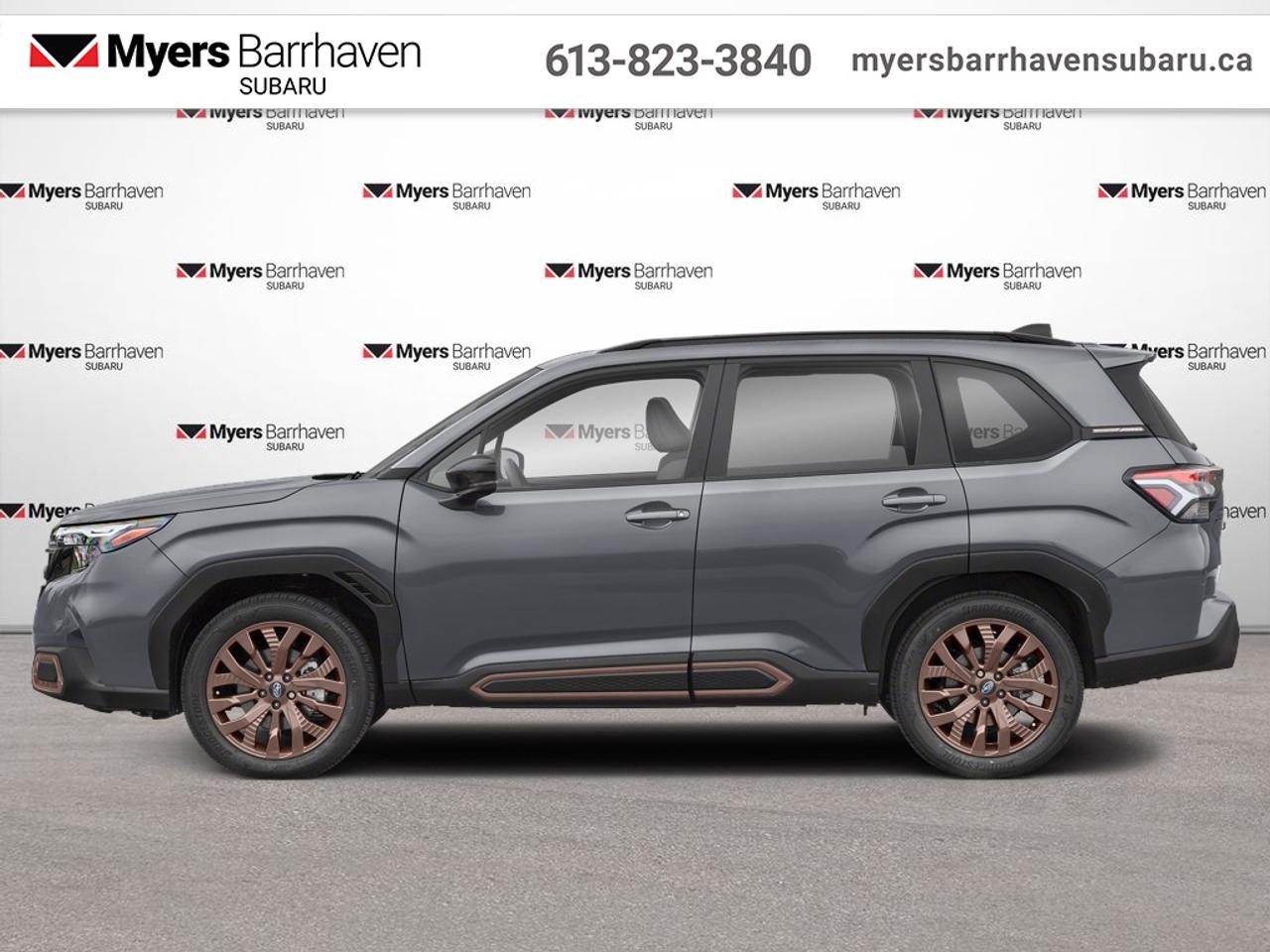 <b>Harman/Kardon Audio,  Panoramic Sunroof,  Power Liftgate,  Heated Seats,  Adaptive Cruise Control!</b><br> <br> The 2026 Subaru Forester combines intelligent innovation, practical capability and strong design into one compelling SUV.<br> <br>From the outside, the 2026 Subaru Forester showcases a robust stance, refined bodywork and upscale lighting that highlight its purposeful SUV persona. Inside, the cabin features quality materials, intuitive connectivity and seating designed for comfort, whether youre driving or riding along. With its enduring all-wheel-drive system, smart features and Subarus reputation for dependability, the Forester offers a well-rounded driving experience for both everyday life and adventure.<br> <br>This Magnetite Grey Metallic SUV has an Automatic transmission and is powered by a 180HP 2.5L 4 Cylinder Engine. <br> <br> Our Foresters trim level is Sport. The cabin surrounds you with premium comfort and intelligent design, featuring heated front bucket seats with a 10-way power-adjustable drivers seat and lumbar support, all-weather soft-touch upholstery, and a heated leather steering wheel for year-round convenience. Dual-zone automatic climate control, an auto-dimming rearview mirror, and a panoramic sunroof add to the upscale experience, while the 11.6-inch tablet-style infotainment system brings together wireless Apple CarPlay, Android Auto, Bluetooth, SiriusXM, and built-in MySubaru Connected Services for seamless connectivity and control. A Harman Kardon 11-speaker premium sound system with subwoofer and amplifier delivers rich audio clarity, while EyeSight driver-assist technology enhances safety with adaptive cruise control, pre-collision braking, lane centering, blind spot detection, and reverse automatic braking. This vehicle has been upgraded with the following features: Harman/Kardon Audio, Panoramic Sunroof, Power Liftgate, Heated Seats, Adaptive Cruise Control, Lane Keep Assist, Collision Mitigation .<br><br> <br>To apply right now for financing use this link: <a href=https://www.myersbarrhavensubaru.ca/quick-approval/ target=_blank>https://www.myersbarrhavensubaru.ca/quick-approval/</a><br> <br/>3.99% financing for 60 months. <br> Buy this vehicle now for the lowest bi-weekly payment of <b>$385.26</b> with $0 down for 60 months @ 3.99% APR O.A.C. ( Plus applicable taxes - **Rebates may not be applicable on all purchase types [cash, lease, or finance]. Eligibility and conditions may vary. Please see dealer for full details and confirmation of eligibility. ). Incentives expire 2026-08-31. See dealer for details. <br><br><br> The Myers name has been synonymous with first-rate automotive service and products for over 80 years in Ottawa; we are happy to welcome you here to <b> Myers Barrhaven Subaru </b> the unbeatable Subaru dealer in Ottawa and the National Capital Region. Serving drivers as the premier Subaru dealership near Kanata, Orléans, Gatineau, QC and Vanier region, we offer a wide range of new and used offerings from Subaru. If youre in the market for a full range of Subaru cars and Subaru SUVs for sale in Ottawa. </br> o~o