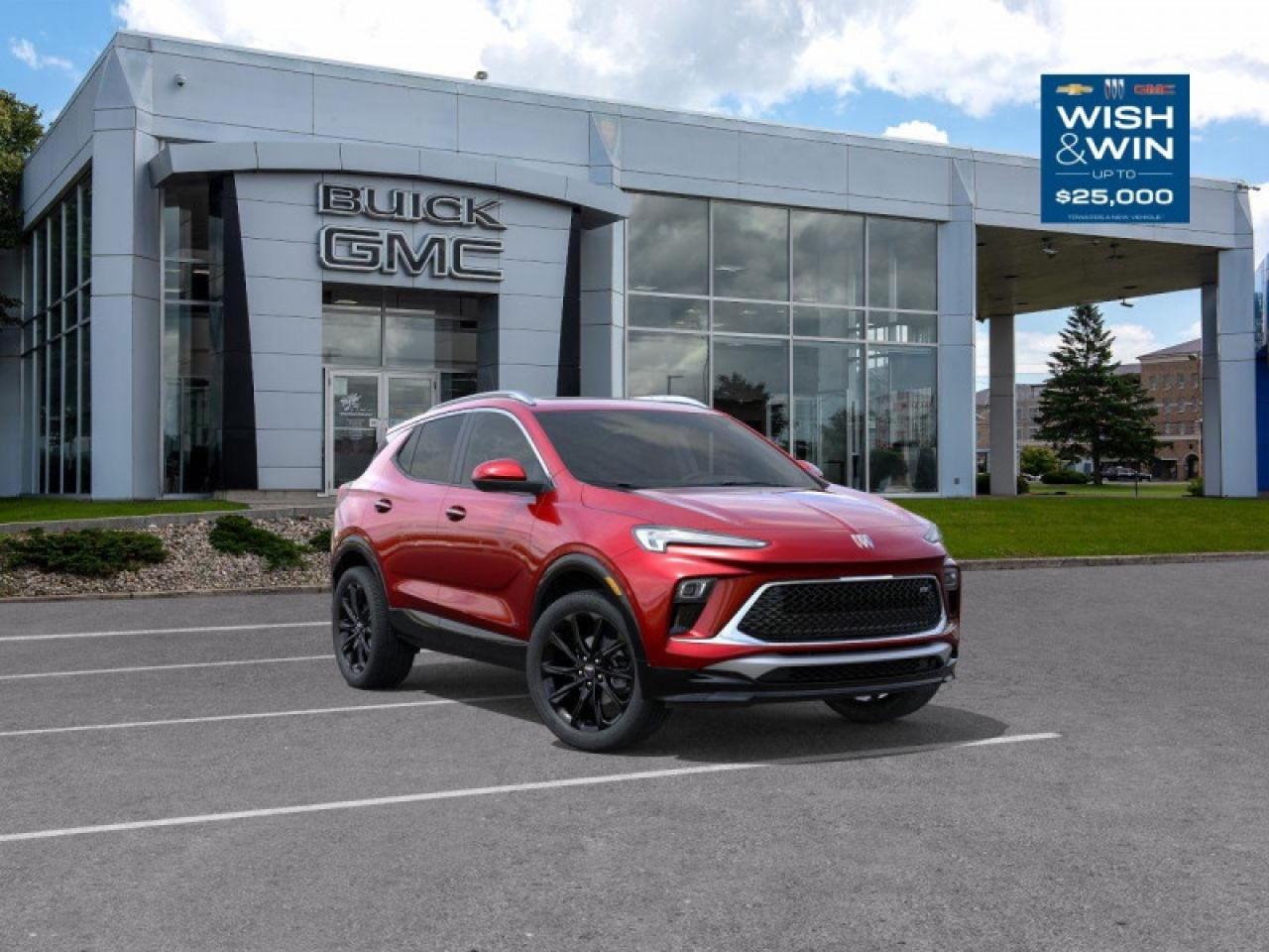 <b>Power Liftgate,  Heated Seats,  Heated Steering Wheel,  Remote Start,  Lane Keep Assist!</b><br> <br>   Show up in this Encore GX and you show up exuding poise and style. <br> <br>This intelligently engineered Encore GX is ready to hit the road with versatile seating and cargo, stunning style, and an adventurous spirit. This SUV can fit your life, fit into your life, and help you find where you fit in all in one drive. With efficient power delivery and an engaging infotainment system, even the longest trips are made fun. For the evolution of the luxury family SUV, look no further than this Buick Encore GX.<br> <br> This brill red SUV  has an automatic transmission and is powered by a  155HP 1.3L 3 Cylinder Engine.<br> <br> Our Encore GXs trim level is Sport Touring. This Sport Touring trim steps things up with a power liftgate for rear cargo access, exclusive exterior styling and leatherette upholstery, along with great standard features such as heated front seats, a heated steering wheel, remote engine start, and an 11-inch touchscreen with wireless Apple CarPlay and Android Auto. Safety features include lane change alert with side blind zone alert, lane keep assist with lane departure warning, forward collision alert, and front pedestrian braking. This vehicle has been upgraded with the following features: Power Liftgate,  Heated Seats,  Heated Steering Wheel,  Remote Start,  Lane Keep Assist,  Lane Departure Warning,  Apple Carplay. <br><br> <br>To apply right now for financing use this link : <a href=https://www.taylorautomall.com/finance/apply-for-financing/ target=_blank>https://www.taylorautomall.com/finance/apply-for-financing/</a><br><br> <br/> See dealer for details. <br> <br> <br>LEASING:<br><br>Estimated Lease Payment: $255 bi-weekly <br>Payment based on 3.9% lease financing for 48 months with $0 down payment on approved credit. Total obligation $26,524. Mileage allowance of 16,000 KM/year. Offer expires 2026-01-02.<br><br><br>HST, licensing, and Federal luxury tax (if applicable) are extra. <br><br> Come by and check out our fleet of 40+ used cars and trucks and 180+ new cars and trucks for sale in Kingston.  o~o